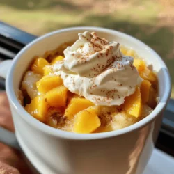 For this quick dessert, you need the following main ingredients: - 1 ripe peach, diced - 1 tablespoon granulated sugar - 1 tablespoon cornstarch - 1/4 cup all-purpose flour - 1/4 teaspoon baking powder - Pinch of salt - 1/4 cup milk (or any plant-based milk) - 1 tablespoon vegetable oil - 1/2 teaspoon pure vanilla extract - 1/2 teaspoon ground cinnamon (optional) These ingredients come together to create a warm and sweet treat that feels like home. You can make this mug cake your own with a few optional ingredients: - A dash of nutmeg for extra warmth - Extra fruit, like blueberries or raspberries, for mix-ins - Chopped nuts for crunch - A sprinkle of brown sugar for a caramelized top These additions give you room for creativity and flavor. If you don’t have some main ingredients, here are easy swaps: - Use any soft fruit instead of peach, like apples or pears. - Swap the milk for almond milk or oat milk. - If you’re out of cornstarch, use flour as a thickener, but reduce it slightly. - For a vegan option, replace the vegetable oil with applesauce. These substitutions ensure you can still enjoy this dessert no matter what you have on hand. The full recipe will guide you through the process. Start with your ripe peach. Dice it into small pieces. In a microwave-safe mug, add the diced peach. Sprinkle in the granulated sugar and cornstarch. Mix well, making sure every piece of peach gets coated. This step helps draw out the peach juices, which adds flavor to the cake. Set the mug aside for a few minutes. Let the mixture rest while you prepare the batter. Grab a mixing bowl. In this bowl, combine the all-purpose flour, baking powder, and a pinch of salt. If you like, add ground cinnamon for extra warmth. Next, pour in the milk and vegetable oil. Add the pure vanilla extract too. Now, gently stir the mixture until it just comes together. Don’t overmix! The batter should be slightly lumpy, which keeps the cake soft. Now it's time to combine the two mixtures. Carefully pour the batter over the peach base in your mug. Use a spoon to stir gently a couple of times. This creates a lovely ripple effect, letting the peaches peek through. Place the mug in the microwave and cook on high for 1 to 1.5 minutes. After 1 minute, check if it’s done. The top should look set but still moist. If not, microwave for a few more seconds. Once ready, take the mug out and let it cool for a minute. Top it with whipped cream or a scoop of vanilla ice cream. Enjoy your delicious peach cobbler mug cake! For the complete recipe, check the Full Recipe section. To get the best texture, mix the batter gently. Overmixing can make the cake tough. You want it light and fluffy. When you pour the batter over the peaches, do not stir too much. A few gentle swirls are enough. This keeps the peaches visible after cooking. Serve your mug cake hot for the best taste. Add a scoop of vanilla ice cream on top. The cold ice cream melts into the warm cake, creating a tasty mix. You can also use whipped cream for a lighter option. If you want, sprinkle extra cinnamon or add fresh peach slices. This adds color and flavor to your dessert. One common mistake is cooking too long. Start with one minute and check the cake. If it’s still wet, add 15 seconds. Another mistake is using too much flour. It can make the cake dense. Stick to the recipe for the best results. Always let the mug cake cool for a minute before eating. This gives it time to set and makes it easier to enjoy. For the full recipe, refer back to the beginning! {{image_4}} You can switch out peaches for other fruits. Try diced apples, blueberries, or strawberries. Each fruit brings its own flavor. Apples give a crisp bite. Blueberries add a juicy burst. Strawberries offer a sweet, tangy taste. You can mix fruits too! Create a delicious blend for your mug cake. Want to make this dessert gluten-free? Use gluten-free flour instead of all-purpose flour. Almond flour works well too. Just keep the other ingredients the same. Your cake will still be tasty and fluffy. Be sure to check for gluten in your other ingredients, like baking powder. To make a vegan version, swap milk for plant-based milk. Almond, soy, or oat milk all work great. Use vegetable oil as your fat source. Replace the whipped cream with coconut cream or dairy-free ice cream. This gives you a delightful vegan treat that everyone can enjoy! For the full recipe, check the complete guide. If you have leftover Peach Cobbler Mug Cake, you can store it easily. Let the cake cool completely first. Then, cover the mug with plastic wrap or transfer it to an airtight container. This keeps the cake fresh and moist. Store it in the fridge for up to two days. To enjoy your leftover mug cake, you can reheat it in the microwave. Place the covered mug in the microwave. Heat for about 10 to 15 seconds. Check if it is warm enough. If not, heat it for a few more seconds. Watch closely to avoid overheating, as it can dry out. You can also freeze the mug cake for later. Allow the cake to cool fully, just like before. Wrap it tightly in plastic wrap, then place it in a freezer-safe bag. Label the bag with the date. You can freeze it for up to three months. To eat it, thaw the mug overnight in the fridge, then reheat as mentioned above. For the full recipe, check the earlier section for all the tasty details! Yes, you can use an oven instead. Preheat the oven to 350°F (175°C). Pour the cake batter into a small oven-safe dish. Bake for about 20 minutes or until the top is golden. This method takes longer but can give a nice crust. I like to use granulated sugar for a simple touch. Brown sugar adds a deeper flavor. You can also use honey or maple syrup for a unique twist. Adjust the amount based on your taste. For a healthier option, try using a sugar substitute. Check the top of the cake. It should look set and not shiny. You can use a toothpick to test it. Insert it into the center; if it comes out clean, the cake is done. Keep an eye on it to avoid overcooking. For more details, refer to the Full Recipe. You learned how to make a peach cobbler mug cake from scratch. We covered ingredients, step-by-step instructions, and tips for great texture. Remember, you can customize this treat with different fruits or make it gluten-free and vegan. Store leftover cake properly for later enjoyment. If you have questions, FAQs will help clear things up. Enjoy your baking adventure, and dig into this warm, delicious dessert whenever you crave something sweet!