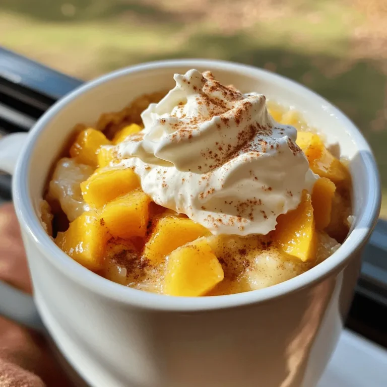 For this quick dessert, you need the following main ingredients: - 1 ripe peach, diced - 1 tablespoon granulated sugar - 1 tablespoon cornstarch - 1/4 cup all-purpose flour - 1/4 teaspoon baking powder - Pinch of salt - 1/4 cup milk (or any plant-based milk) - 1 tablespoon vegetable oil - 1/2 teaspoon pure vanilla extract - 1/2 teaspoon ground cinnamon (optional) These ingredients come together to create a warm and sweet treat that feels like home. You can make this mug cake your own with a few optional ingredients: - A dash of nutmeg for extra warmth - Extra fruit, like blueberries or raspberries, for mix-ins - Chopped nuts for crunch - A sprinkle of brown sugar for a caramelized top These additions give you room for creativity and flavor. If you don’t have some main ingredients, here are easy swaps: - Use any soft fruit instead of peach, like apples or pears. - Swap the milk for almond milk or oat milk. - If you’re out of cornstarch, use flour as a thickener, but reduce it slightly. - For a vegan option, replace the vegetable oil with applesauce. These substitutions ensure you can still enjoy this dessert no matter what you have on hand. The full recipe will guide you through the process. Start with your ripe peach. Dice it into small pieces. In a microwave-safe mug, add the diced peach. Sprinkle in the granulated sugar and cornstarch. Mix well, making sure every piece of peach gets coated. This step helps draw out the peach juices, which adds flavor to the cake. Set the mug aside for a few minutes. Let the mixture rest while you prepare the batter. Grab a mixing bowl. In this bowl, combine the all-purpose flour, baking powder, and a pinch of salt. If you like, add ground cinnamon for extra warmth. Next, pour in the milk and vegetable oil. Add the pure vanilla extract too. Now, gently stir the mixture until it just comes together. Don’t overmix! The batter should be slightly lumpy, which keeps the cake soft. Now it's time to combine the two mixtures. Carefully pour the batter over the peach base in your mug. Use a spoon to stir gently a couple of times. This creates a lovely ripple effect, letting the peaches peek through. Place the mug in the microwave and cook on high for 1 to 1.5 minutes. After 1 minute, check if it’s done. The top should look set but still moist. If not, microwave for a few more seconds. Once ready, take the mug out and let it cool for a minute. Top it with whipped cream or a scoop of vanilla ice cream. Enjoy your delicious peach cobbler mug cake! For the complete recipe, check the Full Recipe section. To get the best texture, mix the batter gently. Overmixing can make the cake tough. You want it light and fluffy. When you pour the batter over the peaches, do not stir too much. A few gentle swirls are enough. This keeps the peaches visible after cooking. Serve your mug cake hot for the best taste. Add a scoop of vanilla ice cream on top. The cold ice cream melts into the warm cake, creating a tasty mix. You can also use whipped cream for a lighter option. If you want, sprinkle extra cinnamon or add fresh peach slices. This adds color and flavor to your dessert. One common mistake is cooking too long. Start with one minute and check the cake. If it’s still wet, add 15 seconds. Another mistake is using too much flour. It can make the cake dense. Stick to the recipe for the best results. Always let the mug cake cool for a minute before eating. This gives it time to set and makes it easier to enjoy. For the full recipe, refer back to the beginning! {{image_4}} You can switch out peaches for other fruits. Try diced apples, blueberries, or strawberries. Each fruit brings its own flavor. Apples give a crisp bite. Blueberries add a juicy burst. Strawberries offer a sweet, tangy taste. You can mix fruits too! Create a delicious blend for your mug cake. Want to make this dessert gluten-free? Use gluten-free flour instead of all-purpose flour. Almond flour works well too. Just keep the other ingredients the same. Your cake will still be tasty and fluffy. Be sure to check for gluten in your other ingredients, like baking powder. To make a vegan version, swap milk for plant-based milk. Almond, soy, or oat milk all work great. Use vegetable oil as your fat source. Replace the whipped cream with coconut cream or dairy-free ice cream. This gives you a delightful vegan treat that everyone can enjoy! For the full recipe, check the complete guide. If you have leftover Peach Cobbler Mug Cake, you can store it easily. Let the cake cool completely first. Then, cover the mug with plastic wrap or transfer it to an airtight container. This keeps the cake fresh and moist. Store it in the fridge for up to two days. To enjoy your leftover mug cake, you can reheat it in the microwave. Place the covered mug in the microwave. Heat for about 10 to 15 seconds. Check if it is warm enough. If not, heat it for a few more seconds. Watch closely to avoid overheating, as it can dry out. You can also freeze the mug cake for later. Allow the cake to cool fully, just like before. Wrap it tightly in plastic wrap, then place it in a freezer-safe bag. Label the bag with the date. You can freeze it for up to three months. To eat it, thaw the mug overnight in the fridge, then reheat as mentioned above. For the full recipe, check the earlier section for all the tasty details! Yes, you can use an oven instead. Preheat the oven to 350°F (175°C). Pour the cake batter into a small oven-safe dish. Bake for about 20 minutes or until the top is golden. This method takes longer but can give a nice crust. I like to use granulated sugar for a simple touch. Brown sugar adds a deeper flavor. You can also use honey or maple syrup for a unique twist. Adjust the amount based on your taste. For a healthier option, try using a sugar substitute. Check the top of the cake. It should look set and not shiny. You can use a toothpick to test it. Insert it into the center; if it comes out clean, the cake is done. Keep an eye on it to avoid overcooking. For more details, refer to the Full Recipe. You learned how to make a peach cobbler mug cake from scratch. We covered ingredients, step-by-step instructions, and tips for great texture. Remember, you can customize this treat with different fruits or make it gluten-free and vegan. Store leftover cake properly for later enjoyment. If you have questions, FAQs will help clear things up. Enjoy your baking adventure, and dig into this warm, delicious dessert whenever you crave something sweet!