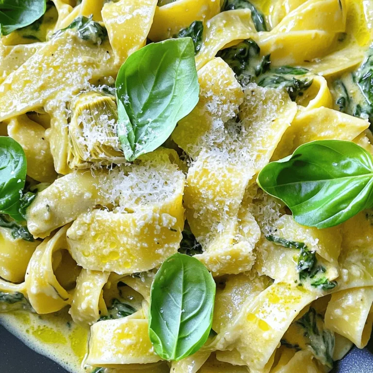 To make creamy spinach artichoke pasta, you will need these simple ingredients: - 8 oz fettuccine pasta - 1 tablespoon extra virgin olive oil - 2 cloves fresh garlic, minced - 1 can (14 oz) artichoke hearts, drained and coarsely chopped - 4 cups fresh baby spinach leaves - 1 cup cream cheese, softened to room temperature - 1 cup vegetable broth - 1/2 cup freshly grated Parmesan cheese - 1/4 teaspoon red pepper flakes (adjust to taste) - Salt and freshly ground black pepper to taste - A handful of fresh basil leaves, for garnish To prepare this dish well, you will need these tools: - Large pot for boiling pasta - Skillet for sautéing - Colander for draining pasta - Mixing spoon for combining ingredients - Measuring cups and spoons for accuracy - Knife and cutting board for chopping Choosing fresh ingredients makes a big difference. Here are some tips: - Pasta: Select high-quality fettuccine for a better texture. - Garlic: Look for firm, unblemished bulbs. Fresh garlic packs more flavor. - Artichoke hearts: Choose canned ones packed in water, not oil. - Spinach: Opt for vibrant, crisp leaves. Avoid any with yellow or wilted edges. - Cream cheese: Use a full-fat version for richness. - Parmesan cheese: Grate it fresh for the best taste. Pre-grated options can be dry. - Basil: Fresh basil should smell fragrant. Avoid any brown or wilting leaves. Using fresh ingredients enhances flavor and nutrition in your creamy spinach artichoke pasta. Don’t forget to check out the Full Recipe for detailed steps! First, bring a large pot of salted water to a boil. Add 8 oz of fettuccine pasta. Cook it for about 8 to 10 minutes until it's al dente. Once done, drain the pasta but save 1/2 cup of the starchy water. This helps thicken your sauce later. In a big skillet, heat 1 tablespoon of extra virgin olive oil over medium heat. Then, add 2 cloves of minced garlic. Sauté the garlic for about 1 minute until it smells great and looks soft. Be careful not to burn it. After that, stir in the artichoke hearts from a 14 oz can. Cook them for 2 to 3 minutes. Next, add 4 cups of fresh baby spinach leaves. Stir gently until the spinach wilts, which should take about 2 minutes. Now, lower the heat and add 1 cup of softened cream cheese. Stir it until it melts into the veggies. Slowly pour in 1 cup of vegetable broth, stirring all the while. This will make your sauce smooth and creamy. Gently toss in the cooked fettuccine to the creamy sauce. Make sure every piece of pasta gets coated well. If the sauce looks too thick, mix in some of that reserved pasta water until it's just right. When serving, divide the creamy spinach artichoke pasta into bowls. Top with some freshly grated Parmesan cheese and a sprinkle of red pepper flakes for a kick. Don't forget to add fresh basil leaves for color. This dish not only tastes great but also looks beautiful on the table. For the full recipe, check out the details above. To make your creamy spinach artichoke pasta extra smooth, use softened cream cheese. It blends better than cold cream cheese. As you mix, you can add some reserved pasta water. This water has starch, which helps the sauce cling to the pasta. A little goes a long way, so add it slowly until you reach your desired creaminess. Each person loves different flavors. If you want more tang, add a bit of lemon juice or zest. For a bit of heat, increase the red pepper flakes. You can also try different cheeses, like feta or goat cheese, for unique taste. Taste your sauce as you go. This way, you can adjust the salt and pepper to fit your taste. One common mistake is overcooking the pasta. Cook it just until it’s al dente. This keeps it firm and helps it soak up the sauce. Another mistake is not stirring enough when adding the cream cheese. Stir well to avoid lumps. Lastly, don’t skip the reserved pasta water. It helps tie everything together. For more detailed steps, check the Full Recipe. {{image_4}} You can make creamy spinach artichoke pasta heartier by adding chicken or shrimp. For chicken, use boneless, skinless breasts. Cook them in the skillet before adding garlic. Once cooked, cut them into bite-sized pieces. For shrimp, add them to the skillet after sautéing the garlic. Cook them until they turn pink. Both options add flavor and protein to your dish. You can easily make this dish vegan. Replace cream cheese with cashew cream or coconut cream. Use vegetable broth without added animal products. Swap Parmesan cheese for nutritional yeast or a vegan cheese alternative. These changes keep the dish rich and creamy without using animal products. To give your pasta a kick, try using different herbs or spices. Add fresh herbs like thyme or oregano for extra flavor. You can also experiment with spices like smoked paprika or cayenne pepper. These will enhance the taste and make each bite exciting. Adjust the amount based on your spice preference. For more details, check out the Full Recipe for creamy spinach artichoke pasta. To keep your creamy spinach artichoke pasta fresh, store it in an airtight container. Make sure to let it cool to room temperature first. You can keep it in the fridge for up to 3 days. This way, you can enjoy this rich dish again without losing flavor. When you're ready to eat your leftovers, use the stovetop for reheating. Pour the pasta into a skillet over low heat. Add a splash of vegetable broth or water to help it warm up. Stir gently until heated through. This method keeps the creaminess intact, making sure each bite is just as delicious. If you want to freeze your creamy spinach artichoke pasta, place it in a freezer-safe container. You can freeze it for up to 2 months. When you want to enjoy it again, let it thaw in the fridge overnight. Reheat it using the stovetop method for the best taste. Remember, freezing may change the texture of the cream sauce slightly, but it will still be tasty! For the full recipe, check out the details above. Yes, you can use any pasta you like! I often use penne or rotini. These shapes hold the sauce well. Just cook them according to the package directions. Absolutely! You can replace cream cheese with a blend of cashews and almond milk. This gives a creamy texture without dairy. Silken tofu is another great option. To make creamy spinach artichoke pasta gluten-free, use gluten-free pasta. There are many great options made from rice or chickpeas. Check the label to ensure it’s certified gluten-free. This pasta pairs well with a light salad or garlic bread. For protein, grilled chicken or shrimp adds a nice touch. You can also serve it with a glass of white wine for a special meal. You can find the full recipe in the section above! Enjoy making this delicious creamy spinach artichoke pasta dish! In this post, we explored the ingredients and tools for creamy spinach artichoke pasta. I shared step-by-step instructions for cooking, mixing, and serving. You learned tips for textures and flavors, along with useful variations and storage advice. Remember to choose fresh ingredients for the best taste. Making this dish can be fun and rewarding. Enjoy experimenting with different flavors and sharing it with others!