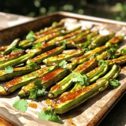 To make Honey Sriracha roasted okra, gather these fresh ingredients: - 1 pound fresh okra, thoroughly trimmed - 2 tablespoons extra virgin olive oil - 2 tablespoons pure honey - 1 tablespoon spicy Sriracha sauce - 1 teaspoon garlic powder - 1 teaspoon onion powder - 1 teaspoon smoked paprika - Salt and freshly ground black pepper to taste The okra should be firm and bright green. Choose the smaller ones for the best taste. The marinade combines sweet and spicy flavors, which elevate the dish. You can enhance your roasted okra with these garnishing options: - Fresh cilantro or parsley, finely chopped Garnishing adds color and freshness. It also balances the sweetness and heat in the dish. A sprinkle of herbs makes the meal look inviting and appetizing. For the complete method of preparing this dish, refer to the Full Recipe. First, you need to preheat your oven. Set it to 425°F (220°C). This temperature helps the okra get crispy. While the oven heats, line a large baking sheet with parchment paper. This step makes cleanup easy and keeps the okra from sticking. Next, grab a large mixing bowl. In it, mix 2 tablespoons of olive oil, 2 tablespoons of honey, and 1 tablespoon of Sriracha sauce. Add 1 teaspoon each of garlic powder, onion powder, and smoked paprika. Don't forget a pinch of salt and black pepper. Whisk everything together until it looks smooth. This marinade adds great flavor to the okra. Now, add 1 pound of trimmed okra to the bowl. Use a spatula or your hands to toss the okra in the marinade. Make sure every piece is coated well. This step is crucial for getting that tasty flavor in each bite. Once coated, transfer the okra to your lined baking sheet. Spread it out in a single layer. This allows for even cooking. If you crowd the okra, it will steam instead of roast, and you won’t get that crispy texture. Place the baking sheet in your preheated oven. Roast the okra for about 20-25 minutes. Halfway through, stir the okra. This helps it brown evenly. When done, the okra should be golden brown and crispy. After roasting, take the baking sheet out of the oven. Let the okra cool for a minute. Then, sprinkle with fresh cilantro or parsley. This adds a pop of color and flavor. You can serve the okra warm as a side dish or a fun appetizer. For extra flair, drizzle more honey or Sriracha on top. Enjoy your Honey Sriracha Roasted Okra! To get perfectly crispy okra, start with fresh, dry pods. Moisture leads to sogginess. Coat the okra well with the marinade, but don’t overdo it. A light layer helps crisp up the edges. Spread the okra in a single layer on your baking sheet. This gives each piece room to roast evenly. Stir halfway through cooking to ensure all sides get that golden crunch. When choosing okra, look for bright green pods. They should feel firm and smooth. Avoid pods that are brown or have blemishes. Smaller okra tends to be tender and less fibrous. Picking fresh okra makes all the difference in taste and texture. Always check for freshness at your local market or grocery store. To boost flavors, try adding spices like cumin or chili powder. A squeeze of lime juice before serving brightens the dish. For an extra kick, mix in more Sriracha or a pinch of cayenne pepper. You can also use fresh herbs like basil or mint for a unique twist. Experiment with these ideas to find your favorite balance. For the full recipe, be sure to check the details above. {{image_4}} If you want to kick up the spice, add more Sriracha. You can also mix in chili powder or cayenne for extra heat. Try using a spicy chili sauce instead of Sriracha for a different flavor. Each option can change the taste, making it unique. You can easily make this dish vegan by swapping honey with maple syrup or agave nectar. Both options add sweetness without animal products. You still get a great flavor and stickiness from the syrup. This keeps the dish plant-based while tasting wonderful. Feel free to explore various seasonings. Try adding cumin or curry powder for an earthy taste. Lemon zest can brighten the dish, while nutritional yeast adds a cheesy flavor. Use your favorite spices to create a mix that suits your taste. Don't be afraid to experiment and find your perfect blend! For the full recipe, check out the Honey Sriracha Roasted Okra section. Store your leftover honey Sriracha roasted okra in an airtight container. It will stay fresh for about 3 to 4 days. This makes it easy to enjoy later. Make sure the okra cools down to room temperature before sealing it up. This helps prevent moisture buildup. To reheat the okra, preheat your oven to 375°F (190°C). Spread the okra on a baking sheet. Bake for about 10 minutes or until heated through. This method keeps the okra crispy. You can also use an air fryer for a quicker option. Set it to 350°F (175°C) and cook for 5 to 7 minutes. Freezing roasted okra is not ideal, but it can be done. Place the cooled okra in a single layer on a baking sheet. Freeze them for about an hour until solid. Then transfer them to a freezer bag. They can last for up to 2 months in the freezer. Keep in mind that the texture may change when thawed. For the best taste, enjoy them fresh! For the complete recipe, check out the Full Recipe. Yes, you can use frozen okra. Just thaw it first. Drain any excess water to avoid soggy okra. Frozen okra may not get as crispy as fresh, but it will still taste good. To make it healthier, reduce the honey. You can also use less oil. Adding more spices can enhance flavor without extra calories. Consider serving it with a side of fresh veggies for added nutrients. Honey Sriracha roasted okra pairs well with grilled chicken or fish. You can also serve it with rice or quinoa. It makes a great side dish for any meal, adding crunch and flavor. To adjust sweetness, add more or less honey. For more heat, increase the Sriracha. Try adding chili flakes for extra spice. Taste the marinade before coating the okra to find your perfect balance. You can roast bell peppers, zucchini, or carrots with this marinade. Broccoli and cauliflower also work well. Just cut them into similar sizes for even cooking. This adds variety and flavor to your meals. For the full recipe, check out the Honey Sriracha Roasted Okra recipe above. In this blog post, I covered how to make roasted okra. You learned about ingredients, from fresh okra to optional garnishes. Then, I shared clear steps for cooking, along with tips for crispy results. I also suggested tasty variations and how to store leftovers. Roasted okra can be fun and easy. I hope you try it and enjoy!