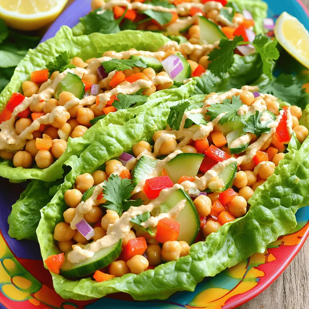 - 1 can (15 oz) chickpeas, drained and rinsed - 1/2 red bell pepper, diced - 1/2 cucumber, diced - 1 small red onion, finely chopped - 1 medium carrot, grated - 1/4 cup fresh cilantro, roughly chopped - 3 tablespoons tahini - 2 tablespoons fresh lemon juice - 1 tablespoon extra virgin olive oil - Salt and freshly ground black pepper to taste - 4 large lettuce leaves or wraps (tortillas or pita) - Mixing bowls - Fork or potato masher - Whisk - Knife and chopping board Gathering the right ingredients is key to tasty chickpea salad wraps. Start with a can of chickpeas. Rinse them well to remove the salt and canning liquid. Dice the red bell pepper and cucumber into small pieces for easy eating. I like to chop the onion finely to blend in with the other flavors. Grating the carrot adds a nice crunch. Fresh cilantro brings a burst of flavor. The tahini gives a creamy texture, while lemon juice adds brightness. Don't forget the olive oil, salt, and pepper to enhance every bite. Finally, choose your lettuce leaves or wraps. I prefer large lettuce leaves for a fresh touch, but tortillas work great too. This recipe is easy to adapt. Feel free to add or swap ingredients based on what you have. For the full recipe, check out the details above. Happy cooking! - Start by mashing the chickpeas until they are coarsely mashed. - Use a fork or potato masher for this step. - You want some whole chickpeas for texture. - Next, fold in the diced red bell pepper, cucumber, red onion, grated carrot, and chopped cilantro. - Mix gently until everything is evenly combined. - In a small bowl, whisk together the tahini, lemon juice, and olive oil. - Make sure the mixture is smooth and creamy. - If it feels too thick, add water one tablespoon at a time. - Stir until you reach the desired consistency. - Drizzle the dressing over the chickpea mixture. - Stir gently to coat all the ingredients. - Lay out each large lettuce leaf or tortilla. - Spoon a generous scoop of the chickpea mix into the center. - Fold the sides of the wrap over the filling. - Roll it up tightly from the bottom to secure the filling. - If using tortillas, slice them in half for easy eating. - If using lettuce, you can serve them whole. A toothpick can help hold them together. For the full recipe, check out the details above. Enjoy your fresh, tasty wraps! To make the best wraps, start with the chickpeas. I suggest not over-mashing them. You want some whole pieces for texture. This keeps the wraps exciting and crunchy. Adjust the seasoning and lemon juice to your taste. A little extra salt or lemon can brighten the flavors. Garnish your wraps with fresh cilantro and lemon wedges. The color adds fun and makes the dish pop. Pair these wraps with your favorite dip. Hummus or a yogurt dip works great. For the full recipe, check the details above. Enjoying your meal is the main goal! {{image_4}} You can change up the veggies in your chickpea salad wraps. Add leafy greens like spinach for extra crunch. Slices of avocado add creaminess and healthy fats. If you want a different base, swap tahini for plain yogurt. This makes the wrap creamier and tangy. To spice things up, add a pinch of cumin or paprika to your mix. These spices give your wraps a warm, earthy flavor. You can also serve your wraps with salsas or hot sauce. This adds a fun kick, making each bite exciting. Try different flavors to find what you love best! After enjoying your delicious chickpea salad wraps, store any leftovers in airtight containers. This keeps the flavors fresh and prevents spills. You should eat the wraps within 2-3 days for the best taste. I do not recommend freezing the wraps. Freezing can change the texture and taste. If you want to save some for later, keep the filling separate. You can freeze the chickpea mixture in a container. Thaw it when ready to make fresh wraps again. To make these wraps vegan, you need to use plant-based ingredients. All the ingredients in the recipe are already vegan. Chickpeas, veggies, tahini, and olive oil are all perfect for a vegan diet. Just double-check any other items you might add. Yes, you can prepare the filling ahead of time. Store it in the fridge in an airtight container. When you are ready to eat, just assemble the wraps. This way, you keep the filling fresh and crisp. If you don’t have chickpeas, you can use white beans or lentils. Both options provide a nice texture. They also add protein and flavor to your wraps. Just make sure to adjust any seasonings to fit your taste. To make these wraps gluten-free, choose gluten-free tortillas or use lettuce leaves. Lettuce wraps are a fun and crunchy option. They also keep your meal light and fresh while still being tasty. In this post, we explored a simple and tasty chickpea wrap recipe. First, I shared the ingredients and tools needed for preparation. Then, we covered step-by-step instructions to mix, dress, and assemble your wraps. I also offered tips for making them perfect and suggested variations to suit your taste. Remember, these wraps are flexible and quick. Enjoy experimenting with different flavors and ingredients. With a little creativity, you'll create meals that everyone will love. Now, it's time to get cooking and enjoy your delicious wraps!
