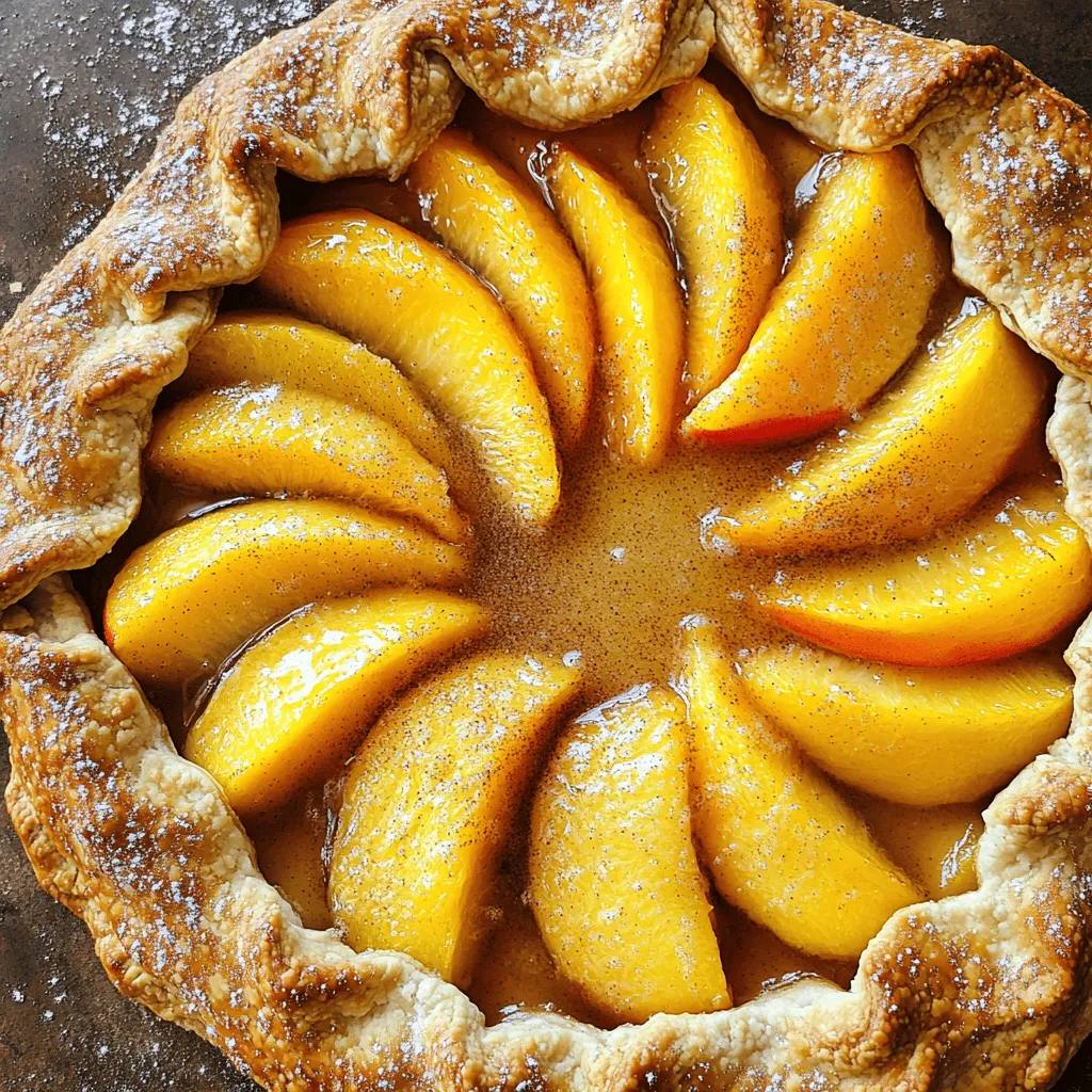 To make a simple peach galette, gather these fresh and tasty ingredients: - 2 large ripe peaches - 1 tablespoon fresh lemon juice - 1 tablespoon granulated sugar - ½ teaspoon pure vanilla extract - 1 pre-made pie crust - 1 tablespoon unsalted butter - 1 egg (for egg wash) - 1 tablespoon coarse sugar - A pinch of ground cinnamon (optional) Peaches are key for this recipe. Choose ripe ones for the best flavor. The lemon juice brightens the taste of the peaches. Granulated sugar helps balance the natural sweetness of the fruit. Vanilla extract adds a lovely depth to the filling. Using a pre-made pie crust saves time. However, if you want to make your own, that works too! The unsalted butter gives richness to the galette. An egg wash creates a golden crust. Coarse sugar on top adds extra sweetness and texture. If you like warmth, sprinkle in some cinnamon. For the full recipe, check out the details above! Setting the right temperature is key. Start by preheating your oven to 400°F (200°C). This ensures a crispy crust and perfectly baked peaches. In a medium bowl, combine the sliced peaches with lemon juice, granulated sugar, and vanilla extract. If you want, add a pinch of ground cinnamon for warmth. Toss gently to coat the peaches. Let the mixture rest for about 10 minutes. This will draw out the juices and enhance the flavors. On a clean, lightly floured surface, roll out the pie crust. Aim for a 12-inch circle. Keep the dough even in thickness for the best results. Once you have the right size, transfer the crust to a baking sheet lined with parchment paper. This makes it easy to work with. Spoon the peach filling into the center of the rolled-out crust. Make sure to leave a 2-inch border around the edges. Next, gently lift and fold the edges of the dough over the filling, creating pleats. This forms a rustic edge that cradles the juicy peaches. Scatter small cubes of unsalted butter over the peach filling. This adds richness as it melts. For the egg wash, whisk the egg in a small bowl. Use a pastry brush to apply it to the folded edges of the crust. This gives it a golden finish. Finally, sprinkle coarse sugar over the crust for extra texture and sweetness. Place the galette in the preheated oven. Bake for 25-30 minutes. Look for a golden brown crust and bubbling peach filling. Once done, remove it from the oven. Let it cool for about 10 minutes on a wire rack. Slice and serve warm or at room temperature. For a special treat, add a scoop of vanilla ice cream. Enjoy this delicious galette made from the full recipe! To make a great crust, start by storing your dough correctly. Keep it in the fridge until you need it. This helps keep the butter cold, which is key for a flaky texture. When you roll out the dough, use a lightly floured surface. Roll it evenly to avoid thick spots. For a flaky crust, use cold ingredients. This means cold butter and cold water. Work the dough gently. Overworking it can make it tough. When you fold the dough over the filling, make sure to create pleats. This adds texture and helps it bake evenly. Spices can really boost the taste of your galette. A pinch of cinnamon adds warmth and depth. You can also use nutmeg or cardamom for a twist. If you want more sweetness, try honey or maple syrup instead of sugar. These make the peaches shine even more. Consider adding extracts too. Almond or orange extract can give a unique flavor. Just use a small amount, as they are strong. Always taste your filling before baking to balance flavors. This peach galette pairs perfectly with ice cream or whipped cream. A scoop of vanilla ice cream melts into the warm peaches for a delightful treat. Serve it warm from the oven or let it cool to room temp. The best time to serve this galette is after dinner. It works well for gatherings or a cozy night in. Everyone loves a slice of this rustic dessert, especially with a creamy topping. For the full recipe, check out the details above! {{image_4}} You can swap peaches with other fruits. Try using ripe nectarines or juicy plums. Berries also work well. Mix different fruits for a fun twist. For example, combining peaches and blueberries creates a vibrant filling. Each fruit adds its unique flavor and sweetness. Explore what you have in your kitchen! You have choices for the crust. A homemade crust offers a personal touch. Use simple ingredients like flour, butter, and water. If you’re short on time, store-bought crust saves effort. Look for high-quality options in the store. You can also make a gluten-free crust. Use almond flour or a gluten-free mix. It’s just as tasty and satisfying. Add herbs or spices for more flavor. A hint of rosemary or thyme can surprise your taste buds. Sprinkle cinnamon for warmth, or mix in nutmeg for depth. Creative toppings make your galette special. Try a drizzle of honey or a dollop of whipped cream. A scoop of ice cream adds a creamy touch. There’s no wrong way to enjoy your dessert! To keep your peach galette fresh, wrap it tightly in plastic wrap. Place it in the fridge. The cold helps maintain its texture and flavor. You can also store it in an airtight container. If you want to freeze the galette, slice it first. Wrap each slice in plastic wrap and place them in a freezer-safe bag. This way, you can enjoy a piece anytime. When you're ready to enjoy leftovers, preheat your oven to 350°F (175°C). Place the galette on a baking sheet. Bake for about 10-15 minutes. This method helps keep the crust crispy. You can also use a microwave for quick heating. However, this may make the crust soft and chewy. In the fridge, your peach galette lasts about 3-4 days. If you freeze it, it can last up to 3 months. Just remember to label the bag with the date. This way, you always know how long it has been stored. Enjoy your delicious galette at its best! For more details on making this delightful dish, check the Full Recipe. Yes, you can use frozen peaches. Just remember these tips: - Thaw the peaches before use. - Drain excess liquid to avoid sogginess. - Consider adding a bit more sugar to balance the tartness. Using frozen peaches can still yield a great galette! If you want a dairy-free option, use these alternatives: - Coconut oil works well. - Vegan butter is another option. - Applesauce can replace butter for less fat. These choices will keep your galette delicious and rich! Look for these signs: - The crust should be golden brown. - The filling should bubble slightly. - Touch the crust; it should feel firm. These cues help ensure your galette is perfectly baked. Yes, you can prepare it ahead of time: - Assemble the galette but do not bake it. - Store it in the fridge for up to a day. - Bake it just before serving for a fresh taste. This makes it easy to serve at gatherings! If your crust turns out soggy, try these tips: - Bake longer to crisp it up. - Use a layer of flour or cornmeal under the filling next time. - Pre-bake the crust for a few minutes before adding the filling. These steps help achieve that perfect crispy finish! This blog post covered making a delicious peach galette. We discussed the key ingredients and step-by-step instructions to create it perfectly. You now know tips to improve the crust and options for variations, including fruits and toppings. Remember to store leftovers properly and reheat them to keep their flavor. Baking can be fun and rewarding. So, gather those ingredients and enjoy making your own peach galette!