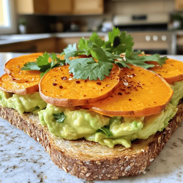 - 1 large sweet potato - 2 ripe avocados - 1 tablespoon olive oil - Salt and freshly ground black pepper to taste - 1 teaspoon chili flakes (optional for a kick) - 2 tablespoons fresh lemon juice - Fresh cilantro or parsley, chopped, for garnish - 2 slices of whole grain or sourdough bread A serving of sweet potato avocado toast has about 350-400 calories, depending on the bread used. It contains healthy fats from avocados, fiber from sweet potatoes, and protein too. This dish is rich in vitamins A and C, promoting good vision and boosting the immune system. Sweet potatoes offer antioxidants, while avocados support heart health. Eating this toast contributes to a balanced diet. For a full recipe, check the section above. 1. Preheat your oven to 400°F (200°C). This helps the sweet potatoes roast well. 2. Wash the sweet potato. Peel it with a vegetable peeler. 3. Slice the sweet potato into rounds, about ½-inch thick. This size cooks evenly. 4. Place the sweet potato slices on a lined baking sheet. Drizzle with olive oil and season with salt and pepper. 5. Toss the slices with your hands to coat them well. Spread them out in a single layer. 6. Roast the sweet potato slices for 20-25 minutes. Flip them halfway through for even cooking. 1. While the sweet potatoes roast, cut the avocados in half. Remove the pits with care. 2. Scoop the creamy flesh into a bowl. 3. Mash the avocado with a fork to your liking. Mix in the fresh lemon juice, salt, pepper, and chili flakes if you want some heat. 4. Stir until everything is mixed well but still chunky. 1. Toast the bread slices until they are crispy. Choose your preferred level of toasty. 2. Spread a generous layer of mashed avocado on each slice of toast. 3. Top with a few roasted sweet potato slices, arranging them nicely. 4. Garnish with chopped cilantro or parsley. Add more chili flakes if you like. 5. For a lovely presentation, serve the toasts on a wooden board or colorful plate. A lemon wedge on the side adds freshness. For the full recipe, check the detailed instructions above. Enjoy making this tasty dish! Roasting sweet potatoes makes them soft and sweet. For the best results, slice your sweet potato into ½-inch rounds. This helps them cook evenly. Preheat your oven to 400°F (200°C). Roast the sweet potato slices for 20-25 minutes. Flip them halfway through for even browning. Check for a golden color and a tender texture to know they are done. Choosing the right avocado is key. Look for avocados that are dark green and slightly soft when you press them. This means they are ripe. If you have unripe avocados, place them in a paper bag for a day or two. To keep your avocado from browning, add lemon juice right after mashing. Store any leftovers in an airtight container. Garnishing adds fun and flavor. Try adding feta cheese or a poached egg for extra protein. Fresh herbs like cilantro or parsley brighten up the dish. You can also sprinkle chili flakes for a spicy kick. Consider drizzling balsamic glaze for a sweet touch. Each topping enhances your sweet potato avocado toast in a unique way. {{image_4}} You can get creative with toppings on your sweet potato avocado toast. Here are some ideas: - Feta cheese adds a salty bite. - A poached egg gives extra protein and creaminess. - Smoked salmon brings a rich, savory flavor. For seasoning, try these options: - Drizzle balsamic glaze for a sweet touch. - Add spices like paprika or cumin for a warm kick. If you need gluten-free options, choose gluten-free bread. Many stores offer tasty choices. You can still enjoy this dish without gluten. For vegan adaptations, skip the egg or cheese. The base of sweet potatoes and avocados is already plant-based. Sweet potato avocado toast shines at breakfast or brunch. Pair it with fresh fruit for a balanced meal. A light salad also complements the dish well. If you're feeling fancy, add a mimosa or herbal tea on the side. Enjoy! To keep your sweet potato avocado toast fresh, store leftovers in an airtight container. Lay the toasted bread flat and add the sweet potato and avocado on top. This method prevents the bread from getting soggy. If you have extra sweet potatoes or avocado, store them separately. Use them within two days for the best taste. To reheat sweet potato slices, place them on a baking sheet. Preheat your oven to 350°F (175°C). Warm the slices for about 10 minutes. This helps keep them soft on the inside and crisp on the outside. For the toast, you can pop it back in the toaster or use a pan. Just heat until it’s warm and slightly crisp again. You can freeze sweet potato slices but not avocado. Cooked sweet potatoes freeze well. Spread them out on a baking sheet, freeze until firm, then transfer to a freezer bag. They will last for up to three months. When you’re ready to eat, thaw and reheat them. Avoid freezing avocado as it gets brown and mushy. Always prepare fresh avocado for the best flavor. For the full recipe, check out the Sweet Potato Avocado Toast recipe provided earlier. For sweet potato avocado toast, I recommend using whole grain or sourdough bread. These breads add great texture and flavor. Whole grain bread is packed with fiber, which is good for digestion. Sourdough has a nice tang that pairs well with the creamy avocado. You could also try rye bread for a unique taste. Just make sure whatever bread you choose is fresh and hearty enough to hold the toppings. Absolutely! You can get creative with toppings. Here are some ideas to enhance your toast: - Feta cheese: Crumbled for a salty bite. - Poached egg: Adds protein and a rich flavor. - Cherry tomatoes: Sliced for a fresh pop. - Smoked salmon: For a touch of elegance. - Nuts or seeds: Like pumpkin seeds for crunch. Feel free to mix and match these toppings to suit your taste. Each addition can bring a new twist to your sweet potato avocado toast. To check if your avocados are ripe, gently squeeze them. They should feel slightly soft but not mushy. You can also look at the color; dark green or nearly black avocados are often ripe. If the stem comes off easily and is green underneath, the avocado is ripe. If they are not ripe yet, store them at room temperature. Once ripe, put them in the fridge to slow down the ripening process. Always choose ripe avocados for the best flavor in your sweet potato avocado toast. For the full recipe, check out the Sweet Potato Avocado Toast section. This article covered how to make delicious sweet potato avocado toast. We explored key ingredients, from sweet potatoes to ripe avocados, and their health benefits. I shared step-by-step instructions for perfect preparation, assembly, and impressive presentation. You learned tips for mastering flavors and variations to keep your meals exciting. Now, you can enjoy this nutritious dish anytime. With your creativity, the toast can always surprise your taste buds. Go ahead and try it!