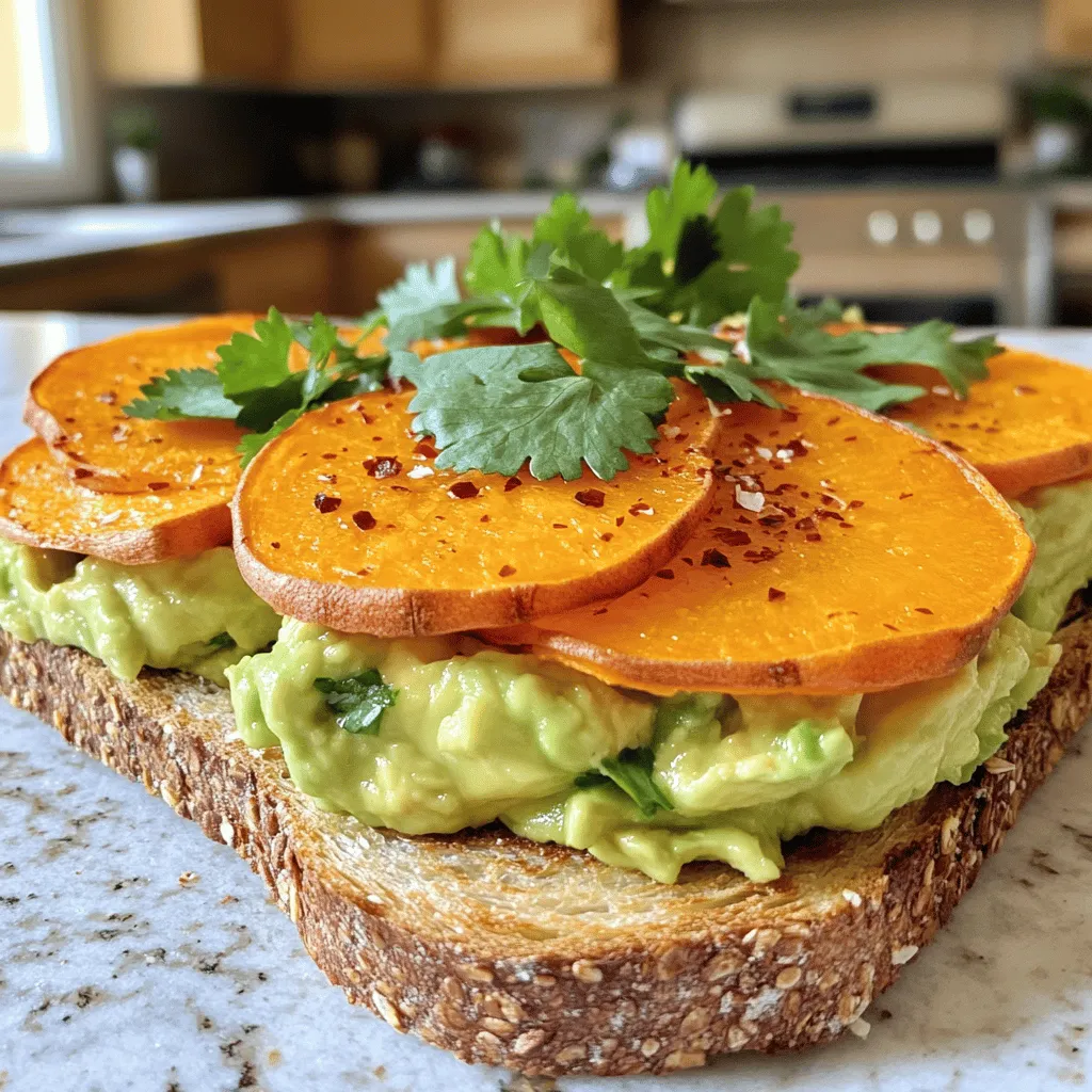 - 1 large sweet potato - 2 ripe avocados - 1 tablespoon olive oil - Salt and freshly ground black pepper to taste - 1 teaspoon chili flakes (optional for a kick) - 2 tablespoons fresh lemon juice - Fresh cilantro or parsley, chopped, for garnish - 2 slices of whole grain or sourdough bread A serving of sweet potato avocado toast has about 350-400 calories, depending on the bread used. It contains healthy fats from avocados, fiber from sweet potatoes, and protein too. This dish is rich in vitamins A and C, promoting good vision and boosting the immune system. Sweet potatoes offer antioxidants, while avocados support heart health. Eating this toast contributes to a balanced diet. For a full recipe, check the section above. 1. Preheat your oven to 400°F (200°C). This helps the sweet potatoes roast well. 2. Wash the sweet potato. Peel it with a vegetable peeler. 3. Slice the sweet potato into rounds, about ½-inch thick. This size cooks evenly. 4. Place the sweet potato slices on a lined baking sheet. Drizzle with olive oil and season with salt and pepper. 5. Toss the slices with your hands to coat them well. Spread them out in a single layer. 6. Roast the sweet potato slices for 20-25 minutes. Flip them halfway through for even cooking. 1. While the sweet potatoes roast, cut the avocados in half. Remove the pits with care. 2. Scoop the creamy flesh into a bowl. 3. Mash the avocado with a fork to your liking. Mix in the fresh lemon juice, salt, pepper, and chili flakes if you want some heat. 4. Stir until everything is mixed well but still chunky. 1. Toast the bread slices until they are crispy. Choose your preferred level of toasty. 2. Spread a generous layer of mashed avocado on each slice of toast. 3. Top with a few roasted sweet potato slices, arranging them nicely. 4. Garnish with chopped cilantro or parsley. Add more chili flakes if you like. 5. For a lovely presentation, serve the toasts on a wooden board or colorful plate. A lemon wedge on the side adds freshness. For the full recipe, check the detailed instructions above. Enjoy making this tasty dish! Roasting sweet potatoes makes them soft and sweet. For the best results, slice your sweet potato into ½-inch rounds. This helps them cook evenly. Preheat your oven to 400°F (200°C). Roast the sweet potato slices for 20-25 minutes. Flip them halfway through for even browning. Check for a golden color and a tender texture to know they are done. Choosing the right avocado is key. Look for avocados that are dark green and slightly soft when you press them. This means they are ripe. If you have unripe avocados, place them in a paper bag for a day or two. To keep your avocado from browning, add lemon juice right after mashing. Store any leftovers in an airtight container. Garnishing adds fun and flavor. Try adding feta cheese or a poached egg for extra protein. Fresh herbs like cilantro or parsley brighten up the dish. You can also sprinkle chili flakes for a spicy kick. Consider drizzling balsamic glaze for a sweet touch. Each topping enhances your sweet potato avocado toast in a unique way. {{image_4}} You can get creative with toppings on your sweet potato avocado toast. Here are some ideas: - Feta cheese adds a salty bite. - A poached egg gives extra protein and creaminess. - Smoked salmon brings a rich, savory flavor. For seasoning, try these options: - Drizzle balsamic glaze for a sweet touch. - Add spices like paprika or cumin for a warm kick. If you need gluten-free options, choose gluten-free bread. Many stores offer tasty choices. You can still enjoy this dish without gluten. For vegan adaptations, skip the egg or cheese. The base of sweet potatoes and avocados is already plant-based. Sweet potato avocado toast shines at breakfast or brunch. Pair it with fresh fruit for a balanced meal. A light salad also complements the dish well. If you're feeling fancy, add a mimosa or herbal tea on the side. Enjoy! To keep your sweet potato avocado toast fresh, store leftovers in an airtight container. Lay the toasted bread flat and add the sweet potato and avocado on top. This method prevents the bread from getting soggy. If you have extra sweet potatoes or avocado, store them separately. Use them within two days for the best taste. To reheat sweet potato slices, place them on a baking sheet. Preheat your oven to 350°F (175°C). Warm the slices for about 10 minutes. This helps keep them soft on the inside and crisp on the outside. For the toast, you can pop it back in the toaster or use a pan. Just heat until it’s warm and slightly crisp again. You can freeze sweet potato slices but not avocado. Cooked sweet potatoes freeze well. Spread them out on a baking sheet, freeze until firm, then transfer to a freezer bag. They will last for up to three months. When you’re ready to eat, thaw and reheat them. Avoid freezing avocado as it gets brown and mushy. Always prepare fresh avocado for the best flavor. For the full recipe, check out the Sweet Potato Avocado Toast recipe provided earlier. For sweet potato avocado toast, I recommend using whole grain or sourdough bread. These breads add great texture and flavor. Whole grain bread is packed with fiber, which is good for digestion. Sourdough has a nice tang that pairs well with the creamy avocado. You could also try rye bread for a unique taste. Just make sure whatever bread you choose is fresh and hearty enough to hold the toppings. Absolutely! You can get creative with toppings. Here are some ideas to enhance your toast: - Feta cheese: Crumbled for a salty bite. - Poached egg: Adds protein and a rich flavor. - Cherry tomatoes: Sliced for a fresh pop. - Smoked salmon: For a touch of elegance. - Nuts or seeds: Like pumpkin seeds for crunch. Feel free to mix and match these toppings to suit your taste. Each addition can bring a new twist to your sweet potato avocado toast. To check if your avocados are ripe, gently squeeze them. They should feel slightly soft but not mushy. You can also look at the color; dark green or nearly black avocados are often ripe. If the stem comes off easily and is green underneath, the avocado is ripe. If they are not ripe yet, store them at room temperature. Once ripe, put them in the fridge to slow down the ripening process. Always choose ripe avocados for the best flavor in your sweet potato avocado toast. For the full recipe, check out the Sweet Potato Avocado Toast section. This article covered how to make delicious sweet potato avocado toast. We explored key ingredients, from sweet potatoes to ripe avocados, and their health benefits. I shared step-by-step instructions for perfect preparation, assembly, and impressive presentation. You learned tips for mastering flavors and variations to keep your meals exciting. Now, you can enjoy this nutritious dish anytime. With your creativity, the toast can always surprise your taste buds. Go ahead and try it!