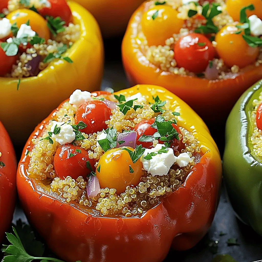 - 4 large bell peppers - 1 cup quinoa - 2 cups vegetable broth - 1 cup cherry tomatoes - 1 small red onion - 1 can chickpeas - Kalamata olives - Dried oregano, ground cumin, garlic powder - Feta cheese, parsley, olive oil - Salt and pepper When making Mediterranean stuffed peppers, the ingredients are key. The large bell peppers serve as the tasty vessel for the filling. Choose vibrant colors like red, yellow, or green for a beautiful dish. Quinoa adds protein and a nutty flavor. It cooks well in vegetable broth, giving it depth. Next, the cherry tomatoes add a burst of sweetness. The small red onion gives crunch and a bit of bite. Chickpeas bring creaminess and protein. They also help fill the peppers nicely. For seasonings, Kalamata olives add a salty touch. Dried oregano, ground cumin, and garlic powder bring warmth and earthiness. Feta cheese provides creaminess and tang. Fresh parsley brightens the dish with color and flavor. Don't forget the olive oil, salt, and pepper to enhance every bite. For the full recipe, check the instructions above. Enjoy every step of this fun cooking adventure! First, preheat your oven to 375°F (190°C). While the oven heats, take four large bell peppers. Cut off their tops and remove all seeds. This step is crucial for a good filling. Next, brush each pepper lightly with olive oil. This helps them brown nicely during baking. In a medium saucepan, bring two cups of vegetable broth to a vigorous boil. Once it's boiling, add one cup of well-rinsed quinoa. Turn the heat down to low and cover the pot. Let it simmer for about 15 minutes. This will let the quinoa absorb all the broth. When done, fluff the quinoa gently with a fork and set it aside. In a spacious mixing bowl, combine the cooked quinoa with one cup of halved cherry tomatoes, one finely diced small red onion, and a can of thoroughly drained chickpeas. Add half a cup of roughly chopped Kalamata olives, one teaspoon of dried oregano, one teaspoon of ground cumin, and half a teaspoon of garlic powder. Don’t forget to mix in half of the crumbled feta cheese! Taste the mixture and season it with salt and freshly cracked pepper if needed. This will add great flavor. Now, it’s time to stuff those peppers! Carefully fill each bell pepper with the quinoa mixture. Press down gently to pack it in well. After that, sprinkle the remaining feta cheese on top for added flavor and texture. Cover the baking dish with aluminum foil. This keeps the moisture in. Bake the peppers in the preheated oven for 25 minutes. After this, carefully remove the foil. Bake for another 10 to 15 minutes. This allows the peppers to become tender and get a nice char. Once fully cooked, take the baking dish out of the oven. Let the stuffed peppers cool for a few minutes before serving. For a lovely finish, garnish with fresh parsley. This adds a pop of color and freshness to your dish. Enjoy your Mediterranean stuffed peppers! For the complete recipe, check out the [Full Recipe]. - Choosing the best bell peppers: Look for large, firm peppers. Bright colors like red, yellow, or orange add fun to your dish. Check for smooth skin and no blemishes. This ensures they cook well and look great. - Ensuring even cooking: To help peppers cook evenly, slice a small part off the bottom if they wobble. This keeps them upright. Also, cover with foil at first. This traps steam and helps them soften. - Adding herbs and spices: Fresh herbs like basil or mint can brighten the dish. Add them right before serving for the best flavor. Sprinkle in some chili flakes for a spicy kick. - Incorporating other vegetables: Mix in chopped zucchini or spinach for extra nutrients. You can also add grated carrots or diced mushrooms. They blend well with the filling and add great taste. - Serving tips for an appealing dish: Serve your stuffed peppers on a large platter. Drizzle with the baking juices for extra flavor. Arrange them in a circle for a stunning look. - Garnishing ideas with parsley and olive oil: Just before serving, sprinkle fresh parsley on top. A light drizzle of olive oil adds richness and shine. This makes your dish pop with color and flavor. For the complete recipe, refer to [Full Recipe]. {{image_4}} You can easily switch the protein in Mediterranean stuffed peppers. If you love meat, use ground turkey or chicken instead of chickpeas. This swap adds a hearty taste. Ground beef can also work well. Just cook it until brown before mixing it with the other filling ingredients. If you want a plant-based option, try beans or lentils. Black beans or kidney beans can add great flavor and texture. Lentils cook fast and are rich in protein. So, they are a smart choice for a filling meal. To make these peppers fully vegan, you can leave out the feta cheese. Use a mix of nuts and seeds for creaminess instead. This keeps your dish tasty and satisfying. You can also use plant-based cheese made from nuts. Look for dairy-free cheese that melts well for a great topping. If you want to keep it vegetarian, you can stick with the feta cheese. It adds a salty taste that pairs well with the other ingredients. Just choose a brand that uses vegetarian rennet. You can serve Mediterranean stuffed peppers in different styles. For a nice dinner, place them on a large platter. Drizzle the juices from baking over the top. This adds flavor and makes them look appealing. If you want a fun appetizer, serve them cold. Slice the peppers into smaller pieces for easy bites. This way, they are perfect for sharing at a party. You can enjoy them warm or cold, and they still taste great. For the full recipe, check out the Mediterranean Stuffed Peppers Delight section. To keep your Mediterranean stuffed peppers fresh, refrigerate them. Place the cooled peppers in an airtight container. They stay good for about three to four days. Always check for any signs of spoilage before eating. For longer storage, you can freeze them. Wrap each stuffed pepper in plastic wrap, then place them in a freezer-safe bag. They can last for up to three months in the freezer. When you're ready to eat, just thaw them in the fridge overnight. Reheating stuffed peppers correctly ensures you keep their flavor. The best method is baking. Preheat your oven to 350°F (175°C). Place the peppers in a baking dish and cover with foil to keep them moist. Heat them for about 20-25 minutes. If you're short on time, you can use a microwave. Place the pepper on a microwave-safe plate. Cover it with a damp paper towel. Heat in short bursts, checking every minute until warm. Microwaving is quick, but it may make the peppers a bit soggy compared to baking. You can find the full recipe for Mediterranean stuffed peppers in the previous section. Enjoy your delicious meal! How long do stuffed peppers last in the fridge? Stuffed peppers can last about 3 to 5 days in the fridge. Store them in an airtight container. This helps keep them fresh and tasty. Always check for any signs of spoilage before eating. Can I make stuffed peppers ahead of time? Yes, you can prep stuffed peppers in advance. Stuff them and store them in the fridge for up to a day. You can bake them when you’re ready to eat. This makes meal prep easy and fun! What are the health benefits of quinoa? Quinoa is a great source of protein and fiber. It helps you feel full and satisfied. It also has all nine essential amino acids, making it a complete protein. Quinoa is rich in vitamins and minerals, like magnesium and iron. This makes it a smart choice for healthy eating. Are stuffed peppers low in calories? Stuffed peppers can be low in calories, depending on the ingredients. They are filled with vegetables, quinoa, and beans, which are all healthy. A single stuffed pepper is often under 300 calories. This makes them a great option for a lighter meal. Can I use other grains instead of quinoa? Yes, you can use other grains! Brown rice or farro work well. Just make sure to cook them before stuffing the peppers. Each grain adds a different taste and texture to your dish. How do I know when the peppers are done? Peppers are done when they are tender and slightly charred. You can test them by piercing with a fork. If the fork goes in easily, they are ready to eat. Enjoy your stuffed peppers warm for the best flavor! For the complete recipe, check out the [Full Recipe]. In this blog post, we've explored how to create delicious Mediterranean stuffed peppers. You learned about the important ingredients, step-by-step cooking instructions, and useful tips. Feel confident to mix flavors and adapt recipes to suit your tastes. Whether you want to make them vegan or change the filling, the options are endless. Remember, these peppers are not just tasty; they also pack nutrition. Now, it’s time for you to try making them and enjoy every bite.