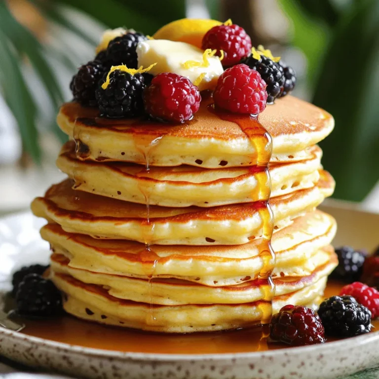 To make these tasty Lemon Ricotta Pancakes, gather these simple ingredients: - 1 cup ricotta cheese - 1 cup all-purpose flour - 1 tablespoon baking powder - 1/4 teaspoon salt - 1 tablespoon granulated sugar - 3 large eggs, separated - 1/2 cup milk (or buttermilk for extra fluffiness) - Zest of 1 lemon - 1 tablespoon fresh lemon juice - 1/2 teaspoon vanilla extract - Butter or oil for cooking - Maple syrup and fresh berries (like strawberries, blueberries, or raspberries) for serving Each serving of these pancakes has about: - Calories: 250 - Protein: 10g - Fat: 10g - Carbohydrates: 34g - Fiber: 1g - Sugar: 6g If you need to swap some items, here are my suggestions: - Ricotta Cheese: Use cottage cheese for a lower-fat option. - All-Purpose Flour: Substitute with whole wheat flour for added fiber. - Milk: Almond milk or oat milk can work well too. - Eggs: Flax eggs or applesauce can replace eggs for a vegan option. These swaps let you enjoy these pancakes while catering to your dietary needs. For the full recipe, check out the complete list above. To make lemon ricotta pancakes, start by mixing your wet ingredients. In a large bowl, combine ricotta cheese, milk, lemon zest, lemon juice, and vanilla extract. Use a whisk until the mixture is smooth and creamy. In a separate bowl, mix flour, baking powder, salt, and sugar. Whisk them together until they blend well. Next, separate the egg yolks from the whites. Add the yolks to the ricotta mix and stir until combined. Gently fold in the dry ingredients with a spatula. Do not overmix; a few lumps are okay. In another bowl, beat the egg whites until stiff peaks form. This step helps create fluffy pancakes. Gently fold the whipped whites into the batter, mixing until no white streaks remain. Preheat a non-stick skillet over medium heat. Grease it lightly with butter or oil. For each pancake, pour about 1/4 cup of the batter onto the skillet. Cook until bubbles form on the surface and the edges look set, about 2-3 minutes. This is a key step for perfect texture. Carefully flip the pancake using a spatula. Cook for another 2-3 minutes until golden brown. Keep the pancakes warm as you continue cooking the rest. Flipping pancakes can be tricky, but practice helps. Wait for bubbles to appear before flipping. Use a wide spatula to support the pancake fully. A swift motion can help avoid breakage. If the pancake sticks, gently wiggle the spatula underneath to loosen it. Serve the pancakes warm with maple syrup and fresh berries for a delightful finish. For the full recipe, check out the complete details above. To get your pancakes extra fluffy, focus on the egg whites. Beat them until stiff peaks form. This step adds air to your batter. Fold the egg whites gently into the mix. Avoid stirring too much; a few lumps are okay. Another tip is to use buttermilk instead of regular milk. It adds a nice tang and more fluffiness. One common mistake is overmixing the batter. Overmixing makes pancakes dense. Always mix until just combined. Another mistake is not letting the batter rest. Letting it sit for a few minutes helps the flour hydrate. This step also gives the baking powder time to activate. Lastly, make sure your skillet is hot enough. A hot skillet ensures a golden brown color. For serving, stack two to three pancakes on each plate. They are rich, so this amount is usually enough. I love pairing these pancakes with fresh berries and maple syrup. You can also add whipped cream for extra indulgence. If you want a twist, try a dollop of yogurt on the side. For a more savory option, serve with a sprinkle of sea salt and herbs. Check out the Full Recipe for more serving ideas! {{image_4}} You can enhance your lemon ricotta pancakes with fun flavors. Try adding chocolate chips for a sweet twist. Blueberries or raspberries work great too. Fold them into the batter for bursts of flavor. You can also mix in nuts for crunch. Each flavor combination brings a new experience. Experimenting keeps breakfast exciting! If you need gluten-free pancakes, use almond flour or oat flour. Both work well and taste great. For a dairy-free version, substitute ricotta with a plant-based cheese. Coconut yogurt can also be used for creaminess. These swaps let you enjoy pancakes while meeting dietary needs. Savory options can change the game. Add herbs like chives or parsley for a fresh taste. You can also mix in crumbled feta for a salty kick. Top these savory pancakes with avocado or smoked salmon. This makes breakfast or brunch special and unique. You can enjoy lemon ricotta pancakes in new ways! After making lemon ricotta pancakes, you may have some left. To store them, let the pancakes cool down first. Once cool, stack them with a piece of parchment paper in between each pancake. This step prevents sticking. Place the stack in an airtight container or wrap them tightly in plastic wrap. Store them in the fridge for up to three days. This way, you can enjoy those fluffy pancakes later! To reheat your pancakes, you have a few options. The microwave is quick but can make them a bit soggy. Heat them on medium power for about 30 seconds. For a crispier pancake, use a skillet. Heat the skillet over low heat and place the pancakes in it. Flip them after about one minute. This method keeps them fluffy and warm! Freezing pancakes is a great way to prep for busy days. First, let the pancakes cool completely. Then, place a piece of parchment paper between each pancake to avoid sticking. Stack them in a freezer-safe bag or container. You can freeze them for up to two months! When you're ready to eat, just reheat as mentioned above. This makes breakfast easy and fun! For the full recipe, check out the Fluffy Lemon Ricotta Pancakes 🥞. Yes, you can use cottage cheese instead of ricotta. Cottage cheese gives a slightly different texture. It will also make your pancakes a bit lighter. Just make sure to blend it well to smooth out any lumps. You can also try mascarpone for a richer taste. Each cheese will change the flavor a bit, so feel free to experiment. Look for bubbles on the surface of the pancakes. This shows that they are cooking through. The edges will also look set and firm. When you flip them, they should be golden brown. Cook for about 2-3 minutes on each side. If they look too pale, give them a little more time. Maple syrup is a classic choice. It adds a sweet touch that balances the lemon flavor. Fresh berries like strawberries, blueberries, or raspberries add color and taste. You can even add a dollop of whipped cream for extra creaminess. For a twist, try honey or yogurt on top! You now have all you need to make great lemon ricotta pancakes. We covered the key ingredients, step-by-step cooking, and tips for success. I shared how to make them fluffy and how to avoid common mistakes. You also learned about tasty variations and smart storage tips. With these insights, you can enjoy perfect pancakes anytime. Get creative with flavors and toppings. Make breakfast fun and special for everyone. Happy cooking!
