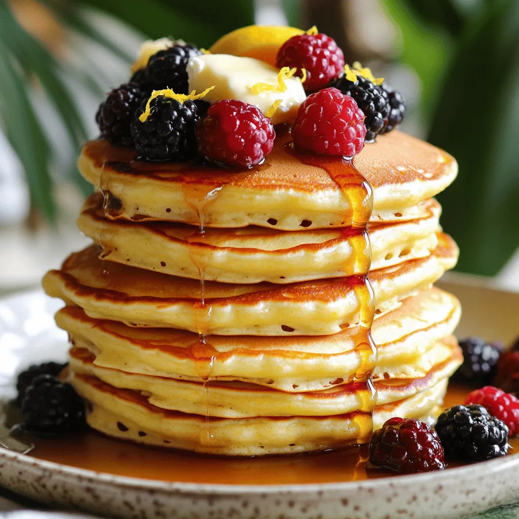 To make these tasty Lemon Ricotta Pancakes, gather these simple ingredients: - 1 cup ricotta cheese - 1 cup all-purpose flour - 1 tablespoon baking powder - 1/4 teaspoon salt - 1 tablespoon granulated sugar - 3 large eggs, separated - 1/2 cup milk (or buttermilk for extra fluffiness) - Zest of 1 lemon - 1 tablespoon fresh lemon juice - 1/2 teaspoon vanilla extract - Butter or oil for cooking - Maple syrup and fresh berries (like strawberries, blueberries, or raspberries) for serving Each serving of these pancakes has about: - Calories: 250 - Protein: 10g - Fat: 10g - Carbohydrates: 34g - Fiber: 1g - Sugar: 6g If you need to swap some items, here are my suggestions: - Ricotta Cheese: Use cottage cheese for a lower-fat option. - All-Purpose Flour: Substitute with whole wheat flour for added fiber. - Milk: Almond milk or oat milk can work well too. - Eggs: Flax eggs or applesauce can replace eggs for a vegan option. These swaps let you enjoy these pancakes while catering to your dietary needs. For the full recipe, check out the complete list above. To make lemon ricotta pancakes, start by mixing your wet ingredients. In a large bowl, combine ricotta cheese, milk, lemon zest, lemon juice, and vanilla extract. Use a whisk until the mixture is smooth and creamy. In a separate bowl, mix flour, baking powder, salt, and sugar. Whisk them together until they blend well. Next, separate the egg yolks from the whites. Add the yolks to the ricotta mix and stir until combined. Gently fold in the dry ingredients with a spatula. Do not overmix; a few lumps are okay. In another bowl, beat the egg whites until stiff peaks form. This step helps create fluffy pancakes. Gently fold the whipped whites into the batter, mixing until no white streaks remain. Preheat a non-stick skillet over medium heat. Grease it lightly with butter or oil. For each pancake, pour about 1/4 cup of the batter onto the skillet. Cook until bubbles form on the surface and the edges look set, about 2-3 minutes. This is a key step for perfect texture. Carefully flip the pancake using a spatula. Cook for another 2-3 minutes until golden brown. Keep the pancakes warm as you continue cooking the rest. Flipping pancakes can be tricky, but practice helps. Wait for bubbles to appear before flipping. Use a wide spatula to support the pancake fully. A swift motion can help avoid breakage. If the pancake sticks, gently wiggle the spatula underneath to loosen it. Serve the pancakes warm with maple syrup and fresh berries for a delightful finish. For the full recipe, check out the complete details above. To get your pancakes extra fluffy, focus on the egg whites. Beat them until stiff peaks form. This step adds air to your batter. Fold the egg whites gently into the mix. Avoid stirring too much; a few lumps are okay. Another tip is to use buttermilk instead of regular milk. It adds a nice tang and more fluffiness. One common mistake is overmixing the batter. Overmixing makes pancakes dense. Always mix until just combined. Another mistake is not letting the batter rest. Letting it sit for a few minutes helps the flour hydrate. This step also gives the baking powder time to activate. Lastly, make sure your skillet is hot enough. A hot skillet ensures a golden brown color. For serving, stack two to three pancakes on each plate. They are rich, so this amount is usually enough. I love pairing these pancakes with fresh berries and maple syrup. You can also add whipped cream for extra indulgence. If you want a twist, try a dollop of yogurt on the side. For a more savory option, serve with a sprinkle of sea salt and herbs. Check out the Full Recipe for more serving ideas! {{image_4}} You can enhance your lemon ricotta pancakes with fun flavors. Try adding chocolate chips for a sweet twist. Blueberries or raspberries work great too. Fold them into the batter for bursts of flavor. You can also mix in nuts for crunch. Each flavor combination brings a new experience. Experimenting keeps breakfast exciting! If you need gluten-free pancakes, use almond flour or oat flour. Both work well and taste great. For a dairy-free version, substitute ricotta with a plant-based cheese. Coconut yogurt can also be used for creaminess. These swaps let you enjoy pancakes while meeting dietary needs. Savory options can change the game. Add herbs like chives or parsley for a fresh taste. You can also mix in crumbled feta for a salty kick. Top these savory pancakes with avocado or smoked salmon. This makes breakfast or brunch special and unique. You can enjoy lemon ricotta pancakes in new ways! After making lemon ricotta pancakes, you may have some left. To store them, let the pancakes cool down first. Once cool, stack them with a piece of parchment paper in between each pancake. This step prevents sticking. Place the stack in an airtight container or wrap them tightly in plastic wrap. Store them in the fridge for up to three days. This way, you can enjoy those fluffy pancakes later! To reheat your pancakes, you have a few options. The microwave is quick but can make them a bit soggy. Heat them on medium power for about 30 seconds. For a crispier pancake, use a skillet. Heat the skillet over low heat and place the pancakes in it. Flip them after about one minute. This method keeps them fluffy and warm! Freezing pancakes is a great way to prep for busy days. First, let the pancakes cool completely. Then, place a piece of parchment paper between each pancake to avoid sticking. Stack them in a freezer-safe bag or container. You can freeze them for up to two months! When you're ready to eat, just reheat as mentioned above. This makes breakfast easy and fun! For the full recipe, check out the Fluffy Lemon Ricotta Pancakes 🥞. Yes, you can use cottage cheese instead of ricotta. Cottage cheese gives a slightly different texture. It will also make your pancakes a bit lighter. Just make sure to blend it well to smooth out any lumps. You can also try mascarpone for a richer taste. Each cheese will change the flavor a bit, so feel free to experiment. Look for bubbles on the surface of the pancakes. This shows that they are cooking through. The edges will also look set and firm. When you flip them, they should be golden brown. Cook for about 2-3 minutes on each side. If they look too pale, give them a little more time. Maple syrup is a classic choice. It adds a sweet touch that balances the lemon flavor. Fresh berries like strawberries, blueberries, or raspberries add color and taste. You can even add a dollop of whipped cream for extra creaminess. For a twist, try honey or yogurt on top! You now have all you need to make great lemon ricotta pancakes. We covered the key ingredients, step-by-step cooking, and tips for success. I shared how to make them fluffy and how to avoid common mistakes. You also learned about tasty variations and smart storage tips. With these insights, you can enjoy perfect pancakes anytime. Get creative with flavors and toppings. Make breakfast fun and special for everyone. Happy cooking!