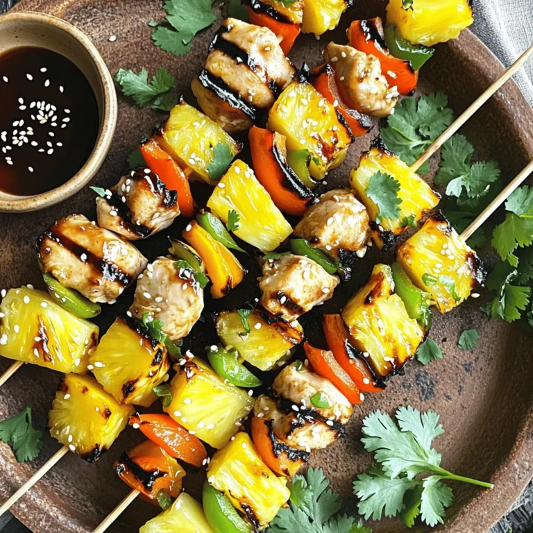 - 1 lb boneless chicken breast, cut into 1-inch cubes - 1 cup fresh pineapple, cut into 1-inch chunks - 1 bell pepper, either red or yellow, cut into 1-inch squares - 1 medium red onion, cut into wedges - 1/4 cup soy sauce - 1/4 cup teriyaki sauce - 2 tablespoons honey - 1 tablespoon sesame oil - 2 cloves garlic, minced - 1 teaspoon fresh ginger, finely grated - Salt and pepper, to taste - Skewers (if wooden, soaked in water for at least 30 minutes) - Alternative vegetables: zucchini, cherry tomatoes - Spices for added flavor: crushed red pepper, black pepper Using fresh and vibrant ingredients is key to great taste. The chicken provides a nice protein base. Pineapple adds a sweet and tangy flavor. Bell peppers bring color and crunch. Red onion gives a bit of bite. The marinade is where the magic happens. Soy sauce and teriyaki sauce blend for umami. Honey adds sweetness and helps caramelize on the grill. Sesame oil gives a nutty depth. Garlic and ginger add a fresh and zesty kick. Feel free to mix in other veggies. Zucchini and cherry tomatoes are tasty options. They cook quickly and add more flavor. For spice lovers, crushed red pepper or black pepper provides a nice heat. For the full recipe, check the details above to get started on your skewers. To start, you need to make the marinade. In a bowl, mix these ingredients: - 1/4 cup soy sauce - 1/4 cup teriyaki sauce - 2 tablespoons honey - 1 tablespoon sesame oil - 2 cloves garlic, minced - 1 teaspoon fresh ginger, finely grated - Salt and pepper, to taste Add 1 pound of boneless chicken breast, cut into 1-inch cubes. Make sure every piece is covered. Cover the bowl with plastic wrap. Put it in the fridge. Let the chicken marinate for at least 30 minutes. For the best flavor, let it sit for up to 2 hours. While the chicken marinates, get your skewers ready. If they are wooden, soak them in water for at least 30 minutes. This helps prevent burning. Next, preheat your grill or grill pan to medium-high heat. After marinating, take the chicken out of the fridge. Carefully thread the marinated chicken, fresh pineapple chunks, bell pepper squares, and red onion wedges onto the skewers. Alternate the ingredients for a colorful look. Now, place the skewers on the hot grill. Grill them for about 10-12 minutes. Turn them every few minutes to cook evenly and get nice grill marks. Use a meat thermometer to check that the chicken reaches 165°F (75°C). This means it is fully cooked. For an extra flavor boost, brush the skewers with any leftover marinade in the last 2-3 minutes of grilling. Once done, take them off the grill and let them rest for a few minutes. This helps keep the juices inside. Serve the skewers warm and enjoy! For the full recipe, refer to the earlier sections. For the best flavor, marinate your chicken for at least 30 minutes. However, if you have more time, let it soak for up to 2 hours. This helps the chicken absorb all those tasty flavors! If you're looking for a gluten-free option, you can swap soy sauce with coconut aminos or tamari. Both keep the savory taste without gluten. Keep your grill at a steady medium-high heat. This helps cook the chicken evenly and gives nice grill marks. To achieve those perfect grill marks, place the skewers at a diagonal on the grill. After a few minutes, rotate them a quarter turn. This simple move creates an eye-catching pattern and enhances flavor. When serving, place your skewers on a big platter. Garnish with fresh cilantro or sprinkle sesame seeds on top. It adds color and makes the dish pop! Pair these skewers with jasmine rice or a fresh salad for a balanced meal. A small bowl of teriyaki sauce for dipping can elevate your dish even more. For the full recipe, check out the detailed steps above. {{image_4}} You can easily switch out the chicken for shrimp or tofu. Shrimp cooks quickly and adds a nice twist. Tofu works well for a plant-based option. For flavor, try different marinades. A spicy chili sauce or a sweet mango glaze can change the taste completely. Using seasonal vegetables can make your skewers even better. Think about adding zucchini, cherry tomatoes, or bell peppers. They add color and taste. Fresh herbs like cilantro or basil also make great garnishes. They give a lovely pop of flavor and look nice on the plate. If you want vegetarian or vegan options, swap chicken for hearty vegetables or tempeh. This keeps the dish filling. For those watching their sodium, use low-sodium soy sauce and teriyaki sauce. You can still enjoy great taste without the extra salt. For the full recipe, please check out [Full Recipe]. To keep your Pineapple Teriyaki Chicken Skewers fresh, use proper refrigeration. First, let the skewers cool to room temperature. Then, place them in an airtight container. This helps keep moisture in and flavors intact. You can also wrap them tightly in plastic wrap. Store the skewers in the fridge for up to three days. Reheating is simple and should keep your skewers juicy. The best way is to use an oven. Preheat your oven to 350°F (175°C). Place the skewers on a baking sheet. Cover them with aluminum foil to trap moisture. Heat for about 10-15 minutes. You can also use a microwave, but they can dry out. Heat in short bursts and cover with a damp paper towel. If you want to save skewers for later, you can freeze them. First, let the cooked skewers cool down. Then, wrap them tightly in plastic wrap and foil. This prevents freezer burn. You can store them for up to three months. When you’re ready to eat, thaw them overnight in the fridge. Reheat them using the methods above for the best taste. You can tell when chicken skewers are done by checking their color and texture. The chicken should be opaque and firm to the touch. The juices should run clear, not pink. The best way to be sure is to use a meat thermometer. It should read 165°F (75°C) for safe eating. This ensures that harmful bacteria are gone. Yes, you can make Pineapple Teriyaki Chicken Skewers ahead of time. Marinating the chicken is key. You can marinate it for up to 2 hours. If you want to prepare earlier, marinate the chicken and store it in the fridge. You can also cut the veggies and pineapple ahead. Just keep them in the fridge too. This way, you save time when you're ready to grill! You can serve these skewers with many tasty sides. Rice or quinoa works great as a base. You can also pair them with grilled veggies or a fresh salad. For drinks, try serving iced tea or a light lemonade. These choices balance the sweet and savory flavors of the skewers. Enjoy your meal with friends and family! This blog post covered how to make Pineapple Teriyaki Chicken Skewers. We explored main ingredients and marinades, step-by-step grilling, and serving tips. I shared variations to suit your taste and dietary needs. Finally, I offered storage and reheating advice for leftovers. Try these skewers for a fun meal. Experiment with different flavors and ingredients. Enjoy the bright taste and simple process! You’ll impress your family and friends with this dish.