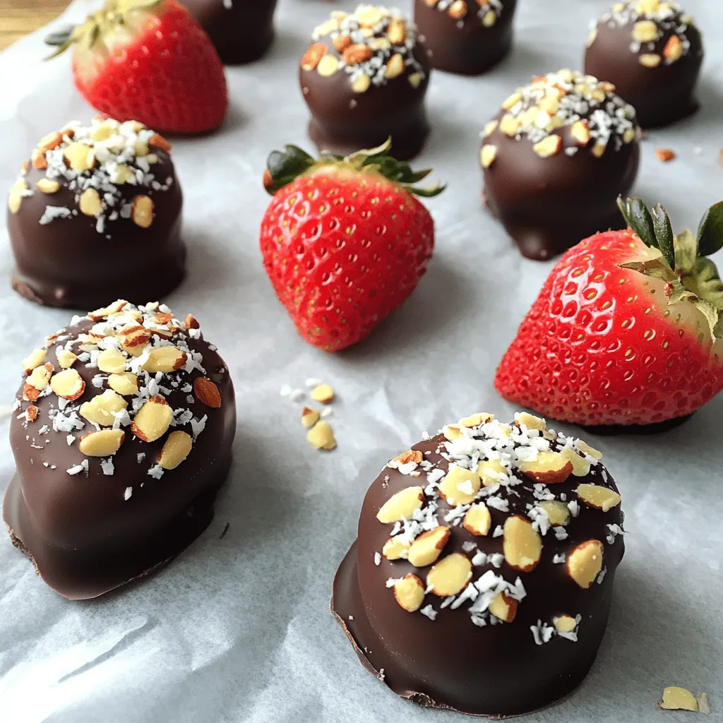- 1 pound of fresh strawberries - 1 cup of dark chocolate chips (or semi-sweet chocolate) - 1 tablespoon of coconut oil (optional) - 1/2 cup of crushed nuts (almonds or hazelnuts) - 1/4 cup of shredded coconut - Sea salt for garnish - Microwave-safe bowl - Parchment paper - Baking sheet When making chocolate-covered strawberry bites, start with fresh strawberries. They should be ripe and firm. This ensures a sweet burst in every bite. You can use dark chocolate chips for a rich taste or semi-sweet for a sweeter flavor. The coconut oil is optional. It helps the chocolate melt smoothly and gives a nice sheen. Next, think about customizing your treats. You can add crushed nuts for crunch. Almonds or hazelnuts work great. Shredded coconut adds a tropical vibe, while a sprinkle of sea salt balances sweetness and enhances flavor. For tools, a microwave-safe bowl is key for melting chocolate. Parchment paper on your baking sheet keeps the chocolate from sticking. This makes clean-up easy and keeps your bites looking perfect. For the full recipe, be sure to check out the detailed steps! - Rinse and dry strawberries thoroughly. Make sure to wash each strawberry gently under cool water. Use a paper towel to pat them dry. This step is key! Any water will stop the chocolate from sticking well. - Combine chocolate chips and coconut oil. In a microwave-safe bowl, mix your chocolate chips with coconut oil. The oil helps the chocolate melt smoothly. - Heat in microwave, stirring regularly. Put the bowl in the microwave. Heat in 30-second bursts. Stir well after each round. It should take about 1 to 2 minutes to get a nice, glossy chocolate. - Dip strawberries in melted chocolate. Grab a strawberry and dip it into the melted chocolate. Make sure to coat it well. Let the extra chocolate drip off before placing it on a baking sheet. - Add optional toppings before chocolate hardens. While the chocolate is still soft, sprinkle on your choice of toppings. You can use crushed nuts, shredded coconut, or a sprinkle of sea salt. These add flavor and fun texture. To get a smooth chocolate coating, you need to dry the strawberries well. Water can cause the chocolate to clump or slide off. After rinsing, use a paper towel to pat them dry. Make sure there’s no moisture left. When melting chocolate, use a microwave-safe bowl. Combine the chocolate chips with coconut oil for better smoothness. Heat in 30-second bursts. Stir well after each interval. This helps the chocolate melt evenly. It should be glossy and smooth when done. Arranging your chocolate-covered strawberries on a platter makes them look stunning. Use a large plate or a tiered stand. You can add whole strawberries or mint leaves for extra color. Garnishes add a nice touch. Consider using crushed nuts or a sprinkle of sea salt. These small additions make your treats pop visually and taste even better. Storing chocolate-covered strawberries properly keeps them fresh. Place them in an airtight container. Layer them with parchment paper to avoid sticking. Store in the refrigerator for up to two days. To preserve freshness, avoid leaving them out at room temperature. If they sit too long, the chocolate may start to sweat. Keeping them cold helps maintain their taste and texture. {{image_4}} You can use three types of chocolate for your bites: dark, milk, or white. Dark chocolate offers a rich taste and pairs well with strawberries. Milk chocolate gives a sweet and creamy flavor, perfect for those with a sweet tooth. White chocolate adds a lovely sweetness and a beautiful contrast to the red strawberries. Experiment with these options to find your favorite! Toppings can change your chocolate-covered strawberry bites! Here are some fun ideas: - Crushed nuts: Almonds or hazelnuts add a nice crunch. - Shredded coconut: This gives a tropical twist and a chewy texture. - Sprinkles: Colorful sprinkles make them festive for parties. - Sea salt: A pinch enhances the chocolate's flavor. You can also try seasonal twists! For example, use crushed peppermint during the holidays or colorful candies for birthdays. Want to take your treats up a notch? Try layering flavors! You can mix flavored chocolate, like mint or orange, into your recipe. Dip the strawberries in one flavor and drizzle another on top for a fancy touch. Drizzling chocolate adds a lovely look. Use a fork to create thin lines over the dipped strawberries. This makes each bite look special and inviting. You can use contrasting colors, like white chocolate on dark chocolate, to make it pop. These simple ideas will make your chocolate-covered strawberry bites even more delightful! For the full recipe, check out the details provided earlier. You can find chocolate covered strawberry bites in local stores. Look for them in the bakery section or the produce area. Many grocery stores offer pre-made options. This makes it easy to grab a box for any occasion. If you prefer convenience, check online vendors. Sites like Amazon or specialty food stores often have a variety of choices. You can find unique flavors and packaging options. Online shopping saves you time and offers more selection. Making chocolate covered strawberry bites at home has many benefits. You can choose fresh strawberries and your favorite chocolate. This lets you control the flavor and quality. Homemade treats can also be more fun to make. You can involve family or friends in the process. The cost is another important factor. Store-bought options can be pricey. A simple cost analysis shows that buying fresh ingredients is often cheaper. Plus, you can make a larger batch for less money. Chocolate covered strawberry bites are perfect for many events. They shine at birthday parties, weddings, and anniversaries. They also make a sweet addition to holiday gatherings. If you want to impress a loved one, they make a great gift. A box of chocolate covered strawberries shows you care. You can even create a custom gift basket with these treats. The versatility and appeal of chocolate covered strawberries make them a delightful choice for any occasion. Homemade chocolate covered strawberries last about 1 to 2 days in the fridge. Store them in a single layer in an airtight container. Avoid stacking them to keep the chocolate intact. For the best taste, eat them fresh. Yes, you can use many fruits! Bananas, apples, and pineapples work well. You can also try dried fruits like apricots or figs. Each fruit brings a unique flavor that pairs nicely with chocolate. You can make them a day ahead. Just store them in the fridge in an airtight container. This keeps them fresh and tasty, but avoid making them too early. Dark chocolate chips are my favorite for melting. They give a rich flavor. Semi-sweet chocolate is also good if you like it sweeter. Avoid using chocolate bars; they can be hard to melt smoothly. You can skip coconut oil and use a bit of milk or cream instead. This will help the chocolate melt smoothly. You can also use a double boiler for melting without oil. Yes, you can freeze them! Place them on a baking sheet and freeze until solid. Then, store them in a freezer bag. To eat, thaw them in the fridge. Enjoy them cold or at room temperature! You can easily make delicious chocolate-covered strawberry bites using fresh strawberries and chocolate. Remember to prepare, melt, and dip smartly for the best results. Add your favorite toppings and store them well to keep them fresh. Whether you choose to buy or make them at home, these bites fit any occasion. Stick with your favorite ingredients, and have fun experimenting with unique flavors. Enjoy impressing friends and family with these tasty treats!