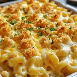 - 8 ounces elbow macaroni - 1 cup sharp cheddar cheese, shredded - 1 cup mozzarella cheese, shredded - 1 cup gouda cheese, shredded - 1 cup cream cheese, softened and cubed - 3 cups whole milk - 4 tablespoons unsalted butter - 1/4 cup all-purpose flour - 1 teaspoon garlic powder - 1 teaspoon onion powder - 1/2 teaspoon smoked paprika - Salt and freshly ground black pepper, to taste - 1 cup panko breadcrumbs (for topping) - Fresh parsley, finely chopped (for garnish) These ingredients create a rich and creamy dish. You start with elbow macaroni, which holds the cheese sauce well. The sharp cheddar gives a nice bite, while mozzarella adds stretch. Gouda brings a smoky flavor, and cream cheese makes it creamy. Whole milk forms the base of the sauce, and butter and flour help make it thick. Seasonings like garlic powder and onion powder enhance the taste. The panko breadcrumbs on top add a crunchy layer. Finally, fresh parsley gives a pop of color. Together, these ingredients make the ultimate comfort food. For the full recipe, check out the instructions that follow. Enjoy crafting this delicious dish! - Preheat oven to 350°F (175°C). - Boil elbow macaroni according to package instructions. Begin by preheating your oven. A hot oven helps the cheese bake well. Next, grab a large pot. Fill it with salted water and bring it to a boil. Once boiling, add the elbow macaroni. Cook until it is just right, usually about 7-8 minutes. After cooking, drain the pasta and set it aside. - Melt butter and prepare roux. - Whisk in flour, then gradually add milk. - Incorporate seasonings and melt cream cheese. In a big saucepan, melt the butter over medium heat. This butter will give your sauce a rich flavor. Now, add the flour and stir. This mix is called a roux. Cook it for 1-2 minutes while you whisk it. It should not brown. Next, slowly pour in the milk while whisking. Keep stirring until the mix thickens, about 5-7 minutes. You want a smooth sauce that coats the back of a spoon. Season this mixture with garlic powder, onion powder, smoked paprika, salt, and black pepper. Stir well to mix all the flavors. Finally, take the pan off the heat and add the cream cheese. Stir this until it melts into a smooth sauce. - Add shredded cheeses into the sauce. - Mix cooked macaroni with the cheese sauce. - Transfer to a greased baking dish. Now, it is time for the cheese magic! Gradually add the shredded sharp cheddar, mozzarella, and gouda into the sauce. Stir until all the cheese melts and combines into a creamy sauce. In a large bowl, combine the cooked macaroni with your wonderful cheese sauce. Make sure every piece of macaroni is coated. Then, transfer the mixture into a greased baking dish, spreading it out evenly. - Prepare breadcrumb topping. - Bake for 25-30 minutes until golden brown. - Garnish with parsley before serving. Next, let’s prepare the topping! In a small bowl, mix the panko breadcrumbs with a tablespoon of melted butter. This will give your dish a nice crunch. Sprinkle the breadcrumbs over the mac and cheese evenly. Now place the baking dish in the oven. Bake for 25-30 minutes until the top is golden brown and bubbly. Once done, take it out and let it cool a bit. Before you serve, sprinkle some fresh parsley on top for a lovely touch. Enjoy your creamy, cheesy delight! For the full recipe, check out the details above. To get a smooth cheese sauce, start with a roux. A roux is a mix of butter and flour. It helps thicken the sauce. Cook the roux for one to two minutes. This step keeps it from tasting raw. When you add milk, whisk it in slowly. This keeps lumps from forming. Keep whisking until the sauce coats a spoon. This takes about five to seven minutes. Seasoning is key in your sauce. I like to use garlic powder, onion powder, and smoked paprika. Adjust these to your taste. Want a kick? Try adding a pinch of cayenne! Layer flavors as you mix in the cheeses. Start with cream cheese, then add sharp cheddar, mozzarella, and gouda. Each cheese adds its own taste and texture. For a lovely presentation, serve in ramekins. This makes each portion special. You can also add extra cheese on top before baking. Pair your mac and cheese with a fresh green salad or some roasted veggies. A crisp white wine or sparkling water works great as a drink. Feel free to check out the Full Recipe for more details on making this dish! {{image_4}} You can change the flavor of your mac and cheese by using different cheeses. If you want a sharper taste, use aged cheddar. For a creamier texture, try adding fontina or havarti. Mixing in blue cheese gives a bold twist. You can also use smoked cheese for a deeper flavor. Adding flavored cheeses adds a fun twist. Think about pepper jack for heat or goat cheese for tang. These choices let you create your own unique dish. You can make your mac and cheese even better by adding vegetables. Spinach or kale adds color and nutrients. Broccoli or cauliflower adds texture. You can add roasted red peppers for sweetness. For a heartier meal, think about proteins. Cooked bacon, ham, or chicken can make it filling. If you want a vegetarian option, try black beans or chickpeas. These add protein and keep it healthy. Each add-in makes the dish special. If you want a healthier version of this dish, try whole grain macaroni. It has more fiber and nutrients than regular pasta. You can also use lower-fat cheese options. Look for reduced-fat cheddar or mozzarella. These choices cut calories without losing flavor. You can even mix in some Greek yogurt for creaminess and protein. These swaps help you enjoy comfort food while keeping it lighter. To keep your Four Cheese Baked Mac and Cheese fresh, cool it down first. Place it in an airtight container. Make sure the lid is secure. Store it in the fridge. It will last for about 3 to 5 days. If you want to freeze it, portion it into smaller containers. This makes it easy to reheat later. Allow it to cool completely before you freeze it. Wrap each container tightly with plastic wrap. You can also use a freezer bag. It will keep well for up to 2 months. To defrost, move the container to the fridge overnight. For a quick method, you can use the microwave on low. There are many fun ways to serve leftover mac and cheese. You can add some cooked veggies like broccoli or spinach. This adds color and fiber. Another option is to mix in some cooked meat, like chicken or bacon. When reheating, you can choose between microwave and oven. The microwave is faster. Use a lower power setting and cover it to keep moisture in. The oven gives a crispier texture. Preheat it to 350°F (175°C) and heat for about 15-20 minutes. This will bring back that golden, bubbly top. Enjoy your leftovers! Yes, you can prepare this dish in advance. To do this, cook the macaroni and make the cheese sauce as usual. Once combined, place it in a baking dish. Cover it tightly with plastic wrap or foil. You can store it in the fridge for up to 24 hours. When you're ready to bake, just remove the cover and heat it in the oven. It may take a bit longer to cook, about 30-35 minutes. If it seems dry, add a splash of milk before baking. Yes, this dish is vegetarian. However, some ingredients may not be, depending on their source. Always check the cheese labels. Some brands add animal rennet. It’s best to choose cheeses labeled as vegetarian. Also, ensure your pasta does not contain eggs if you want it fully vegetarian. To make Four Cheese Baked Mac and Cheese gluten-free, substitute all-purpose flour with gluten-free flour. You can use rice flour or almond flour. For the pasta, select gluten-free elbow macaroni. Many brands offer gluten-free options that work well in this recipe. Just be mindful of cooking times, as gluten-free pasta may need less time. Reheating baked mac and cheese requires a gentle touch. Preheat your oven to 350°F (175°C). Place the mac and cheese in an oven-safe dish. Add a splash of milk to keep it creamy. Cover with foil to retain moisture. Heat for around 20-25 minutes, checking frequently. Stir halfway through to ensure even warming. You can also use a microwave, but it may dry out faster. Add a little milk and heat in short bursts, stirring often. Four Cheese Baked Mac and Cheese is a delicious dish. We've covered key ingredients, including different cheeses and seasonings. You now know how to make the cheese sauce and combine everything. Baking tips help to achieve that perfect golden topping. Variations allow for personal flair, and we shared storage info to keep leftovers fresh. In summary, this dish is easy and fun to make. Whether you want classic flavors or a healthier twist, you’re ready to impress. Enjoy your cooking!