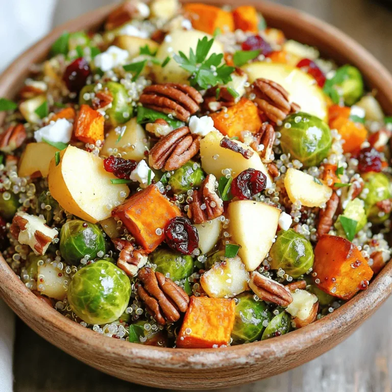 To make a Fall Harvest Quinoa Salad, you need a mix of fresh and tasty items. Here’s the list of ingredients: - 1 cup quinoa, rinsed - 2 cups vegetable broth - 1 medium sweet potato, peeled and diced - 1 cup Brussels sprouts, halved - 1 medium tart apple, chopped - ½ cup dried cranberries - ½ cup pecans, coarsely chopped - 2 tablespoons olive oil - 1 tablespoon pure maple syrup - 1 teaspoon ground cinnamon - Salt and freshly ground black pepper - 2 tablespoons feta cheese, crumbled (optional) - Fresh parsley, chopped, for garnish Each ingredient plays a key role in flavor and texture. Quinoa is a great base. It adds protein and a nutty taste. Sweet potatoes bring sweetness and creaminess when cooked. Brussels sprouts add a slight bitterness that balances the salad. The tart apple gives a refreshing crunch. Dried cranberries add a pop of sweetness. Pecans give a nice crunch and healthy fats. Olive oil and maple syrup combine for a rich dressing. Ground cinnamon adds warmth and spice. Seasoning with salt and pepper enhances all the flavors. If you like, add feta cheese for a salty touch. Finally, fresh parsley is perfect for a bright finish. For the full recipe, check the cooking instructions. You will love how easy it is to make this salad! Start by preheating your oven to 425°F (220°C). This temperature helps get those veggies nice and crispy. Next, grab a baking sheet and line it with parchment paper. This makes cleanup easier. In a mixing bowl, combine the diced sweet potato and halved Brussels sprouts. Drizzle them with olive oil, pure maple syrup, and ground cinnamon. Season with salt and pepper. Toss everything well, so each piece gets coated. Spread the seasoned vegetables in a single layer on the baking sheet. Roast them for about 25 to 30 minutes. Make sure to stir them halfway through. This step ensures even cooking and brings out the best flavors. While the veggies roast, prepare the quinoa. In a medium saucepan, bring 2 cups of vegetable broth to a rolling boil. Once boiling, add 1 cup of rinsed quinoa. Lower the heat to a gentle simmer and cover the pan. Cook for 15 minutes, or until the quinoa is fluffy and all the liquid is absorbed. After cooking, let it sit for another 5 minutes, then fluff with a fork. Once the roasted vegetables and quinoa are ready, it’s time to mix them. In a large serving bowl, combine the roasted veggies with the quinoa. Add the chopped apple, dried cranberries, and chopped pecans. Gently mix everything to combine the flavors. If you like, sprinkle some crumbled feta cheese on top. Toss the salad gently until all ingredients are well mixed. Taste it and adjust the seasoning with extra salt and pepper if needed. You can serve the salad warm or let it cool to room temperature. Garnish with freshly chopped parsley for a touch of color and freshness. For the full recipe, check the details above. Rinsing quinoa is key to good flavor. Quinoa often has a bitter coating called saponin. Rinse it in a fine mesh strainer under cold water for a few minutes. This will help remove the bitterness. After rinsing, use a ratio of 1 cup quinoa to 2 cups vegetable broth. This will give you fluffy quinoa that is not too wet. To cook quinoa perfectly, bring the broth to a boil first. Then, add the rinsed quinoa and lower the heat. Cover the pan and let it simmer for about 15 minutes. After cooking, let it sit for 5 minutes. Fluff it with a fork to separate the grains. Roasting vegetables adds depth to your salad. Preheat your oven to 425°F (220°C). This high heat helps caramelize the veggies. Spread them evenly on a baking sheet. Roast for about 25 to 30 minutes. Stir halfway through to ensure even cooking. You know your vegetables are done when they are tender and golden. Sweet potatoes should be soft enough to pierce with a fork. Brussels sprouts should be crispy and browned on the edges. Feel free to mix up the nuts and seeds. You can use walnuts, sunflower seeds, or pumpkin seeds for variety. Each adds its own flavor and texture. For fruits, think about what’s in season. In winter, try pears or pomegranates. In summer, berries or peaches can bring a fresh taste. This flexibility keeps your salad exciting and new. For the full recipe, check out the detailed instructions. Enjoy creating your own version of this Fall Harvest Quinoa Salad! {{image_4}} You can switch up the ingredients to match the season. Roasted root vegetables work great. Try carrots, parsnips, or beets for a warm, earthy taste. They add a nice texture and color. Consider adding seasonal greens like kale or spinach. These greens provide color and nutrients. They also enhance the overall flavor profile. Just toss them in raw or lightly sautéed for a fresh touch. Dressings can take your salad to the next level. A simple vinaigrette of olive oil and apple cider vinegar brightens the dish. You can also use a creamy dressing for richness. Adding protein makes the salad heartier. Grilled chicken or chickpeas boost the nutrition. Chickpeas add a nice crunch and help keep you full longer. For those with dietary needs, this salad is flexible. It is naturally gluten-free and vegan. Just skip the feta cheese or choose a plant-based option. If you have nut allergies, swap pecans for seeds like pumpkin or sunflower. These seeds add crunch without the risk. You can still enjoy the great flavors and textures without worry. Check out the Full Recipe for all the details on this delicious dish. To keep your Fall Harvest Quinoa Salad fresh, use an airtight container. Glass or plastic containers work well. Make sure the salad cools down before sealing it. This helps avoid moisture build-up, which can make your salad soggy. If you serve the salad fresh, it tastes best. But if you need to store it, just follow these tips. In the fridge, the salad lasts about 3 to 5 days. Always check for signs of spoilage. If the salad smells off or has a slimy texture, it’s best to toss it. Fresh ingredients keep the salad tasty for longer. Quinoa and veggies can be reheated in the microwave or on the stove. If using the microwave, place it in a bowl with a splash of water. Cover it to keep the moisture in. On the stove, use low heat and add a bit of oil to help refresh the flavors. This keeps the texture nice and the taste vibrant. You can use several grains instead of quinoa. Here are some good options: - Brown rice: It has a chewy texture and nutty flavor. - Farro: This ancient grain is hearty and adds a nice bite. - Bulgur wheat: It cooks quickly and has a light, fluffy texture. - Couscous: This small pasta cooks fast and works well in salads. - Barley: It is chewy and adds a rich flavor to salads. These grains will give you a delicious base for your salad. Each choice brings a different taste and texture to your meal. Yes, you can make this salad ahead of time! Here are some best practices: - Prep the quinoa and veggies: Cook the quinoa and roast the veggies. Store them separately. - Mix just before serving: Combine the ingredients right before you eat. It keeps the veggies fresh and crisp. - Dressing: Keep the dressing separate until serving. This avoids soggy salad. Making it ahead is great for busy days. It saves time and still tastes wonderful! To boost the protein in your salad, try these ideas: - Add beans: Chickpeas or black beans are great options. They add flavor and texture. - Nuts and seeds: Almonds, pumpkin seeds, or sunflower seeds add crunch and protein. - Hard-boiled eggs: Chopped eggs are a simple way to add protein. - Grilled chicken or tofu: Both add a hearty protein punch. These additions will make your salad more filling and nutritious. Yes, it is normal for quinoa to taste bitter. This comes from its natural coating called saponins. Here’s how to avoid bitterness: - Rinse well: Always rinse quinoa under cold water before cooking. This removes the bitter coating. - Cook properly: Follow cooking instructions for perfect texture. Fluff it after cooking to separate the grains. By rinsing well, you ensure your quinoa tastes great! You can freeze the salad, but be aware of some changes: - Texture change: Freezing may make the veggies mushy when thawed. They lose some crunch. - Separate components: For best results, freeze quinoa and veggies separately. Combine them later. - Thaw properly: Thaw in the fridge overnight before serving. This helps maintain flavor. Freezing is a good option for leftovers, just keep texture in mind. You can enjoy your Fall Harvest Quinoa Salad later! This blog post covered the key ingredients and steps for a tasty Fall Harvest Quinoa Salad. We explored prep tips, roasting techniques, and how to combine all the flavors. Remember, you can make this salad your own with different fruits, nuts, or veggies. It’s easy to store and lasts well, making meal prep a breeze. Enjoy creating this dish for a healthy meal or side. You’ll love the taste and nutrition it brings. Dive in and make your salad shine with your special touch!