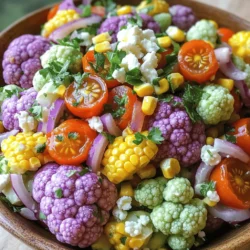 - 1 small head of purple cauliflower - 1 small head of orange cauliflower - 1 small head of green cauliflower (or broccoli) - 1 cup cherry tomatoes - 1 cup corn kernels - 1/2 red onion - 1/4 cup fresh parsley - Salt and freshly ground pepper - 3 tablespoons extra virgin olive oil - 2 tablespoons apple cider vinegar - 1 tablespoon honey (or maple syrup) - Optional: 1/4 cup crumbled feta cheese Gathering fresh produce is the key to this salad’s vibrant look. I love using colorful cauliflowers. Each type brings a unique taste. Purple cauliflower has a sweet flavor. Orange cauliflower is milder. Green cauliflower, or broccoli, adds crunch. Cherry tomatoes add juiciness and a burst of flavor. Corn kernels provide sweetness and a nice texture. Use fresh corn for the best taste, but frozen works too. Next, we need aromatics. Red onion gives a bit of bite. Fresh parsley adds a bright note. Salt and freshly ground pepper enhance all flavors. The dressing is simple but tasty. Extra virgin olive oil adds richness. Apple cider vinegar brings tanginess. Honey or maple syrup adds sweetness. If you want to elevate the dish, add feta cheese. It gives a creamy texture and a slight saltiness. These ingredients come together in the Rainbow Cauliflower Salad. With the full recipe, you can create this colorful dish easily. First, let’s get our cauliflower ready. Fill a large pot with water and bring it to a boil. This should take just a few minutes. Next, add the cauliflower florets. I like to do this in batches. Blanch each type—purple, orange, and green—for about 2-3 minutes. You want them bright, yet still crisp. Once done, it’s time for a quick shock! Transfer the florets to an ice bath. This is a bowl filled with ice water. The cold water stops the cooking right away. After about 5 minutes, drain the florets well. Gently pat them dry with a kitchen towel. This step keeps the salad from getting soggy. Now, let’s put the salad together. In a big mixing bowl, combine the blanched cauliflower, halved cherry tomatoes, corn, finely diced red onion, and chopped parsley. Toss them gently. You want everything to mix nicely without breaking the cauliflower. Next, we’ll make the dressing. In a smaller bowl, whisk together the olive oil, apple cider vinegar, honey, salt, and pepper. Do this until it blends well and gets a bit creamy. This dressing adds great flavor to our salad. Drizzle the dressing over the salad mixture. Toss it gently again. Make sure every piece gets some dressing. If you like feta, sprinkle it on top now. This adds a creamy, tangy taste that pairs well with the fresh veggies. Serve the salad right away for the best flavor. If you want, you can chill it for about 30 minutes. This helps the flavors mix even more. For a stunning presentation, use a large, shallow bowl. Garnish with extra parsley and a sprinkle of feta on top. This makes the dish look even more vibrant. For the full recipe, check out the details above! When I pick cauliflower, I look for vibrant colors. Bright purple, orange, and green heads catch my eye. They should feel firm and heavy in your hands. Avoid any with brown spots or soft spots. Seasonal varieties taste best. Look for them at local farmers' markets. To boost flavor, add fresh herbs like basil or mint. These herbs bring a new taste to the salad. You can also try a lemon vinaigrette. It adds a bright, zesty kick that pairs well. For creaminess, swap the olive oil dressing with a yogurt-based one. For serving, use a large, shallow bowl. This way, all the colors pop. Layer the ingredients for a beautiful display. Garnish with extra parsley and a sprinkle of feta cheese on top. This adds both color and texture. For a fun twist, serve in individual cups for a party! For the full recipe, check out the Rainbow Cauliflower Salad. {{image_4}} You can change the salad based on what's fresh. Add seasonal vegetables like zucchini or bell peppers. These veggies not only taste great but also add more color. You can also swap in fruits. Try diced apples or berries for a sweet twist. These fruits make the salad lively and bright. If you want a vegan version, skip the feta cheese. Instead, add more fresh herbs or nuts for flavor. You can also use avocado for creaminess. For gluten-free options, this salad is already safe. Just check your dressing to ensure it's gluten-free. To make it a grain salad, mix in cooked quinoa. This addition adds protein and makes it more filling. When serving, use a large, shallow bowl. This way, the colors pop. For gatherings, you can layer the salad in a jar. It looks stunning and is easy to serve. For the full recipe, check out Rainbow Cauliflower Salad. To store leftover rainbow cauliflower salad, place it in an airtight container. Make sure to cover it well to keep it fresh. You can store it in the fridge for up to three days. After that, the vegetables may lose their crunch and flavor. Can you freeze cauliflower salad? Yes, you can freeze it, but keep in mind that freezing changes the texture. To freeze, put the salad in a freezer-safe container. Make sure to leave some space at the top for expansion. When you are ready to eat it, thaw the salad overnight in the fridge. To refresh your salad, add a splash of olive oil and a squeeze of lemon juice. This helps bring back the flavors. Toss in some fresh herbs like parsley or basil for extra taste. If the salad seems dry, you can add a little more dressing. This will make it taste fresh again. Enjoy your colorful dish! For the Full Recipe, check out the detailed steps above. Yes, you can use just one type of cauliflower. This makes prep easy and quick. For example, purple cauliflower brings a nice color to your dish. Orange cauliflower adds a sweet flavor. Green cauliflower, or broccoli, is a great choice too. Each type has its own charm, so pick what you like best! Making the salad ahead is simple. You can prepare the cauliflower a day early. Just blanch it, cool it, and store it in the fridge. Chop the other veggies, like tomatoes and onions, and put them in a separate container. Mix the dressing and keep it in a jar. On serving day, combine everything for fresh flavor! Cauliflower is packed with nutrients. It has vitamins C, K, and B6. It also provides fiber for good digestion. Eating cauliflower may help with weight loss, too. Plus, it has antioxidants that fight bad stuff in our bodies. Enjoying cauliflower is a smart choice for health! This blog post covered how to make a vibrant cauliflower salad. We explored key ingredients like fresh cauliflower and seasonings. I shared clear instructions for preparing and assembling the salad. You learned tips for enhancing flavors and making it visually appealing. Finally, I discussed storage options for leftovers and how to keep your salad fresh. Enjoy experimenting with variations and personal touches to make this salad your own. Embrace creativity in the kitchen, and savor the delicious, healthy results!