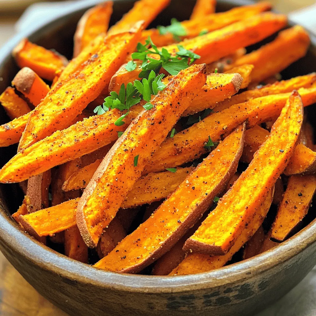 To make the best air fryer sweet potato fries, you need a few simple ingredients. Here’s what you’ll need: - 2 large sweet potatoes, peeled and sliced into thin strips - 2 tablespoons olive oil - 1 teaspoon garlic powder - 1 teaspoon paprika - ½ teaspoon cayenne pepper (optional for a spicy kick) - Sea salt and freshly ground black pepper, to taste - Fresh parsley, finely chopped (for garnish) These ingredients come together to create a crispy and delicious snack. Sweet potatoes are the star here. They’re naturally sweet and packed with nutrients. The olive oil helps achieve that golden crispiness, while garlic powder and paprika give the fries a lovely flavor. If you like a bit of heat, add cayenne pepper! Don’t forget the sea salt and pepper; they enhance the taste. Finally, a sprinkle of fresh parsley adds color and freshness to your fries. For the full recipe, check below. Soaking sweet potatoes is key for crispiness. It helps remove excess starch. This starch can cause sogginess. I recommend soaking them for at least 30 minutes. This simple step makes a big difference in texture. After soaking, drain the water. Dry the sweet potato strips well with a towel. Removing moisture is vital for crisp fries. Once dry, place the strips in a mixing bowl. Add 2 tablespoons of olive oil. Toss them gently to coat every piece. This oil allows them to crisp up nicely in the air fryer. Now comes the fun part—seasoning! I love using garlic powder and paprika. You can also add cayenne for heat. Sprinkle the seasonings over the fries. Toss again to make sure every fry gets coated. This ensures every bite is packed with flavor. Before cooking, preheat your air fryer to 400°F (200°C). This step takes about 5 minutes. It helps cook the fries evenly. Next, arrange the fries in a single layer in the basket. Avoid overcrowding; it’s important for air to circulate. Cook for 15 to 20 minutes. Shake the basket every 5 minutes. This helps them cook evenly and get crispy. Watch closely at the end to prevent burning. To make your fries crispy, soak sweet potato strips in cold water for at least 30 minutes. This step removes excess starch. After soaking, pat the fries dry with a towel. Removing moisture is key to a crispy texture. Do not overcrowd the air fryer basket. If you add too many fries, they will steam instead of crisp. Fry them in batches if needed. This way, hot air can circulate around each fry, ensuring even cooking. For added flavor, try different seasonings. You can use garlic powder, paprika, or even cinnamon for a sweeter touch. Adjust spice levels by adding more cayenne for heat or skipping it for a milder taste. Mix and match spices to find your favorite blend. If your fries aren’t crispy, check if they are too wet. Make sure to dry them well after soaking. Another tip is to shake the basket every five minutes. This helps fries cook evenly. For even cooking, arrange fries in a single layer. Avoid stacking them. If you notice uneven browning, adjust the cooking time. You may need a few extra minutes to get that perfect crispiness. For the full recipe, check the details above! {{image_4}} You can switch up the flavor of your sweet potato fries with fun seasonings. For a sweet treat, try adding cinnamon and brown sugar. This mix brings a warm flavor that pairs well with the natural sweetness of the potatoes. If you prefer savory, consider using ranch seasoning or lemon zest. These options add a zesty kick that makes the fries even more tasty. If you want a lighter version, use less oil. Instead of two tablespoons, try one tablespoon of olive oil. You can also bake the sweet potato fries for a healthier option. Preheat your oven to 425°F (220°C), spread the fries on a baking sheet, and cook for about 25 to 30 minutes. Flip them halfway for even cooking. This method gives you crispy fries with less oil. Sweet potato fries are perfect for dipping. Serve them with ranch, ketchup, or a spicy aioli. Each dip adds a new layer of flavor. You can also pair the fries with other side dishes. Try them with grilled chicken or a fresh salad for a complete meal. These combinations make your snack or meal even more enjoyable. For the full recipe, check out the instructions above! To keep your sweet potato fries fresh, store them in an airtight container. Let them cool first before packing. This step helps prevent sogginess. I recommend using glass or BPA-free plastic containers. These options keep your fries safe and tasty. If you stack them, place parchment paper between layers to maintain crispness. Proper storage can help your fries last for about three days. To enjoy your fries again, reheating is key. The air fryer is the best choice for crispness. Set it at 350°F (175°C) for about 5 to 7 minutes. This method brings back that delightful crunch. You can also use an oven, but it may not be as fast. Place the fries on a baking sheet and heat at 375°F (190°C) for about 10 minutes. Check them often to avoid burning. Can you freeze sweet potato fries? Yes, you can! Freezing is a great way to extend their life. To freeze, first, let them cool completely. Then, spread them in a single layer on a baking sheet. This method prevents them from sticking together. Once they are frozen solid, transfer them to a freezer-safe bag or container. They can stay good for up to three months. To reheat, cook directly from frozen in the air fryer at 400°F (200°C) for 15 to 20 minutes. Just shake the basket halfway through for even cooking. Enjoy those crispy bites anytime! To make your sweet potato fries crispy, soak them in cold water for at least 30 minutes. This reduces starch, which helps them crisp up better. After soaking, dry the fries well. Moisture is the enemy of crispiness. Toss the dried fries with olive oil and seasonings. The oil helps them fry up crunchy. Make sure to arrange them in a single layer in the air fryer. Overcrowding leads to soggy fries. Yes, you can use baby sweet potatoes. They are smaller but can work just fine. Just slice them into thin strips like you would with larger ones. The cooking time may vary slightly, so check for doneness a few minutes earlier. The key is to ensure even cooking so they become crispy. Cook sweet potato fries in the air fryer for 15 to 20 minutes. Shake the basket every 5 minutes for even cooking. Adjust the time if needed based on your air fryer model. Always check for a golden brown color and crisp texture before serving. In this guide, we covered how to make delicious sweet potato fries. We explored key ingredients, soaking and cooking steps, and tips for crispiness. You learned about seasonings, variations, and storage methods to keep your fries fresh. Lastly, we answered common questions to help you achieve perfect fries every time. Now, it’s time to get cooking. Enjoy your tasty sweet potato fries!