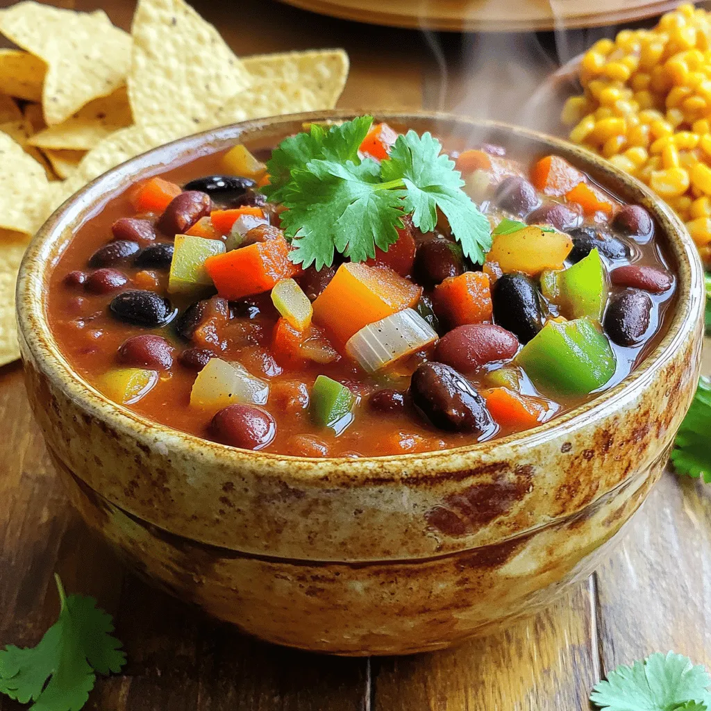 For this chili, you need three types of beans. They add great texture and flavor. Use: - 1 can (15 oz) kidney beans, drained and rinsed - 1 can (15 oz) black beans, drained and rinsed - 1 can (15 oz) pinto beans, drained and rinsed These beans are not just tasty. They are also packed with protein and fiber. This makes the dish filling and healthy. Next, let's talk about the veggies. They bring freshness and color to the chili. You will need: - 1 tablespoon olive oil - 1 medium onion, finely chopped - 2 cloves of garlic, minced - 1 bell pepper (choose either red or green), diced - 2 celery stalks, diced - 2 medium carrots, peeled and diced These vegetables create a wonderful base. The onion and garlic add a rich aroma. The bell pepper, celery, and carrots provide crunch and sweetness. Now, for the spices. They are the heart of this chili. You will want: - 1 can (28 oz) crushed tomatoes - 2 tablespoons tomato paste - 2 cups vegetable broth - 1 tablespoon chili powder - 1 teaspoon ground cumin - 1 teaspoon smoked paprika - 1/2 teaspoon cayenne pepper (optional, for added heat) - Salt and freshly ground black pepper to taste - Fresh cilantro, roughly chopped, for garnish These spices work together to create a rich flavor. The chili powder adds warmth, while cumin and smoked paprika give depth. Adjust the cayenne for your spice level. For the full recipe, check the details above. Enjoy your cooking! Start by gathering all your ingredients. You will need three types of beans: kidney, black, and pinto. You will also need an onion, garlic, bell pepper, celery, and carrots. Make sure to chop the onion finely and dice the other veggies. This helps them cook evenly. Rinse the beans under cool water to remove any extra salt or liquid. 1. Heat one tablespoon of olive oil in a large pot over medium heat. 2. Add the chopped onion and sauté for 3-4 minutes. Wait until the onion looks soft. 3. Next, mix in the garlic, bell pepper, celery, and carrots. Stir for about 5-7 minutes. All the veggies should be tender. 4. Pour in the crushed tomatoes, tomato paste, and vegetable broth. Stir everything well. 5. Now, add the rinsed kidney beans, black beans, and pinto beans. Mix gently but well. 6. Season with chili powder, ground cumin, smoked paprika, cayenne pepper, salt, and pepper. Stir to blend the spices. 7. Raise the heat slightly. Let the chili simmer until it bubbles. Once it simmers, lower the heat and cover the pot. 8. Let it cook for 30-35 minutes. Stir it occasionally to prevent sticking. 9. After cooking, taste the chili. Adjust the spices if needed. You want it to be just right. Serve the chili warm in bowls. I love adding fresh cilantro on top for a pop of color. You can also pair it with warm cornbread or crunchy tortilla chips. For a special touch, add a dollop of sour cream or slices of creamy avocado. This not only adds flavor but makes the dish look great too. You can find the full recipe [here](#). You can make your chili as spicy as you want. Start with the base spices like chili powder. If you like it hot, add cayenne pepper. Taste as you go, and don’t be shy. You can always add more spice later. If it gets too spicy, add some extra beans or a bit of sugar to balance it out. To boost the flavor, try adding fresh herbs like cilantro or parsley. A splash of lime juice can brighten the dish too. You might also experiment with different spices, like oregano or coriander. The more you play with flavors, the better your chili will be! Presentation is key to a great meal. Serve your chili in colorful bowls to make it pop. Add a sprinkle of cilantro on top for color. If you want to impress, pair it with warm cornbread or crispy tortilla chips. You can add a dollop of sour cream or slices of avocado for extra flair. Check out the Full Recipe for more serving ideas! {{image_4}} You can change up the beans in your chili. Use any canned beans you like. Great options are chickpeas or lentils. These will add new flavors and textures. Just remember to drain and rinse them first. Each type of bean brings its own taste. This makes your chili unique every time you make it. Feel free to toss in more vegetables. Zucchini, corn, or spinach work well. You can also add mushrooms for a nice umami kick. More veggies boost nutrients and make the chili heartier. Just chop them into small pieces. Add them when you cook the other vegetables. This way, they will soften and blend in nicely. If you want a meatier taste, try meat alternatives. Crumbled tempeh or tofu adds protein. You can also use jackfruit for a pulled texture. These options bring a different flavor to the dish. Just cook them along with the onions and garlic. This helps them absorb all the tasty spices. After cooking your chili, let it cool down. Then, transfer it to an airtight container. It will stay fresh in the fridge for about 3 to 5 days. Make sure to store it promptly to keep flavors intact. When ready to eat, simply scoop out what you need. To freeze your chili, use a freezer-safe container. Leave some space at the top because it will expand. It can last in the freezer for up to 3 months. When you want to enjoy it, thaw it in the fridge overnight before reheating. Reheat your chili on the stove over medium heat. Stir it often to make sure it heats evenly. You can also use a microwave for quick reheating. Place it in a microwave-safe bowl and cover it. Heat it in short bursts, stirring in between. This keeps it from drying out. If it seems too thick after storage, add a bit of water or broth to reach your desired consistency. For the best flavor, enjoy it warm with fresh toppings from the Full Recipe. You can use kidney beans, black beans, and pinto beans. They each add a unique taste and texture. You can also mix in other beans like cannellini or chickpeas. This allows for fun and tasty variations. Each bean provides protein and fiber, making the chili hearty. Yes, you can make it ahead of time. In fact, it tastes better the next day! The flavors blend and deepen overnight. Just store it in the fridge in an airtight container. Reheat it on the stove or in the microwave before serving. Yes, it is very healthy! This chili is packed with plant-based protein and fiber. The beans help keep you full and satisfied. Plus, it's low in fat and loaded with vitamins from the vegetables. You can enjoy it guilt-free, knowing it’s good for you. Absolutely! Freezing is a great way to save leftovers. Allow it to cool completely, then pour it into freezer-safe bags or containers. It can last up to three months. When you’re ready to eat, thaw it in the fridge and reheat on the stove. I recommend chili powder, ground cumin, and smoked paprika. These spices give the chili its rich flavor. You can also add cayenne pepper for heat. Adjust the spice levels to fit your taste. Don’t be afraid to experiment with other spices too! If you want more heat, add extra cayenne pepper or chili powder. You can also include fresh jalapeños or hot sauce. Start with a little and taste as you go. This way, you can find the perfect heat level for you. This chili pairs well with cornbread or tortilla chips. You can also serve it over rice or quinoa. Topping it with avocado or sour cream adds creaminess. Fresh cilantro gives a nice burst of flavor. Enjoy it however you like! Yes, this recipe is already vegan! All the ingredients are plant-based. Just ensure any toppings you use, like sour cream, are also vegan options. You can use cashew cream or dairy-free yogurt as a substitute. Yes, you can add meat if you prefer. Ground turkey or beef works well. Cook the meat first, then follow the recipe as usual. Just keep in mind that this will change the flavor and texture. You learned about making Vegetarian Three Bean Chili. We covered required beans, vegetables, and spices. I gave you steps for cooking and serving. You now have tips to adjust spices and boost flavor. Plus, there are ideas for variations and storage. This chili is easy and healthy. It fits any meal plan. Enjoy sharing it with friends and family. Now it’s time to make your own delicious chili!
