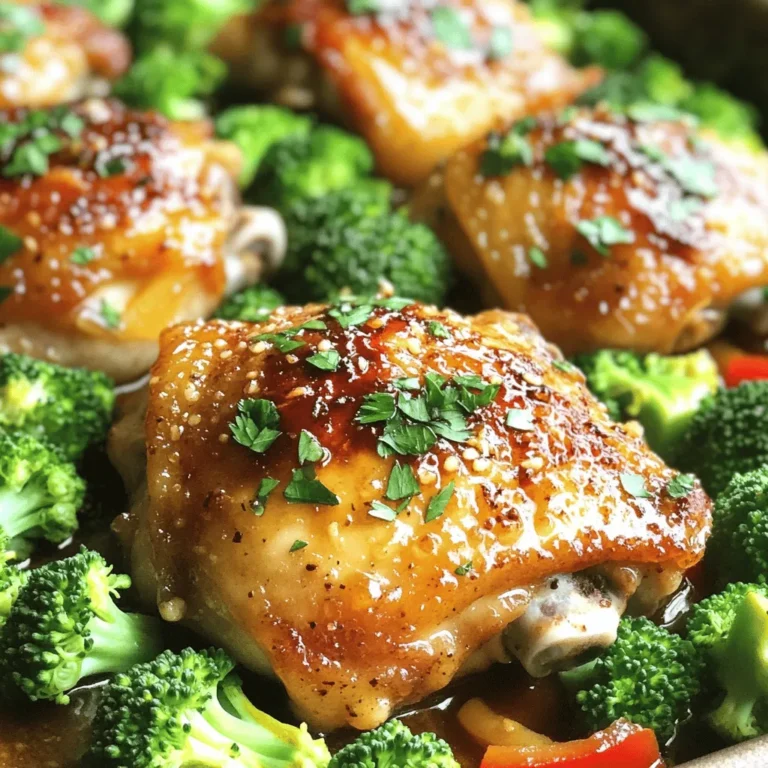 - 4 chicken thighs, bone-in and skin-on - 2 tablespoons extra virgin olive oil - 1/2 cup honey - 4 cloves garlic, finely minced - Sea salt and freshly ground black pepper - 2 tablespoons soy sauce - 1 tablespoon apple cider vinegar - 1 teaspoon freshly grated ginger - 1/4 teaspoon red pepper flakes (optional) - 1 cup fresh broccoli florets - 1 red bell pepper, thinly sliced - Fresh parsley for garnish The ingredients for One Pan Honey Garlic Chicken are simple yet flavorful. The chicken thighs bring richness and a great texture. The skin-on aspect gives you that crispy finish. The olive oil adds a nice fat that helps with cooking and flavor. Honey is the star here, giving sweetness and a sticky glaze. Garlic brings a strong aroma and taste. For seasoning, sea salt and black pepper are classic choices. The soy sauce enhances the umami flavor. Apple cider vinegar adds a tang that balances the sweetness. Ginger gives a warm spice, while red pepper flakes can add heat if you like. For vegetables, fresh broccoli florets and red bell pepper add color and crunch. They soak up the sauce, making every bite tasty. Fresh parsley is the final touch, adding brightness and a pop of color. With these ingredients, you create a meal that looks good and tastes even better. For the full recipe, refer to the earlier section. - Preheat the oven to 400°F (200°C). - Heat 2 tablespoons of olive oil in a large oven-safe skillet. - Season 4 chicken thighs with sea salt and freshly ground black pepper. - Place the chicken thighs skin-side down in the skillet. Sear for about 5-7 minutes. - Flip the chicken and reduce the heat to medium. This keeps it from burning. - In a bowl, whisk together 1/2 cup honey, 4 minced garlic cloves, 2 tablespoons soy sauce, 1 tablespoon apple cider vinegar, and 1 teaspoon freshly grated ginger. - Pour the sauce over the chicken in the skillet. - Scatter 1 cup of broccoli florets and 1 thinly sliced red bell pepper around the chicken. Make sure the veggies get some sauce. - Transfer the skillet to the preheated oven. Bake for 20-25 minutes. - Check that the chicken reaches an internal temperature of 165°F (75°C). This means it is safe to eat. For the full recipe, be sure to check out the complete instructions and tips provided! To get crispy chicken skin, start with dry chicken. Pat the skin with paper towels. This helps it crisp up nicely. Use a hot skillet and sear the chicken skin-side down. Let it cook without moving it for 5-7 minutes. This forms a beautiful golden crust. When you flip it, lower the heat to medium. This cooks it through without burning. For extra flavor, think about adding spices. A pinch of paprika gives a nice smoky taste. You can also add a little garlic powder for depth. Fresh herbs like thyme or rosemary work wonders too. Toss them in before baking. They add a lovely aroma and fresh taste. If you want to skip the oven, you can cook this on the stove. Just use a large skillet and cover it. This keeps the moisture in while cooking. You can also grill the chicken for a smoky flavor. For a gluten-free option, swap soy sauce with coconut aminos. It tastes great and keeps the dish safe for everyone. This One Pan Honey Garlic Chicken is not just easy to make; it also allows room for creativity. You can adapt it to your taste and needs. For the full recipe, check out the link above! {{image_4}} You can easily swap chicken thighs for breasts. Breasts cook faster, so check for doneness sooner. You might also try skinless chicken for a lighter dish. For veggies, use snap peas, carrots, or asparagus instead of broccoli and bell pepper. Each swap adds a new twist to the dish. To make a gluten-free version, replace soy sauce with coconut aminos. This keeps the flavor while removing gluten. You can also reduce sugar by using less honey or a sugar-free syrup. This keeps the dish sweet without all the sugar. This honey garlic chicken pairs well with rice or quinoa. Both soak up the sauce nicely. For a fresh touch, add a side salad or steamed veggies. When serving, place the chicken on a large platter. Drizzle extra sauce on top for a beautiful presentation. Fresh herbs like parsley add color and flavor. Check out the Full Recipe for more tips! To store leftover One Pan Honey Garlic Chicken, place it in the fridge. Use airtight containers to keep it fresh. This dish can stay good for 3 to 4 days. Make sure to cool it down before sealing the container. It helps prevent moisture buildup. When reheating chicken, the oven is best. Preheat the oven to 350°F (175°C). Place the chicken in an oven-safe dish. Cover it with foil to retain moisture. Heat for about 15 to 20 minutes. The chicken should reach 165°F (75°C) for safe eating. You can also use the microwave, but it may dry out the chicken. For freezing, let the leftovers cool completely first. Place them in freezer-safe bags. Remove as much air as possible before sealing. This will help prevent freezer burn. You can freeze the chicken for up to 3 months. To thaw, move it to the fridge overnight. This keeps the texture nice and juicy. You can make this dish spicy by adding red pepper flakes. Start with a pinch. If you want more heat, add an extra 1/4 teaspoon. You can also use fresh chili peppers. Dice them up and mix them in with the sauce for added flavor. Another option is to use spicy soy sauce instead of regular soy sauce. This adds a kick and enhances the overall taste. Yes, you can use frozen chicken thighs. However, you should thaw them first for even cooking. To thaw, place the chicken in the fridge overnight. If you're short on time, you can use the microwave's defrost option. Once thawed, follow the recipe as usual. Remember, cooking times may increase slightly if you start with cold meat. This chicken pairs well with many side dishes. Here are some excellent options: - Steamed rice - Quinoa - Mashed potatoes - Roasted vegetables - A fresh garden salad Choose any of these to create a complete and satisfying meal. To check if the chicken is cooked, use a meat thermometer. The internal temperature should reach 165°F (75°C). Insert the thermometer into the thickest part of the thigh, avoiding the bone. If you don’t have a thermometer, cut into the chicken. The juices should run clear, and the meat should no longer be pink. Always ensure the chicken is safe to eat. This blog post covered how to make One Pan Honey Garlic Chicken. We discussed essential ingredients like chicken thighs, honey, garlic, and vibrant veggies. You learned step-by-step instructions from preparing the chicken to baking it in the oven. In closing, this dish is simple and delicious. Experiment with flavors and make it your own. Enjoy a satisfying meal that brings joy to the table. Happy cooking!