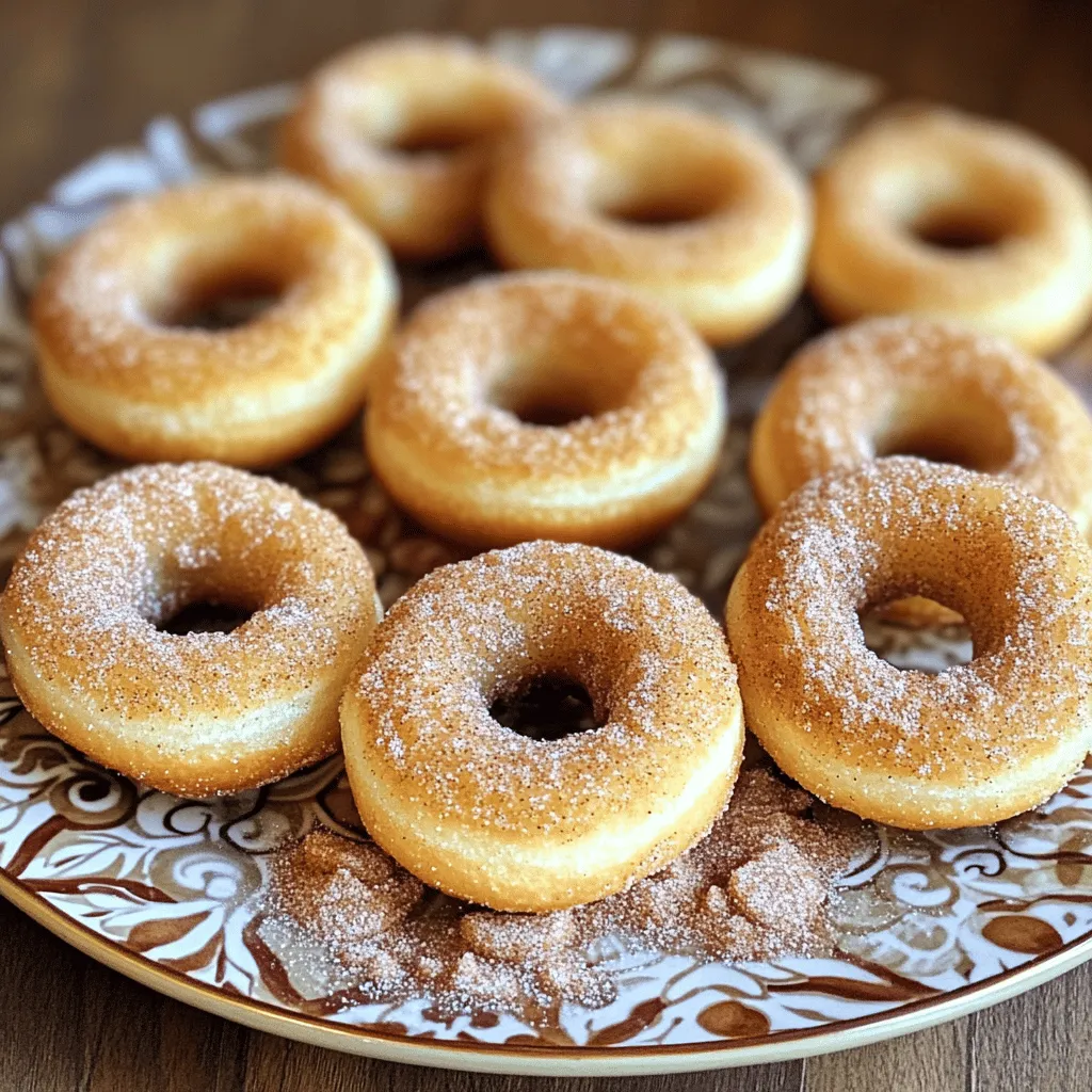 To make baked churro donuts, you will need the following key ingredients: - 1 cup all-purpose flour - 1/2 cup granulated sugar - 1 teaspoon baking powder - 1/2 teaspoon ground cinnamon - 1/4 teaspoon salt - 1/2 cup unsweetened applesauce - 1/4 cup milk (dairy or non-dairy) - 1/4 cup melted coconut oil or vegetable oil - 1 teaspoon vanilla extract - 1/4 cup granulated sugar (for coating) - 1 teaspoon ground cinnamon (for coating) These ingredients come together to create the sweet, cinnamon flavor you love in churros. You can easily swap some ingredients based on what you have at home. Here are some ideas: - Replace all-purpose flour with gluten-free flour for a gluten-free option. - Use maple syrup instead of granulated sugar for a natural sweetener. - Substitute applesauce with mashed bananas for a different flavor. - Choose almond milk or oat milk if you prefer non-dairy options. These substitutions allow more people to enjoy these delicious donuts, no matter their dietary needs. Selecting the right ingredients makes a big difference in taste. Here are some tips: - Choose fresh spices, like ground cinnamon, for a more vibrant flavor. - Use high-quality vanilla extract for the best aroma and taste. - Look for organic applesauce, as it often has a richer flavor without added sugars. - Select a light coconut oil or vegetable oil to keep the donuts moist but not heavy. Using quality ingredients elevates your baked churro donuts to a whole new level. For the full recipe, check out the link above! 1. Preheating the Oven and Preparing the Pan Start by preheating your oven to 350°F (175°C). Grab your donut pan and spray it lightly with non-stick spray. This helps the donuts come out easily after baking. 2. Mixing Dry Ingredients In a large mixing bowl, whisk together the following dry ingredients: - 1 cup all-purpose flour - 1/2 cup granulated sugar - 1 teaspoon baking powder - 1/2 teaspoon ground cinnamon - 1/4 teaspoon salt Mix these well until they are evenly blended. 3. Combining Wet Ingredients In a separate bowl, combine these wet ingredients: - 1/2 cup unsweetened applesauce - 1/4 cup milk (dairy or non-dairy) - 1/4 cup melted coconut oil or vegetable oil - 1 teaspoon vanilla extract Stir until smooth. This will create a nice base for your donuts. 4. Filling the Donut Pan Carefully add the wet mixture to the bowl with the dry ingredients. Gently stir until just combined. Avoid overmixing to keep your donuts light and fluffy. Transfer the batter into a piping bag or ziplock bag. Fill each donut cavity about 2/3 full. 5. Baking the Donuts Place the filled donut pan into your preheated oven. Bake for 10-12 minutes. The donuts will become lightly golden. Use a toothpick to check if they are ready; it should come out clean. 6. Making the Cinnamon Sugar Coating While the donuts bake, mix the cinnamon sugar coating. In a shallow bowl, blend: - 1/4 cup granulated sugar - 1 teaspoon ground cinnamon Mix them well. This coating gives the donuts that classic churro flavor. You can find the complete recipe in the [Full Recipe]. Enjoy your baking! Avoiding Overmixing To make perfect baked churro donuts, mix your batter gently. Overmixing causes tough donuts. Stir just until the dry and wet ingredients come together. This keeps your donuts light and fluffy. Ensuring Even Baking For even baking, fill each donut cavity the same amount. This helps them bake at the same rate. Rotate the pan halfway through baking. This promotes uniform heat and browning. Presentation Tips for Serving Make your churro donuts shine! Use a pretty platter to showcase them. A light dusting of cinnamon sugar adds a nice touch. You can even serve them in small paper bags for a fun look. Customizing with Dipping Sauces Dipping sauces can elevate your donuts. Try chocolate sauce for a rich pairing. A caramel or dulce de leche sauce adds sweetness. Serve sauces on the side for a delightful experience. For a twist, mix in a bit of spice, like cayenne, into the chocolate. This adds a surprising kick! For the complete recipe, check out the [Full Recipe]. {{image_4}} - Adding Chocolate Chips You can make your churro donuts even better by adding chocolate chips. Simply mix in about 1/2 cup of mini chocolate chips into the batter. This adds a nice touch of sweetness and richness. - Using Different Spices While cinnamon is classic, you can experiment with other spices. Try nutmeg for a warm kick or cardamom for a unique flavor. Just a pinch can change the whole taste, making it special. - Gluten-Free Options If you need gluten-free churro donuts, use a gluten-free flour blend. Look for blends that include xanthan gum to help with texture. This lets you enjoy the donuts without worry. - Vegan Alternatives To make these donuts vegan, swap the milk for a plant-based option and use flax eggs instead of regular eggs. Combine 1 tablespoon of ground flaxseed with 2.5 tablespoons of water. Let it sit for a few minutes to thicken. This keeps the donuts soft and moist while staying plant-based. Explore these variations to find your favorite twist on baked churro donuts! For a full recipe, check out the [Full Recipe]. - Best Containers for Storage Use an airtight container to store your baked churro donuts. This keeps them fresh longer. A plastic or glass container with a tight lid works well. You can also use a resealable plastic bag. Just make sure to remove as much air as possible before sealing. - Shelf Life of Baked Churro Donuts When stored properly, these donuts last about 2 to 3 days at room temperature. If you want to keep them longer, refrigerate them for up to a week. For even longer storage, you can freeze them. They stay good in the freezer for about 2 months. - Tips for Keeping Donuts Fresh When you’re ready to enjoy your donuts again, reheating is key. Preheat your oven to 350°F (175°C). Place the donuts on a baking sheet. Heat them for about 5 to 7 minutes. This method keeps them soft and tasty. If you want a quick option, you can use the microwave. Heat each donut for about 10 seconds. However, this may not keep them as crispy. By following these storage and reheating tips, you can enjoy your baked churro donuts even after the first day. For the full recipe, check out the [Full Recipe]. How do I know when the donuts are done baking? You can tell when the donuts are done by looking for a light golden color. Insert a toothpick into the center of a donut; it should come out clean. If it has batter on it, give them a few more minutes. Can I freeze baked churro donuts? Yes, you can freeze these donuts! Place them in a single layer on a baking sheet until frozen. Once solid, transfer them to an airtight container. They last up to three months in the freezer. What makes these donuts healthier than traditional churros? Baked churro donuts use less oil and no frying. They also have applesauce, which adds moisture. This swap cuts calories and fat while keeping great flavor. How to enhance the churro flavor further To boost the churro flavor, try adding a pinch of nutmeg to the batter. You can also mix in some finely chopped chocolate or caramel bits for a sweet surprise. Can I make these donuts in advance? You can prepare the batter ahead of time. Store it in the fridge for up to 24 hours. Just remember to give it a good stir before filling the donut pan. For best results, bake them fresh! For the full recipe, refer to the Baked Churro Donuts recipe above. We explored how to make tasty baked churro donuts from start to finish. You learned about key ingredients and useful substitutions. I shared tips for great baking and tasty serving ideas. Don’t forget, you can customize with flavors or dietary swaps. Store leftovers properly for the best taste later. Enjoy these donuts fresh or reheated. With this guide, you're ready to impress yourself and others with your baked churro donuts. Happy baking!
