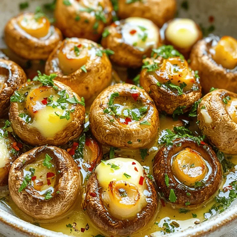 To make roasted garlic butter mushrooms, you'll need some simple yet flavorful ingredients. Here’s the list I recommend: - 500g baby bella mushrooms - 4 tablespoons unsalted butter - 1 whole bulb of garlic - 2 tablespoons fresh parsley - 1 tablespoon fresh thyme leaves - 1 teaspoon crushed red pepper flakes (optional) - Salt and pepper to taste - Zest of 1 lemon Each ingredient plays a role in creating that rich, savory taste. The baby bella mushrooms bring a nice earthiness. The butter and garlic combine to create a creamy, aromatic sauce. Fresh herbs like parsley and thyme add brightness. Lemon zest gives a pop of freshness that balances the dish. When I prepare this, I love to focus on quality. Fresh herbs and good-quality butter make a big difference. Sourcing your ingredients sustainably not only helps the planet but also boosts flavor. For a detailed guide on how to combine these ingredients, check the Full Recipe. - Preheat your oven to 400°F (200°C). - In a medium saucepan, melt 4 tablespoons of unsalted butter over low heat. Add 1 whole bulb of peeled garlic cloves. Let them simmer for about 10 minutes. This will soften the garlic and blend its flavor into the butter nicely. - In a large bowl, mix 500g of cleaned baby bella mushrooms with the garlic butter. - Add 2 tablespoons of finely chopped fresh parsley, 1 tablespoon of fresh thyme leaves, and 1 teaspoon of crushed red pepper flakes if you like heat. - Season with salt, pepper, and the zest of 1 lemon. Toss everything gently to coat each mushroom well. - Line a baking sheet with parchment paper. Spread the mushroom mixture evenly over the sheet. - Roast the mushrooms in your preheated oven for 25 to 30 minutes. Stir them halfway through to ensure even cooking. The mushrooms should be tender and golden brown when done. For the full recipe, check out the Garlic Bliss Roasted Mushrooms section. To get the best garlic flavor, simmer the garlic in butter for about 10 minutes. This step softens the garlic and lets its taste infuse into the butter. If you like a stronger garlic taste, you can add more cloves. Just be careful, too much can overpower the dish. Look for mushrooms that are golden brown and tender to know they are done. If they are soggy, it might be because they sat in too much liquid. To avoid that, dry the mushrooms well before cooking. Make sure to spread them in a single layer on the baking sheet, so they roast nicely. For an elegant finish, serve the roasted mushrooms in a shallow bowl. Drizzle any leftover garlic butter from the baking sheet over the top. Garnish with chopped parsley and a sprinkle of lemon zest for a bright touch. This makes the dish not only tasty but also beautiful to look at. {{image_4}} You can change up the herbs for new tastes. Try using fresh rosemary or dill. Both herbs add unique flavors. Rosemary brings a woodsy note, while dill adds a fresh twist. Mix and match herbs to find your favorite combo. Want to make this dish heartier? You can add cooked chicken or shrimp. Simply toss them in with the mushrooms before roasting. For a vegetarian option, try chickpeas or tofu. These proteins soak up garlic butter flavor well. To add some heat, sprinkle in chili powder or a splash of sriracha. This will kick up the flavor. If you prefer a milder taste, skip the spices or use less. Adjusting spice levels helps suit everyone’s palate. Try these variations to make roasted garlic butter mushrooms your own. For the full recipe, check the section above! To keep your roasted garlic butter mushrooms fresh, store them in an airtight container. This helps lock in flavors and moisture. Let the mushrooms cool before sealing them. You can keep them in the fridge for up to three days. After that, they may lose their taste and texture. When reheating, the oven is best. It helps keep the mushrooms crisp. Preheat your oven to 350°F (175°C). Place the mushrooms on a baking sheet and heat for about 10 minutes. This way, they stay tasty and warm. If you need a quick fix, use the microwave. Place the mushrooms in a microwave-safe dish. Cover them to avoid drying out. Heat for 1-2 minutes, checking often. Just remember, they might lose some texture this way. For the best flavor and texture, always reheat gently. Avoid high heat, as it can make them soggy. Enjoy your delicious leftovers! You can find the full recipe for garlic bliss roasted mushrooms to make a fresh batch anytime. Yes, you can use different types of mushrooms. Portobello and shiitake mushrooms are great options. Portobello mushrooms have a meaty texture, which adds depth to the dish. Shiitake mushrooms offer a rich, earthy flavor. Try mixing different mushrooms for a unique taste experience. Absolutely! To make this dish vegan, use vegan butter instead of regular butter. Look for brands that melt well. For garlic, you can still use fresh garlic or try roasted garlic for a sweeter taste. These swaps keep the dish flavorful while meeting vegan needs. You can enhance the flavor by adding more herbs or spices. Fresh basil or oregano can work well. For a bolder taste, try adding balsamic vinegar or soy sauce. Marinating the mushrooms before roasting will also help. Let them soak in the garlic butter mix for at least 30 minutes. This allows the flavors to penetrate deeper into the mushrooms. This blog post showed you how to make delicious garlic butter roasted mushrooms. We covered the key ingredients, simple steps, and helpful tips for perfecting your dish. Remember to check the mushrooms for doneness and adjust flavors to your liking. You can even add proteins or swap herbs for a new twist. Keep your leftovers fresh and enjoy experimenting with different flavors. These mushrooms will surely impress at any meal. Happy cooking!