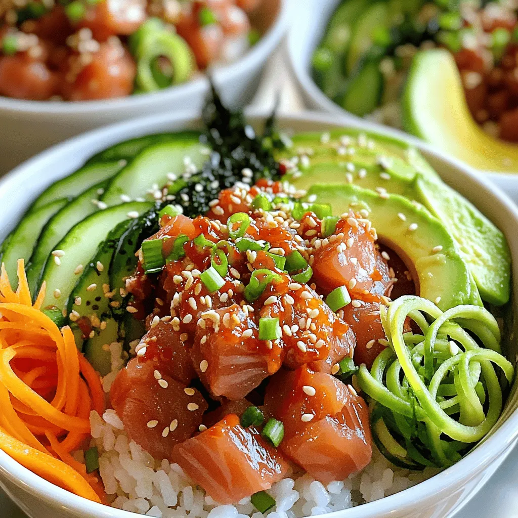 - 1 cup sushi rice - 8 ounces sushi-grade tuna - 2 tablespoons sriracha sauce - 1 tablespoon mayonnaise - 1 ripe avocado - 1 small cucumber - 1 medium carrot - 2 green onions - 1 tablespoon rice vinegar - 1 teaspoon sugar - ½ teaspoon salt - 1 tablespoon sesame seeds - Seaweed sheets When making Spicy Tuna Sushi Bowls, these ingredients shine. Sushi rice is the base. It gives a nice texture and flavor. Sushi-grade tuna is key for freshness and safety. I recommend using high-quality tuna for the best taste. Sriracha adds heat, while mayonnaise provides creaminess. You can use Kewpie mayonnaise for extra flavor. Fresh additions make each bowl pop. Avocado offers creaminess, cucumber gives a refreshing crunch, and carrot adds color. Green onions provide a mild bite that rounds out the dish. For seasoning, rice vinegar, sugar, and salt balance the flavors in the rice. Sesame seeds add a nutty crunch, while seaweed sheets give a lovely finish. You can find the Full Recipe to guide you in making this delicious dish. - Rinsing the rice: Start by rinsing 1 cup of sushi rice under cold water. Keep rinsing until the water runs clear. This helps remove excess starch. - Cooking the rice: In a pot, combine the rinsed rice with 1 ¼ cups of water. Bring it to a boil. Once boiling, reduce the heat to low. Cover the pot and let it simmer for 15 minutes. The water should be fully absorbed. - Seasoning the rice: After cooking, remove the pot from heat. Let it sit for 10 minutes, still covered. In a bowl, mix 1 tablespoon rice vinegar, 1 teaspoon sugar, and ½ teaspoon salt. Microwave briefly to dissolve sugar. Fluff the rice and drizzle the vinegar mix over it. Gently fold it in. - Combining tuna with sriracha and mayonnaise: In a bowl, combine 8 ounces of sushi-grade tuna, 2 tablespoons sriracha, and 1 tablespoon mayonnaise. Mix until the tuna is well-coated in the spicy sauce. - Dividing the rice into bowls: Take the seasoned rice and divide it into two bowls as the base. - Adding spicy tuna and fresh toppings: Top each bowl with the spicy tuna mix. Then, add fresh toppings like avocado slices, julienned cucumber, and spiralized carrot for color. - Finishing touches with garnishes: Sprinkle chopped green onions and toasted sesame seeds over the bowls. Add strips of seaweed on top. Serve with a small dish of soy sauce for dipping. This process creates a dish that is both vibrant and delicious! For a more detailed guide, refer to the Full Recipe. Rinsing sushi rice matters. It removes extra starch. This step helps keep the rice fluffy. To rinse, place rice in a bowl. Run cold water over it, then stir gently. When the water runs clear, it's ready to cook. For cooking, use a rice cooker or stovetop. Combine 1 cup of rinsed rice with 1 ¼ cups of water. Bring to a boil, then cover and simmer. Let it sit for ten minutes after cooking. This resting time makes the rice tender. You can adjust the spice in your tuna mix. If you love heat, add more sriracha. For a milder taste, use less. Mixing in a bit of soy sauce can balance the spice. You can also try different sauces. A drizzle of ponzu adds a tangy twist. Alternatively, use a creamy spicy mayo for richness. Make your sushi bowls look stunning. Start with the rice as a base. Arrange the spicy tuna on top. Then layer your veggies in a colorful way. Use a mix of green avocado, bright orange carrot, and crisp cucumber. Choose colorful dishes to enhance the look. A white bowl often makes the colors pop. Lastly, use chopsticks for a fun, authentic experience. For the final touch, sprinkle sesame seeds and seaweed strips over the bowls. This makes them look even more appealing. {{image_4}} You can change the protein in your spicy tuna sushi bowls for a new twist. Salmon is a great substitute. It offers a rich flavor and buttery texture. If you prefer a plant-based option, tofu works well too. Just press and marinate it in soy sauce for extra taste. These swaps keep the dish fresh and fun. To make your bowls more exciting, try adding fruits. Diced mango or pineapple gives a sweet contrast to the spice. This fruity touch brightens each bite and adds a tropical feel. You can also incorporate pickled vegetables. Pickled radishes or carrots add tang and crunch, enhancing the overall flavor. Sushi rolls and sushi bowls are both delicious but differ in style. Sushi rolls are wrapped and need more skill to make. Sushi bowls, however, are simpler and quicker to assemble. You can enjoy them cold or warm, depending on your mood. I love serving mine cold, especially on hot days. Each option offers a unique dining experience. For the full recipe, check the details provided. To keep your spicy tuna sushi bowls fresh, follow these steps: - Store in an airtight container: This helps prevent air from drying out the ingredients. - Cool before sealing: Let the bowls cool to room temperature. This avoids steam buildup, which can make your sushi soggy. - Refrigerate promptly: Place the container in the fridge within two hours of making the bowls to ensure food safety. You can enjoy your sushi bowls cold or warm. Here are some tips: - Microwave: If you choose to heat, use a microwave on low power. Heat for short bursts to avoid cooking the tuna. - Cold servings: Enjoying the bowls cold can keep all the fresh flavors intact. This is often how sushi is best served, preserving the texture of the fish. Leftover spicy tuna sushi bowls can last: - In the fridge: 1 to 2 days if stored properly. - After that: The quality may decline, especially for the fish. Always check for any off smells or changes in texture before eating. You can find the Full Recipe for more details on making these delicious bowls! Use sushi-grade tuna for sushi bowls. This type of tuna is safe to eat raw. Regular tuna is not the same. It may not be fresh enough for sushi. Sushi-grade tuna comes from a trusted source. It has a bright color and firm texture. Always check for freshness when buying. Regular rice has a different texture and flavor. Sushi rice is stickier and can hold its shape. It also absorbs flavors better. Regular rice may not give the same experience. For the best sushi bowls, stick with sushi rice. To reduce spice, use less sriracha in the mix. You can also add more mayonnaise. This will cool down the heat. Another option is to add more avocado or cucumber. Both ingredients help balance the spice. Raw tuna is safe if it is sushi-grade. Sushi-grade tuna is frozen to kill parasites. Always buy from a reliable source. Look for freshness and a clean smell. If you're unsure, ask the fishmonger for advice. You can prep components in advance. Cook the rice and store it in the fridge. Also, mix the spicy tuna and keep it cold. Cut veggies like avocado may brown. Add them just before serving for the best look. You can find the Full Recipe for Spicy Tuna Sushi Bowls in this article. It guides you step by step, ensuring a delicious meal. You learned how to make delicious Spicy Tuna Sushi Bowls. We covered key ingredients, from sushi rice to fresh toppings. I guided you through simple steps for preparing the rice and mixing the spicy tuna. With tips on customization and storage, you can enjoy these bowls anytime. Remember, balance flavors and textures for the best experience. Enjoy your sushi bowl creations!