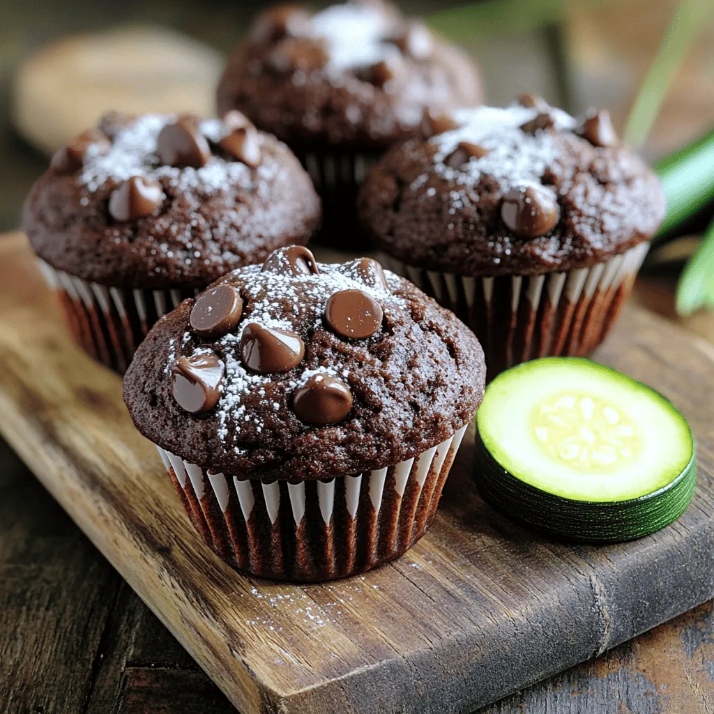 - 1 cup grated zucchini - 1 cup all-purpose flour - 1/2 cup unsweetened cocoa powder - 1/2 teaspoon baking soda - 1 teaspoon baking powder - 1/2 teaspoon salt - 1/2 cup granulated sugar - 1/4 cup brown sugar - 1/2 cup vegetable oil - 2 large eggs - 1 teaspoon vanilla extract - 1/2 cup chocolate chips - Optional: walnuts or pecans When you gather your ingredients, fresh zucchini is key. Make sure to use a medium-sized zucchini. Grating it finely helps blend the flavors well, making your muffins moist. For gluten-free muffins, swap all-purpose flour with a gluten-free blend. Many brands offer these blends that work well in baking. If you want vegan muffins, replace eggs with flax eggs. Mix one tablespoon of flaxseed meal with three tablespoons of water. Let it sit for five minutes to thicken. For cocoa powder, I suggest using Dutch-processed cocoa. It has a rich flavor. Brands like Ghirardelli and Hershey's are great choices. For chocolate chips, look for high-quality brands. Guittard or Enjoy Life offer delicious options that melt well and taste amazing. You can find the Full Recipe above to create these tasty treats. Enjoy baking! - First, wash and dry the zucchini. - Grate it using a box grater or food processor. - Measure 1 cup of the grated zucchini. - In another bowl, measure all dry ingredients: flour, cocoa powder, baking soda, baking powder, and salt. - In a third bowl, measure the wet ingredients: granulated sugar, brown sugar, oil, eggs, and vanilla extract. - In the bowl with wet ingredients, mix well until smooth. - In the bowl with dry ingredients, whisk until combined. - Slowly add the dry mix to the wet mix. - Fold gently until just combined. Lumps are okay! - Add chocolate chips and nuts, folding them in carefully. - Grab your muffin tin and fill each cup 3/4 full with batter. - Preheat your oven to 350°F (175°C). - Bake for 18-22 minutes, checking with a toothpick for doneness. - When done, cool for 5 minutes in the tin, then transfer to a wire rack. This method makes sure you get rich and flavorful chocolate zucchini muffins every time! For more details, check out the Full Recipe. To make the best chocolate zucchini muffins, keep a few tips in mind. First, avoid dense muffins by not overmixing your batter. Mix gently until the dry ingredients blend with the wet ones. A few lumps are okay! Next, ensure even baking by filling each muffin cup about three-quarters full. This allows them to rise nicely and bake evenly. Watch out for common pitfalls when making muffins. Overmixing the batter leads to tough muffins. Stir just enough to combine the ingredients. Also, not measuring ingredients correctly can ruin your muffins. Use measuring cups and spoons for dry and wet ingredients. Precision matters in baking! Storing your muffins well keeps them fresh longer. Place them in an airtight container at room temperature for up to three days. For longer storage, freeze them. Wrap each muffin in plastic wrap and place them in a freezer bag. They will stay fresh for up to three months. Just thaw them at room temperature before enjoying! For a detailed recipe, check out the Full Recipe for chocolate zucchini muffins. {{image_4}} You can make these muffins even better. Try adding spices like cinnamon or nutmeg. Just a pinch can enhance the taste. If you want more texture, mix in nuts or different chocolate types. A swirl of peanut butter or almond butter adds a rich twist. You can even toss in dried fruit like cranberries or cherries for added sweetness. Want to make gluten-free chocolate zucchini muffins? Use gluten-free flour instead of all-purpose flour. You can find many great blends at the store. If you prefer vegan muffins, swap eggs for flax eggs. Mix one tablespoon of ground flaxseed with two tablespoons of water. Let it sit for a few minutes to thicken before adding it to your batter. You can also use plant-based milk in place of regular milk if your recipe calls for it. Pair your muffins with a hot drink. Coffee or tea is always a great choice. For a fun twist, serve them with a scoop of ice cream. You can also make a muffin sandwich with nut butter and banana slices. This turns an ordinary muffin into a delightful treat. If you want to impress guests, dust them with powdered sugar before serving. For a fresh touch, add a slice of strawberry or a few mint leaves on top. To get the full experience, check out the Full Recipe for more tips and tricks! Each muffin has about 180 calories. It contains 24 grams of carbs, 8 grams of fat, and 3 grams of protein. This balance makes it a tasty treat that can fit into many diets. Zucchini is low in calories and high in water. One cup of grated zucchini has only 19 calories. It also provides fiber, which helps digestion. Zucchini is rich in vitamins A and C, which support your immune system and skin health. Dark chocolate, on the other hand, is full of antioxidants. It can improve heart health and boost mood. To make these muffins even healthier, try reducing the sugar. Use half the amount or swap it for a natural sweetener like maple syrup. You can also use whole grain flour instead of all-purpose flour. This change adds fiber and makes the muffins heartier. Both tips keep them tasty while offering more nutrition. For the full recipe, check out the details above. To keep your muffins fresh, store them in an airtight container. You can leave them at room temperature for up to two days. If you want to keep them longer, refrigerate them. For even more time, freeze them. Just wrap each muffin in plastic wrap before placing them in a freezer bag. They can last up to three months in the freezer. Yes, you can use other vegetables! Carrots work well and add a nice sweetness. You can also try using finely grated sweet potatoes. They give a different flavor but still blend well. Make sure to squeeze out extra moisture from the veggies to keep your muffins light. To check if your muffins are done, look for a golden brown top. You can also use the toothpick test. Insert a toothpick into the center of a muffin. If it comes out clean or with a few crumbs, they are ready! If it has wet batter on it, bake a few more minutes. We explored how to make delicious chocolate zucchini muffins. You learned about the ingredients, swaps for dietary needs, and tips for success. Remember to avoid overmixing and measure ingredients carefully. Muffins can be stored or frozen for later enjoyment. Experiment with flavors and enjoy the benefits of zucchini and dark chocolate. These muffins are a tasty treat, fit for any occasion. I hope you feel inspired to bake and customize your own batch! Enjoy the process and the delicious results.