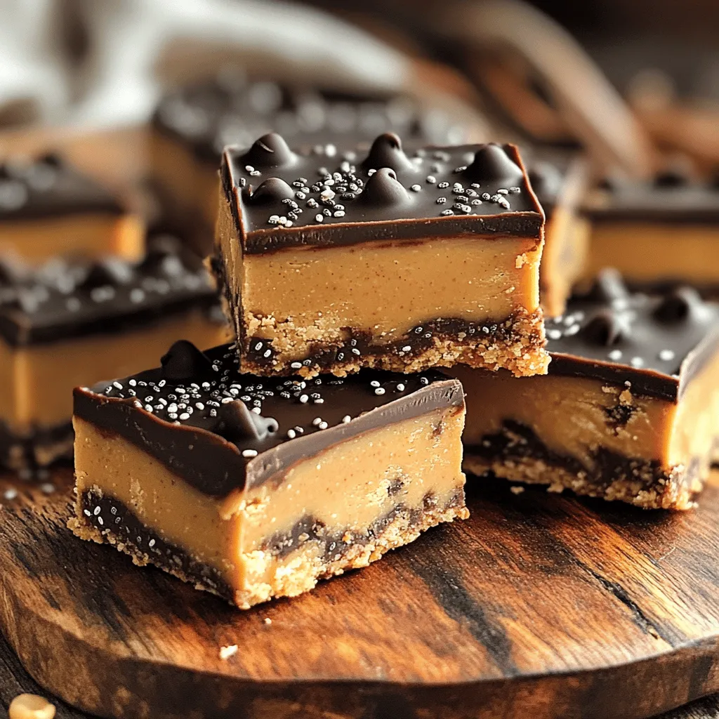 To make these no bake peanut butter chocolate bars, you need: - 1 cup natural peanut butter (creamy or crunchy) - 1/2 cup honey or maple syrup (for sweetness) - 2 cups rolled oats (old-fashioned or quick oats) - 1/2 cup chocolate chips (dark or semi-sweet for richness) - 1/4 cup chia seeds (optional for added nutrition and texture) - 1/2 teaspoon vanilla extract (for flavor enhancement) - Pinch of salt (to balance sweetness) If you want to swap ingredients, here are some ideas: - For peanut butter: Try almond butter or sunflower seed butter. - For honey: Use agave nectar or brown rice syrup. - For oats: Rolled oats can be replaced with crushed graham crackers. - For chocolate chips: Use dried fruit or nuts for a twist. - For chia seeds: Flaxseeds work well, too. These swaps keep the bars tasty while catering to your needs. These bars are not only delicious but also nutritious. Here's what you'll find in each bar: - Calories: About 200 - Protein: 6g - Fat: 10g - Carbohydrates: 24g - Fiber: 3g - Sugar: 8g These bars offer healthy fats and energy, making them a great snack. Enjoy experimenting with the Full Recipe to find your favorite mix! Start by gathering your ingredients. In a large bowl, add 1 cup of peanut butter and 1/2 cup of honey or maple syrup. Mix them well with a spatula or wooden spoon. You want it to be smooth and creamy. This is the base for our no bake peanut butter chocolate bars. Next, stir in 1/2 teaspoon of vanilla extract and a pinch of salt. This will enhance the flavor and balance the sweetness. Now, it's time for the dry ingredients. Gradually add 2 cups of rolled oats to the peanut butter mix. If you want extra nutrition, add 1/4 cup of chia seeds. Gently fold in 1/2 cup of chocolate chips. Make sure every oat is coated in the peanut butter mixture. This ensures a rich taste in each bite. To prepare for chilling, line an 8-inch square baking dish with parchment paper. Leave some paper hanging over the sides. This will help you lift the bars out later. Pour the mixture into the dish and spread it evenly. Press it down firmly so it holds together. Place the dish in the refrigerator for 1 to 2 hours. This helps the bars set properly. Once firm, lift the mixture out using the parchment paper. Cut into bars of your desired size. Enjoy your no bake peanut butter chocolate bars! For the full recipe, check the recipe section above. When making no bake peanut butter chocolate bars, a few mistakes can happen. First, make sure to measure your ingredients well. Too much peanut butter can make the bars too sticky. Too little oats can lead to a crumbly texture. Also, don't skip chilling the bars. They need time to firm up. If you cut them too soon, they will fall apart. Lastly, ensure you pack the mixture tightly in the dish. If not packed well, they won't hold their shape. You can easily boost the flavor of your bars. Adding a pinch of sea salt brings out the sweetness of the chocolate. You can also try different nut butters. Almond butter or cashew butter can give a new twist. If you want a spiced flavor, mix in a dash of cinnamon. For a fun twist, add mini marshmallows or dried fruit. These extras can add sweetness and chewiness. Experiment with flavors to find your favorite mix. Texture is key for these bars. You want them chewy yet firm. To achieve this, use old-fashioned rolled oats. They add a nice bite. If you prefer a smoother texture, use quick oats. For added crunch, include chia seeds. They not only add nutrition but also a nice texture. When mixing, be gentle with the chocolate chips. Stir them in last so they stay whole. This keeps your bars looking great, too. For the best results, allow them to chill for at least one hour. Then, slice them neatly for a perfect treat. You can find the full recipe to guide you through the process. {{image_4}} You can change the taste of these bars easily. Try adding spices like cinnamon or nutmeg for warmth. A dash of sea salt enhances the sweet and salty combo. You can also use extracts like almond or coconut for a fun twist. Each addition gives a unique flair to the classic recipe. Toppings can make your bars even better. Consider adding chopped nuts, like almonds or walnuts, for crunch. Dried fruits, like raisins or cranberries, can add a sweet chew. For a fun finish, drizzle melted chocolate on top. You can also sprinkle some sea salt for a gourmet touch. Mix-ins make each bite exciting and keep things fresh. Want a lighter version? Swap honey for a low-calorie sweetener, like stevia. You can also use almond butter or sunflower seed butter for a nut-free option. If you want a vegan recipe, replace honey with maple syrup. For a protein boost, add a scoop of protein powder to the mix. These changes make the bars fit many diets while still tasting great. For the full recipe, refer back to the instructions provided. To keep your no bake peanut butter chocolate bars fresh, store them in an airtight container. This helps prevent air from making them dry. Place parchment paper between layers to avoid sticking. Keep them in the fridge to maintain their firmness and flavor. Always take out only what you plan to eat to keep the rest fresh. You can freeze no bake peanut butter chocolate bars for longer storage. Cut the bars into pieces before freezing. Wrap each piece in plastic wrap, then place them in a freezer-safe bag. This way, they won’t stick together. When you want to eat them, take out a piece and let it thaw in the fridge overnight. These bars can last about one week in the fridge. If stored in the freezer, they can last for up to three months. Always check for any signs of spoilage before eating. If the bars start to smell off or change color, it’s best to toss them. Enjoy these delightful treats, knowing they are easy to store and keep! Yes, you can use crunchy peanut butter. It adds a fun texture to the bars. The bits of peanuts give each bite a nice crunch. If you love that nutty bite, go for it! Just remember, if you choose crunchy, the mix might be a bit thicker. These bars can last up to two weeks in the fridge. Keep them in an airtight container to stay fresh. If you want them to last longer, consider freezing them. They can stay good for up to three months in the freezer. Just thaw them in the fridge before you enjoy! Yes, you can substitute honey with maple syrup. Both options work well in this recipe. Maple syrup will give a different flavor, but it will still be sweet. You can also use agave syrup if you prefer. Just make sure to keep the same amount for the best results. For a lower sugar option, consider using mashed bananas or unsweetened applesauce. This article covered everything you need to know about no bake peanut butter chocolate bars. We went over the ingredients, tips, and variations to create the best bars. You now have tools to avoid mistakes and enhance flavor. Remember to store them right and try different options. Making these bars can be fun and simple. Enjoy your tasty treats and share them with friends!