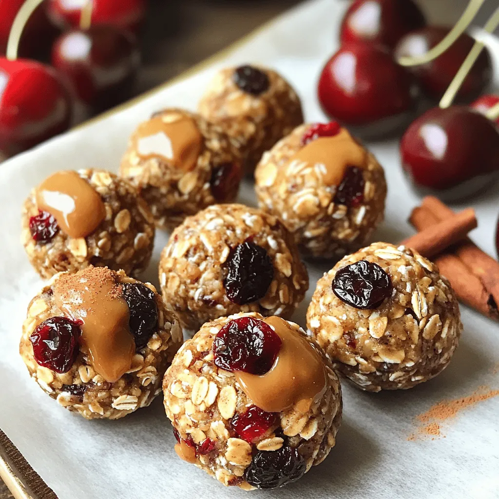 - 1 cup rolled oats - 1/2 cup almond butter (or substitute with peanut butter) - 1/2 cup protein powder (choose between vanilla or chocolate flavor) For Cherry Oatmeal Protein Bites, these ingredients form the base. Rolled oats give a hearty texture. Almond butter is rich in good fats. Protein powder adds the nutrition you need. - 1/2 cup dried cherries, finely chopped - 1/4 cup honey or maple syrup (for a vegan option, use maple syrup) - 1/4 cup mini dark chocolate chips (optional for an indulgent touch) - 1/4 teaspoon ground cinnamon - Pinch of salt Dried cherries bring sweetness and a chewy bite. Honey or maple syrup gives a natural sweetness. The mini dark chocolate chips add a fun twist. Ground cinnamon enhances the flavor, while salt balances it all out. - For a vegan option, use maple syrup instead of honey. - If you need nut-free, try sunflower seed butter. - Choose gluten-free oats for a gluten-free snack. These substitutions keep the bites tasty and healthy. You can adapt them to fit your diet. Make these protein bites work for you! You can find the full recipe to create your own Cherry Oatmeal Protein Bites. First, gather all your dry ingredients. You need rolled oats, protein powder, dried cherries, ground cinnamon, and a pinch of salt. Mix these well in a large bowl. This helps distribute the flavors evenly. Next, prepare the wet mixture. In another bowl, blend almond butter and honey until smooth. Make sure there are no lumps. This step is key to a creamy texture. Now, it's time to bring both mixtures together. Gradually pour the wet mixture into the dry mix. Use a spatula or wooden spoon to stir until combined. The texture should be thick and hold together. If your mixture feels too dry, add water. Do this one tablespoon at a time. Mix until the texture is slightly sticky but still easy to handle. Once everything is mixed, use your hands to scoop out portions. Roll them into small balls, about the size of a tablespoon. This shape makes them perfect for snacking. Place the formed bites on a lined baking sheet or plate. Space them out so they don’t stick together. After shaping, refrigerate the bites for at least 30 minutes. This helps them firm up and makes them easier to eat. For the full recipe, check out the details above. To make these bites even better, consider adding spices. A pinch of nutmeg or ginger can add warmth. If you like it sweeter, adjust the honey or maple syrup. Taste your mix and tweak it until it’s just right. Before you refrigerate the mixture, check its consistency. It should be thick and sticky but not too wet. If it crumbles too much, add a bit of water. For rolling, wet your hands slightly. This makes it easier to form the bites without sticking. For the best preservation, keep the bites in an airtight container. They stay fresh in the fridge for about a week. To impress guests, serve the bites on a colorful platter. Add fresh cherries around them for a nice touch. You can also pack them for a quick snack on the go. Find the full recipe and start making these delicious Cherry Oatmeal Protein Bites today! {{image_4}} You can switch up the dried fruits in these bites. Try cranberries or raisins for a new taste. Each fruit brings its own unique flavor and adds a fun twist. You can also change the nut butter. If you prefer peanut butter, go for it! It will add a rich and nutty flavor. If you need gluten-free options, use certified gluten-free oats. They work perfectly without losing taste. For a vegan version, substitute honey with maple syrup. This small change keeps the bites sweet and plant-based. You can also choose different protein powder flavors. Vanilla and chocolate are popular, but other flavors can work too! Get creative with mix-ins! Adding seeds like chia or sunflower seeds gives a nice crunch. You can also sprinkle in coconut flakes for a tropical twist. For toppings, consider using dark chocolate or even white chocolate chips. Each adds a sweet layer to your protein bites. These changes make each bite unique. You can enjoy a new flavor every time! For the full recipe, check out the earlier section. To keep your Cherry Oatmeal Protein Bites fresh, store them in the refrigerator. This helps maintain their taste and texture. Place the bites in an airtight container. They will stay good for about one week. For longer storage, you can freeze them. Just wrap each bite in plastic wrap, then put them in a freezer bag. This method keeps them fresh for up to three months. Remember to label the bag with the date, so you know when you made them. In the fridge, these bites last about 7 days. In the freezer, they can stay good for three months. Check for any signs of spoilage before eating. If you notice an off smell or mold, it’s best to discard them. Storing them properly will help ensure you enjoy their deliciousness for longer. If you freeze your bites, thaw them before eating. The best way to do this is to leave them in the fridge overnight. If you need them fast, you can use the microwave. Place a bite on a plate and heat it for 10-15 seconds. If they are cold from the fridge, allow them to sit at room temperature for a few minutes. This will soften them up nicely. Enjoy these yummy snacks anytime! For the full recipe, check out the Cherry Oatmeal Protein Bites section. Cherry oatmeal protein bites are tasty snacks made with simple, nutritious ingredients. They combine rolled oats, almond butter, and protein powder. I love adding dried cherries for a sweet touch. These bites pack a healthy punch, full of fiber and protein. They help keep you full and energized throughout the day. Plus, they are easy to make and fun to eat! Absolutely! You can swap almond butter for peanut butter if you prefer. You can also choose different protein powders, like chocolate or vanilla. Add-ins are fun too! Try using other dried fruits like cranberries or raisins. If you want to make them vegan, use maple syrup instead of honey. Get creative with your mix-ins to suit your taste! This recipe makes about 12 to 15 bites. Each bite is a perfect, portion-controlled snack. If you want more, simply double the recipe! You can easily adjust the serving size to fit your needs. These bites are great for sharing or saving for later snacks. Enjoy them on the go or at home! For the full recipe, check out the earlier section. In this article, we explored how to make Cherry Oatmeal Protein Bites. You learned about the essential ingredients and how to customize them. We covered tips for perfect texture and flavor, along with storage advice. These bites are easy, tasty, and fit many diets. Experiment with different flavors and mix-ins to make them your own. Enjoy your healthy snack, and share it with friends and family!