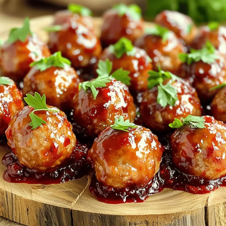 - 1 lb ground turkey or beef - 1 cup seasoned breadcrumbs - 1/4 cup grated Parmesan cheese - 1/4 cup finely chopped onion - 2 cloves garlic, minced - 1 teaspoon dried thyme - 1/2 teaspoon salt - 1/4 teaspoon black pepper - 1 cup cranberry sauce (store-bought or homemade) - 1 tablespoon soy sauce - 1 tablespoon honey - 1 teaspoon Dijon mustard - Fresh parsley, chopped (for garnish) To make these tasty meatballs, start with the meat. You can use either ground turkey or beef. This choice makes a big difference in flavor. I love using turkey for a lighter option. Then, mix in seasoned breadcrumbs. This helps bind the meatballs and adds flavor. Grated Parmesan cheese gives a nice salty kick. The chopped onion and minced garlic add great taste and aroma. Now, it’s time for seasoning. Dried thyme works wonders here. It brings warmth and depth to the dish. Add salt and black pepper to enhance the flavors. Next, let’s talk about the cranberry sauce. You can use store-bought or homemade. The sauce adds sweetness and tang. Mixing it with soy sauce, honey, and Dijon mustard creates a rich glaze. This makes the meatballs extra special. Finally, don’t forget to garnish with fresh parsley. It adds color and a fresh taste. Enjoy cooking these meatballs! - Preheat the oven to 400°F (200°C). - Prepare the baking sheet with parchment paper. These steps are key for a smooth start. Preheating the oven ensures even cooking. The parchment paper helps the meatballs not stick. - Combine ingredients in a large mixing bowl. - Shape the mixture into 1-inch meatballs. In a big bowl, mix your ground turkey or beef with the breadcrumbs, Parmesan cheese, onion, garlic, egg, thyme, salt, and black pepper. Use your hands to mix until smooth. Then, roll the mixture into 1-inch meatballs. Make them even so they cook well. - Bake for 20-25 minutes. - Check the internal temperature of 165°F (74°C). Place the meatballs on the baking sheet. Bake them for 20 to 25 minutes. This will make them golden brown and tasty. Use a meat thermometer to check that each meatball reaches 165°F (74°C) for safe eating. - Mix cranberry sauce, soy sauce, honey, and Dijon mustard. - Heat in a small saucepan over medium heat. While the meatballs bake, make the glaze. In a small pot, combine the cranberry sauce, soy sauce, honey, and Dijon mustard. Heat it over medium heat. Stir often until everything is warm and mixed well. This glaze adds a sweet and tangy kick to your meatballs. - Use fresh herbs like parsley or thyme for added flavor. They brighten the dish. - Don’t overmix the meatball mixture. This keeps them tender and juicy. - Serve as an appetizer with toothpicks. They are easy to grab and enjoy. - Pair with rice or steamed green beans. These sides add color and nutrition. - Drizzle extra glaze on top for aesthetic appeal. It makes the dish look fancy. - Garnish with freshly chopped parsley. This adds a nice green touch and freshness. {{image_4}} You can switch up the meat in your meatballs. Use ground chicken or pork instead of turkey or beef. This change gives a different flavor. You can also try different breadcrumb options. Panko breadcrumbs add a nice crunch. Want more texture? Add chopped cranberries to the meatball mix. This makes each bite exciting. You can also play with spices. Cumin or paprika can give your meatballs a fun kick. If you want a different way to cook, try the stovetop. Just heat a skillet and cook the meatballs until brown. You can also slow-cook them in a crockpot. This method makes them super tender and juicy. Store any leftover cranberry sauce meatballs in an airtight container. This keeps them fresh and safe to eat. You can keep them in the refrigerator for up to 3 days. Make sure to let them cool before storing. This helps to avoid condensation that could make them soggy. You can freeze meatballs before or after cooking. If you freeze them before, shape the meatballs and place them on a baking sheet. Once they are frozen solid, transfer them to a freezer bag. This helps save space. If you freeze them after cooking, let them cool first. When you're ready to eat, you can thaw them in the refrigerator. This will help them heat evenly. To reheat, use the oven for the best texture. Preheat the oven to 350°F (175°C). Place the meatballs on a baking sheet and heat for about 15 minutes. This keeps them nice and juicy. If you're in a hurry, you can use the microwave. Place them in a microwave-safe dish and cover with a damp paper towel. Heat in short bursts until warmed through. You can serve cranberry sauce meatballs with rice, mashed potatoes, or crunchy vegetables. Each option pairs well with the sweet and tangy meatballs. Rice soaks up the sauce nicely, while mashed potatoes offer a creamy balance. Crunchy veggies add a refreshing crunch. Yes, you can prepare cranberry sauce meatballs in advance. This makes meal prep easier. Just store them in the fridge until you are ready to bake. You can also freeze them for longer storage. To know when the meatballs are done, check their internal temperature. They should reach 165°F (74°C). Use a meat thermometer to confirm. This ensures they are safe to eat and fully cooked. Absolutely! Homemade cranberry sauce can enhance the flavor of the meatballs. You can control the sweetness and tartness. Plus, it adds a personal touch to your dish. Yes, you can make these meatballs gluten-free. Just use gluten-free breadcrumbs instead of regular ones. This way, you can enjoy the recipe without gluten. Leftovers can last up to 3 days in the fridge. Store them in an airtight container to keep them fresh. Reheat them for a quick meal or snack. For the complete detailed recipe and cooking steps, refer to the 'Cranberry Delight Meatballs' recipe listed above. This blog post covered the best ways to make delicious cranberry sauce meatballs. We discussed key ingredients, cooking methods, and even variations to try. You learned how to enhance flavor and store leftovers. With simple steps, you can whip up this tasty dish for any occasion. Enjoy the rich flavors and fun textures that make these meatballs a hit. Don't hesitate to share your experience with friends and family. Your next meal can be both easy and delicious!