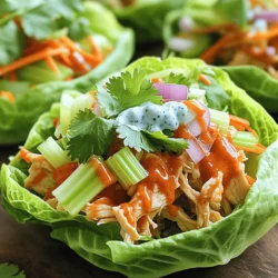 - 1 pound cooked chicken breast, shredded - 1/2 cup buffalo sauce - 1 tablespoon olive oil - 1/2 cup celery, finely diced - 1/4 cup red onion, finely diced - 1 cup shredded carrots - 1/2 cup blue cheese dressing (or ranch dressing) - Lettuce leaves (butter or romaine) - Fresh cilantro for garnish (optional) - Salt and pepper to taste Let’s break down the ingredients for these tasty wraps. First, you need 1 pound of cooked chicken breast. Shredding the chicken makes it easy to mix with the buffalo sauce. You can use store-bought rotisserie chicken to save time. Next, grab 1/2 cup of buffalo sauce. This sauce gives the chicken its spicy kick. If you want less heat, choose a milder sauce or adjust the amount. You’ll also need 1 tablespoon of olive oil. This oil helps cook the veggies and adds flavor. Now, for the fresh vegetables: 1/2 cup of finely diced celery adds crunch. You also want 1/4 cup of finely diced red onion for extra flavor. Finally, use 1 cup of shredded carrots. They add sweetness and color to your wraps. For dressing, choose 1/2 cup of blue cheese dressing or ranch dressing, based on your taste. The dressing ties all the flavors together. You’ll also need fresh lettuce leaves, like butter or romaine, to wrap everything up. Optionally, add fresh cilantro for garnish. It adds a nice touch. Don’t forget to season with salt and pepper to taste. These simple ingredients come together to create a flavorful and fresh dish that everyone will love. 1. Start with a large mixing bowl. Add the cooked, shredded chicken and buffalo sauce. 2. Mix well. Make sure all the chicken is coated in the sauce. This step is key for flavor. 1. Heat olive oil in a large skillet over medium heat. 2. Add the finely diced celery and red onion. Sauté them for about 3-4 minutes. They should become tender and fragrant. 3. Next, add the buffalo chicken mixture to the skillet. Stir to combine everything. Cook for another 2-3 minutes. Ensure the chicken heats through. Add salt and pepper as needed. 1. In a separate bowl, toss the shredded carrots with blue cheese dressing. Make sure they are evenly coated. 2. Take a lettuce leaf and place a generous spoonful of the buffalo chicken mixture in the center. 3. Top it off with a few spoonfuls of the carrot and blue cheese mixture. 4. If you like, garnish with fresh cilantro for extra freshness. 5. Drizzle any remaining blue cheese dressing on top for more flavor. 6. Carefully roll or fold the lettuce leaf to secure the filling. Enjoy your wraps right away! To make buffalo chicken less spicy, use a milder sauce. You can mix in yogurt or sour cream. These add creaminess and reduce heat. For hotter buffalo sauce, look for extra spicy options. You can also add more hot sauce to your mix. For shredding chicken, use two forks. Pull apart the chicken while it’s warm. This gives you the best texture. To enhance flavor and crunch, add sliced almonds or chopped nuts. They add a nice crunch to each bite. For serving, arrange the wraps on a large platter. You can add extra carrot ribbons around the wraps. A small bowl of blue cheese dressing is great for dipping. It makes the dish look inviting and colorful. Consider garnishing with fresh herbs like cilantro. This adds a pop of color and freshness. {{image_4}} You can switch up the protein in buffalo chicken lettuce wraps. Shredded turkey works great instead of chicken. It has a similar texture and absorbs the buffalo sauce well. If you want a plant-based option, try tofu. Just press and cube it, then sauté it with buffalo sauce. You will still get that spicy taste without meat. If you desire a different flavor, swap buffalo sauce for BBQ sauce. This change gives a sweet and tangy twist. You can also add toppings to enhance the wraps. Try creamy avocado for richness or spicy jalapeños for a kick. These additions can make your wraps unique and exciting. Buffalo chicken lettuce wraps are not the only way to enjoy this dish. Serve the filling with crackers or tortilla chips for a fun snack. You can also create a buffalo chicken salad. Just mix the chicken and veggies with some greens. This option keeps the same great flavors while adding a fresh twist. To store buffalo chicken lettuce wraps, place them in an airtight container. This keeps the chicken and veggies fresh. You can also separate the filling and lettuce to maintain crispness. These wraps last about 3 days in the fridge. After that, the flavors may fade, and the veggies can get soggy. Yes, you can freeze the buffalo chicken filling! It freezes well and stays tasty. Store it in a freezer-safe container. To reheat frozen wraps, thaw them in the fridge overnight. Then, warm the filling in a skillet on medium heat for about 5-7 minutes. Stir until it's hot throughout. When you reheat the wraps, make sure they are warm but not overcooked. To freshen them up, add a drizzle of blue cheese dressing or some fresh cilantro. You can also toss in some fresh veggies for extra crunch. This way, you keep the wraps vibrant and full of flavor! Yes, you can prepare the ingredients ahead of time. Cook the chicken and mix it with buffalo sauce. Store this mixture in the fridge for up to three days. Dice the celery and red onion, and keep them in a separate container. Shred the carrots and store them with a little dressing to keep them fresh. When you’re ready to eat, just heat the chicken mixture and assemble the wraps. If you don’t like blue cheese dressing, you have options. Ranch dressing is a great swap. You can also make your own dressing using yogurt, mayonnaise, and herbs. This will give you a tasty flavor without the strong blue cheese taste. Feel free to experiment with different dressings to find what you like best. Buffalo Chicken Lettuce Wraps can be spicy, but you control the heat. The spice level depends on the buffalo sauce you choose. If you want less heat, use a milder sauce or mix in some yogurt. For more spice, look for a hot sauce. Adjust the amount to fit your taste. Enjoy the heat that works for you! Buffalo chicken lettuce wraps are simple and full of flavor. You learned about the main ingredients, how to prepare and cook them, and tips to make them just right. Feel free to explore variations and storage ideas to make this dish your own. These wraps offer a tasty and healthy choice for any meal. Enjoy diving into your kitchen and creating your own buffalo chicken wraps!