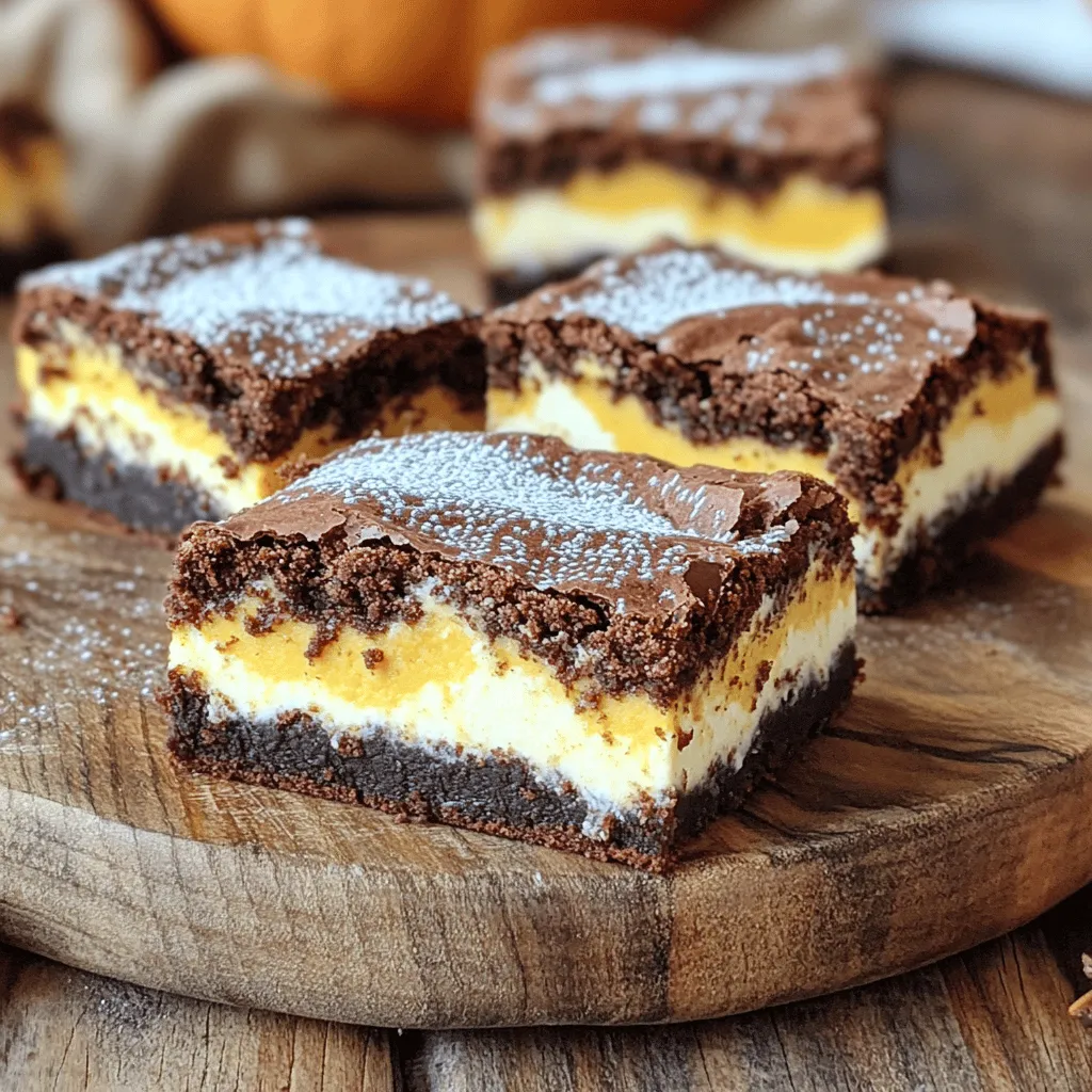 To create your Pumpkin Cream Cheese Brownies, gather the following ingredients: - 1 cup all-purpose flour - 1/2 teaspoon baking powder - 1/2 teaspoon baking soda - 1/4 teaspoon salt - 1/2 cup unsweetened cocoa powder - 1 cup granulated sugar - 1/2 cup packed brown sugar - 1/2 cup vegetable oil - 2 large eggs - 1 teaspoon vanilla extract - 1 cup pumpkin puree - 1 teaspoon ground cinnamon - 1/2 teaspoon ground nutmeg - 1/4 teaspoon ground cloves - 8 oz cream cheese - 1/4 cup powdered sugar - 1/2 teaspoon vanilla extract (for cream cheese mixture) These ingredients blend together to create a rich and creamy dessert. The pumpkin puree adds moisture and flavor. The cocoa powder gives the brownies a deep chocolate taste. Using two types of sugar gives you both sweetness and depth. The spices like cinnamon, nutmeg, and cloves bring warmth to the dish. The cream cheese layer adds a smooth, tangy contrast. Make sure you use pure pumpkin puree, not pumpkin pie filling. This ensures the right texture and flavor. With all these ingredients ready, you can create a dessert that is both tasty and visually appealing. - Preheat the oven and prepare the baking pan: Start by preheating your oven to 350°F (175°C). Take a 9x9-inch baking pan and grease it lightly or line it with parchment paper. This makes it easy to remove the brownies later. - Whisk dry ingredients together: In a medium bowl, combine 1 cup of all-purpose flour, 1/2 teaspoon baking powder, 1/2 teaspoon baking soda, 1/4 teaspoon salt, and 1/2 cup unsweetened cocoa powder. Whisk these ingredients well until they blend together nicely. Set this dry mix aside. - Mix wet ingredients and incorporate eggs and vanilla: In a large mixing bowl, add 1 cup granulated sugar, 1/2 cup packed brown sugar, and 1/2 cup vegetable oil. Mix them until smooth. Now, add 2 large eggs one at a time, mixing well after each. Finally, stir in 1 teaspoon vanilla extract and 1 cup pumpkin puree until the mix is creamy. - Combine dry ingredients with wet mixture: Gradually add the dry mix to the wet mixture. Fold them together gently until just combined. Be careful not to overmix. Finally, fold in 1 teaspoon ground cinnamon, 1/2 teaspoon ground nutmeg, and 1/4 teaspoon ground cloves for warm spice flavors. - Blend cream cheese layer separately: In another bowl, take 8 oz of softened cream cheese. Add 1/4 cup powdered sugar and 1/2 teaspoon vanilla extract. Blend these ingredients until you achieve a creamy and smooth mixture. - Layer the brownie batter and cream cheese mixture: Pour half of the brownie batter into the prepared pan. Spread it evenly. Next, dollop spoonfuls of the cream cheese mixture over this layer. Pour the rest of the brownie batter on top. Use a knife to gently swirl the cream cheese mix to create a marbled effect. - Bake and check for doneness: Place the pan in your preheated oven. Bake for about 30-35 minutes. To check if they are done, insert a toothpick into the center. It should come out with a few moist crumbs but not wet batter. To make perfect pumpkin cream cheese brownies, mixing well is key. Start by blending your dry ingredients in one bowl. This includes flour, baking powder, baking soda, salt, and cocoa powder. Whisk them until they are well combined. Next, mix your wet ingredients in a large bowl. Combine both granulated and brown sugars with vegetable oil. Make sure this mixture becomes smooth before adding eggs. Add them one at a time and stir well. Then, add vanilla and pumpkin puree. This creates a rich, creamy base. When you add the dry mix to the wet mix, do it slowly. Fold the ingredients together gently. Overmixing can make the brownies tough. You want a soft and moist texture. Only mix until the dry ingredients disappear. Once your brownies cool, cut them into squares. For a nice touch, place them on a pretty platter. You can dust the top with powdered sugar. A sprinkle of cinnamon adds a festive look. To make your dessert even better, serve with a dollop of whipped cream or a scoop of vanilla ice cream. The creaminess pairs so well with the rich brownie flavor. You can also add a drizzle of caramel sauce for extra sweetness. Enjoy your delicious creation! {{image_4}} You can make your Pumpkin Cream Cheese Brownies even more fun by adding nuts or chocolate chips. - Nuts: Chopped walnuts or pecans add crunch and flavor. Stir in about 1/2 cup of your choice to the brownie batter. - Chocolate Chips: Try adding 1/2 cup of semi-sweet or dark chocolate chips. They melt and create a rich, gooey surprise in every bite. You can also play with spices or other flavorings. - Alternative Spices: Instead of cinnamon, nutmeg, and cloves, try ginger or allspice for a new twist. - Extracts: A splash of almond or orange extract can brighten the flavors. If you need to make dietary changes, there are great options. - Gluten-Free Flour: Substitute all-purpose flour with a gluten-free blend. Look for one that measures cup-for-cup. - Vegan Substitutes: Use flax eggs (1 tablespoon ground flaxseed mixed with 3 tablespoons water per egg) instead of regular eggs. For cream cheese, use a vegan cream cheese. These swaps keep the brownies tasty while meeting dietary needs. These variations let everyone enjoy this delicious treat! To keep your pumpkin cream cheese brownies fresh, store them properly. Here are some best practices: - Room Temperature: Place brownies in an airtight container. They stay fresh for 3-4 days at room temperature. This keeps them soft and tasty. - Refrigerator: If you prefer, you can store them in the fridge. They last about a week this way. Just make sure to keep them in an airtight container. The chill can make them a bit firmer, but they still taste great. If you want to save your brownies for later, freezing is a great option. Here’s how to do it: - Freezing Brownies: Cut the brownies into squares. Wrap each piece in plastic wrap. Then, place them in a freezer-safe bag. They can last for up to three months. - Thawing Instructions: To enjoy your frozen brownies, take them out of the freezer. Let them sit in the fridge for several hours or overnight. You can also warm them in the microwave for 10-15 seconds. This brings back their delicious, fudgy texture! You can use either canned pumpkin puree or fresh pumpkin. Canned pumpkin is easy and saves time. Just make sure it is pure pumpkin and not pie filling. If using fresh pumpkin, cook and mash it until smooth. These brownies last about 3 to 5 days when stored in an airtight container. Keep them at room temperature for the best taste. If you want them to last longer, refrigerate them. They can last up to a week in the fridge. You can use melted coconut oil or unsweetened applesauce instead of vegetable oil. Both options add moisture and flavor. If you want a lighter taste, use canola oil as another substitute. Yes, you can make these brownies in advance. Bake them a day or two before you plan to serve them. Just store them properly. For the best texture, let them cool completely before cutting and storing. This blog outlined how to make delicious pumpkin cream cheese brownies. We covered the ingredients, step-by-step instructions, and tips for perfect results. You learned about storage options and tasty variations, too. In cooking, practice makes perfect. Enjoy these brownies warm or cold, and share them with friends. You can also try different flavors and see what you like best. Happy baking, and let's create sweet memories!