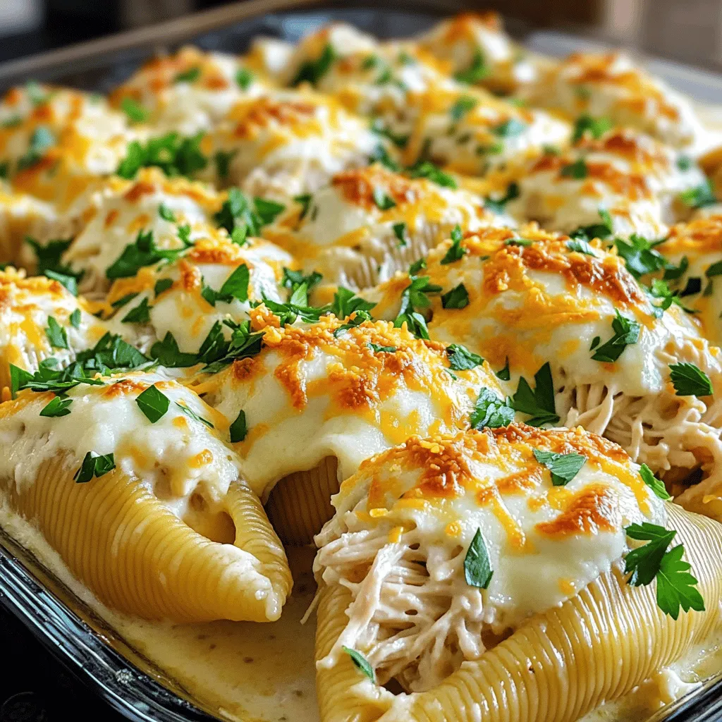 - 12 large jumbo pasta shells - 2 cups cooked chicken, shredded (rotisserie chicken works great) - 1 cup ricotta cheese - 1 cup mozzarella cheese, shredded - 1/2 cup parmesan cheese, grated - 2 cups Alfredo sauce (store-bought or homemade) - 1 tablespoon garlic powder - 1 teaspoon Italian seasoning - Salt and pepper to taste When making Chicken Alfredo Stuffed Shells, start with jumbo pasta shells. They are big enough to hold a lot of filling. Cook them al dente, so they don’t get mushy. Shredded chicken is key for flavor. You can use leftover rotisserie chicken for quick prep. Next, ricotta cheese adds creaminess. It works well with the other cheeses. Mozzarella gives a nice stretch, while parmesan adds a sharp bite. Alfredo sauce is the star. You can use a store-bought jar or make your own. Spices are also important. Garlic powder and Italian seasoning enhance the flavors. Add salt and pepper to taste. This will elevate your dish and make it rich and savory. - Fresh parsley - Extra cheese for topping For a pop of color, use fresh parsley as a garnish. It also adds a nice flavor contrast. You can sprinkle extra cheese on top before baking. This creates a golden, bubbly crust that is hard to resist. These ingredients come together to create a comforting meal. Each bite is creamy, cheesy, and packed with flavor. First, preheat your oven to 350°F (175°C). Grease a 9x13 inch baking dish lightly. Use cooking spray or a little olive oil to stop the shells from sticking. Next, cook the jumbo pasta shells. Follow the package directions until they are al dente. This usually takes about 8-10 minutes. After cooking, drain the shells and rinse them under cold water. Set them aside to cool slightly. Now, let’s make the filling. In a large bowl, combine the shredded chicken and cheeses. Use 1 cup of ricotta and half of the shredded mozzarella. Add garlic powder, Italian seasoning, and a pinch of salt and pepper. Mix everything well until it is nice and blended. Time to assemble! Take each cooked pasta shell and stuff it with the chicken mixture. You can use a tablespoon or your fingers to fill each shell. Place the stuffed shells seam-side up in the greased baking dish. Then, pour the Alfredo sauce evenly over the stuffed shells. Make sure each shell gets a good coating to keep it moist during baking. Cover the dish tightly with aluminum foil. This keeps the moisture in while it bakes. Place the dish in the oven and bake for 20 minutes. After 20 minutes, carefully remove the foil. Bake for another 10 minutes. This step creates a bubbling, golden cheese topping that looks and tastes amazing. Once baked, take the dish out and let it rest for about 5 minutes. This helps the filling settle. Before serving, sprinkle fresh parsley on top for a pop of color. Enjoy your creamy Chicken Alfredo stuffed shells! - Techniques for easy filling: Use a small spoon or a piping bag to fill the shells. This way, you can control the portion and keep the mess down. Make sure to pack the filling gently but firmly. - Using kitchen tools to simplify the process: A small ice cream scoop can help. It lets you grab just the right amount of filling for each shell. If you don’t have one, use your fingers. Just be careful not to tear the shells. - Adjustments to the Alfredo sauce: If you want a richer sauce, add a bit more cream or milk. This gives the sauce a nice smoothness. You can also mix in a little extra cheese for flavor. - Tips for preventing dryness during baking: Pour the Alfredo sauce over each shell generously. Cover the dish with foil to trap moisture while baking. Remove the foil later to let the cheese brown nicely. - Anticipating portion sizes: Each person usually eats 2-3 stuffed shells. Plan for 4-6 servings based on your group size. - Pairing with sides and beverages: Serve with a fresh salad or garlic bread. A light white wine or sparkling water pairs well with this dish. These add to the meal without overpowering the flavors. {{image_4}} You can change the protein in this dish. Try shrimp or even your favorite veggies. Shrimp adds a sweet taste, while veggies give a fresh crunch. You can also swap the cheeses. Instead of ricotta, use cottage cheese for a lighter filling. For a sharper flavor, swap mozzarella with gouda or cheddar. Boost the flavor by adding spices and herbs. A pinch of red pepper flakes adds heat. Fresh basil or thyme can brighten the filling. You could also mix in chopped spinach or mushrooms for extra nutrients. These additions make your dish more colorful and tasty. Consider using homemade Alfredo sauce instead of store-bought. Homemade sauce is creamy and rich, giving your shells a fresh taste. If you want to switch it up, try marinara sauce for a tomato base. Pesto also works well, adding a herby twist to your meal. Each sauce brings its own unique flavor, so feel free to explore. To keep your Chicken Alfredo Stuffed Shells fresh, store leftovers in the fridge. Place them in an airtight container. This keeps the flavors intact and prevents drying. Enjoy your leftovers within three days for the best taste. When reheating, use the oven for best results. Preheat it to 350°F (175°C). Place the stuffed shells in a baking dish and cover with foil. Heat for about 15-20 minutes. This warms them evenly and keeps them creamy. To freeze stuffed shells, wait until they cool completely. Layer them in a freezer-safe dish. Separate each layer with parchment paper to prevent sticking. Cover the dish tightly with plastic wrap and foil. Stuffed shells can stay in the freezer for up to three months. When you're ready to eat, thaw them overnight in the fridge. Bake from frozen at 350°F (175°C) for about 25-30 minutes. This ensures a tasty meal awaits you. Baking Chicken Alfredo Stuffed Shells takes about 30 minutes. First, you cover the dish with foil and bake for 20 minutes. Then, remove the foil and bake for another 10 minutes. This method helps the cheese get golden and bubbly. Yes, you can make Chicken Alfredo Stuffed Shells ahead of time. Prepare the shells and fill them, then cover the dish. Store it in the fridge for up to 24 hours before baking. Just remember to add a few extra minutes to the baking time if you bake it straight from the fridge. The best way to reheat leftovers is in the oven. Preheat your oven to 350°F (175°C). Place the stuffed shells in an oven-safe dish and cover with foil. Heat for about 15-20 minutes until warm. This keeps the shells from drying out. Yes, you can use different pasta shapes. Shells are great but try manicotti or even large penne. Just make sure the pasta is big enough to hold the filling. Cook the pasta according to package directions for the best results. Chicken Alfredo stuffed shells are a tasty and easy meal. You learned about the key ingredients, from jumbo pasta shells to creamy Alfredo sauce. I shared tips on cooking and stuffing them perfectly, along with variations to try. You can make this dish your own by swapping ingredients and adjusting flavors. Store leftovers well for another delicious meal later. Enjoy creating and sharing this dish—it’s sure to impress!