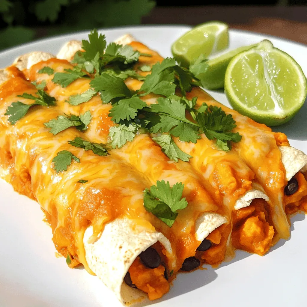 - 2 medium sweet potatoes, peeled and diced - 1 can (15 oz) black beans, drained and rinsed - 1 cup corn kernels - 1 cup diced bell peppers - 1 teaspoon ground cumin - 1 teaspoon smoked paprika - Salt and pepper, to taste - 1 cup enchilada sauce - 8 small corn tortillas - 1 cup shredded cheese - Fresh cilantro for garnish - Lime wedges for serving Sweet potatoes are sweet and creamy. They add a great base for the dish. Black beans give a hearty texture and protein. Corn kernels add sweetness and crunch. Bell peppers bring color and a fresh taste. The ground cumin and smoked paprika enhance the flavor with warmth and depth. Salt and pepper help balance the dish. You can use store-bought enchilada sauce for ease, or make your own. Both options work well. Corn tortillas are best because they roll easily. Shredded cheese adds a melty, gooey topping. Fresh cilantro makes a lovely garnish, giving a bright touch. Lime wedges serve as a zesty finish that wakes up all the flavors. With these ingredients, you create a meal that is packed with flavor and nutrients. You can easily adjust the ingredients based on what you have at home. Enjoy the process and get creative! Prepping the Sweet Potatoes First, peel and dice two medium sweet potatoes. Place them in a pot of boiling water. Cook for 10 to 12 minutes. You want them tender enough to pierce with a fork. Drain and mash them lightly in the pot. The sweet potatoes should be chunky yet smooth. Mixing the Filling Add the drained black beans, corn, and diced bell peppers to the sweet potatoes. For flavor, include one teaspoon of ground cumin and one teaspoon of smoked paprika. Season with salt and pepper to taste. Mix everything well until fully combined. Preparing the Baking Dish Take a 9x13 inch baking dish. Pour a layer of enchilada sauce on the bottom. This step helps the tortillas from sticking. Warming and Filling Tortillas Heat a skillet over medium heat. Warm each tortilla for 10 to 15 seconds on both sides. This makes them flexible. Spoon about ¼ cup of the sweet potato mixture into the center of each tortilla. Roll them tightly and place seam-side down in the dish. Repeat until all tortillas are filled. Assembling the Enchiladas After filling all the tortillas, pour the remaining enchilada sauce over them. Make sure to cover them evenly. Sprinkle one cup of shredded cheese on top. Baking Process Cover the dish with aluminum foil. Place it in the preheated oven at 375°F (190°C). Bake for 20 minutes. Remove the foil and bake for another 10 minutes. Look for bubbling and golden cheese. Garnishing and Serving Suggestions Once baked, take the dish out of the oven. Garnish with fresh cilantro. Serve with lime wedges for an extra burst of flavor. Enjoy your delicious Sweet Potato Black Bean Enchiladas! How to Select Fresh Ingredients Choose sweet potatoes that feel firm and smooth. Look for ones with no dark spots. For black beans, pick cans with no dents. Fresh bell peppers should be bright and crisp. Check corn kernels for vibrant color, whether fresh or frozen. Alternative Cooking Methods for Sweet Potatoes You can bake sweet potatoes in the oven at 400°F for 45 minutes. They will be sweet and soft. Boiling them is quicker, taking just 10-12 minutes. If you want to steam them, place in a steamer basket for about 15 minutes. Ensuring Tortillas Don't Tear Warm your corn tortillas in a skillet. Heat them for 10-15 seconds on each side. This makes them soft and flexible. You can also wrap them in a damp cloth and microwave for 30 seconds. Recommended Accompaniments Serve the enchiladas with lime wedges. Add cilantro for freshness. You can also include a side of guacamole or salsa for extra flavor. Best Practices for Plating Place each enchilada on a plate and drizzle with sauce. Garnish with chopped cilantro. A lime wedge on the side adds color and zest. Flavor Enhancements Try adding jalapeños for a spicy kick. You can also sprinkle some feta cheese on top for a tangy flavor. A dollop of sour cream can balance the heat and add creaminess. {{image_4}} Alternative Beans or Protein Options You can switch black beans for pinto beans or kidney beans. If you want protein, try shredded chicken or cooked quinoa. These swaps keep the dish tasty and satisfying. Other Veggies to Include Feel free to add spinach, zucchini, or mushrooms to your filling. These veggies add flavor and color, making your enchiladas even more appealing. Dairy-Free Cheese Choices For a dairy-free option, use cashew cheese or a plant-based cheese. These choices melt well and still give you that cheesy goodness without dairy. Different Sauces to Use You can try different sauces like green enchilada sauce or mole. Both add unique flavors and turn your dish into something special. Flavor Profiles (spicy, smoky, etc.) Adjust the seasonings for a spicy kick. Add jalapeños or chipotle peppers for heat, or use smoked paprika for a deeper flavor. One-Pan vs. Traditional Recipes If you want an easier option, try a one-pan version. Just mix everything in a skillet and bake. This saves time and reduces cleanup! - Refrigeration Tips: Place leftover enchiladas in an airtight container. Keep them in the fridge for up to three days. To maintain flavor, cover the enchiladas with foil or plastic wrap. - Freezing Instructions: For longer storage, freeze enchiladas in a freezer-safe container. Separate layers with parchment paper to avoid sticking. They can stay fresh for up to three months. Label the container with the date for easy tracking. - Best Methods to Reheat Enchiladas: The oven is the best way to reheat enchiladas. Preheat the oven to 350°F (175°C). Place enchiladas on a baking dish and cover them with foil to keep them moist. - Recommended Timing and Temperatures: Heat for about 20 minutes. If using a microwave, place enchiladas on a microwave-safe plate. Heat for 2-3 minutes on high, checking to ensure they are hot throughout. Enjoy your tasty leftovers! Yes, you can prepare these enchiladas ahead of time. Simply follow the recipe up to the baking step. Then, cover the dish and place it in the fridge. When you're ready to eat, bake them straight from the fridge. Just add a few extra minutes to the baking time. Making homemade enchilada sauce is simple. You need: - 1 can (15 oz) tomato sauce - 1 tablespoon chili powder - 1 teaspoon ground cumin - 1 teaspoon garlic powder - Salt, to taste Mix all these ingredients in a bowl. Adjust spices as you like. This sauce adds a fresh touch to your enchiladas. These enchiladas pair well with many sides. You can serve them with: - Mexican rice - Refried beans - A fresh salad - Guacamole - Sour cream These sides balance the flavors and add more texture to your meal. Yes, these enchiladas can be gluten-free. Use corn tortillas, as they are naturally gluten-free. Always check labels on your enchilada sauce and other ingredients to ensure they are gluten-free. Enjoy without worry! This blog post covered the key ingredients for sweet potato black bean enchiladas and how to make them. I shared useful tips on selecting fresh produce and the best methods for cooking sweet potatoes. You also learned how to store leftovers and reheat them for later meals. In closing, these enchiladas offer great flavor and nutrition. Whether you stick to the basics or try variations, they are sure to please. Enjoy your cooking journey and feel free to explore different flavors!