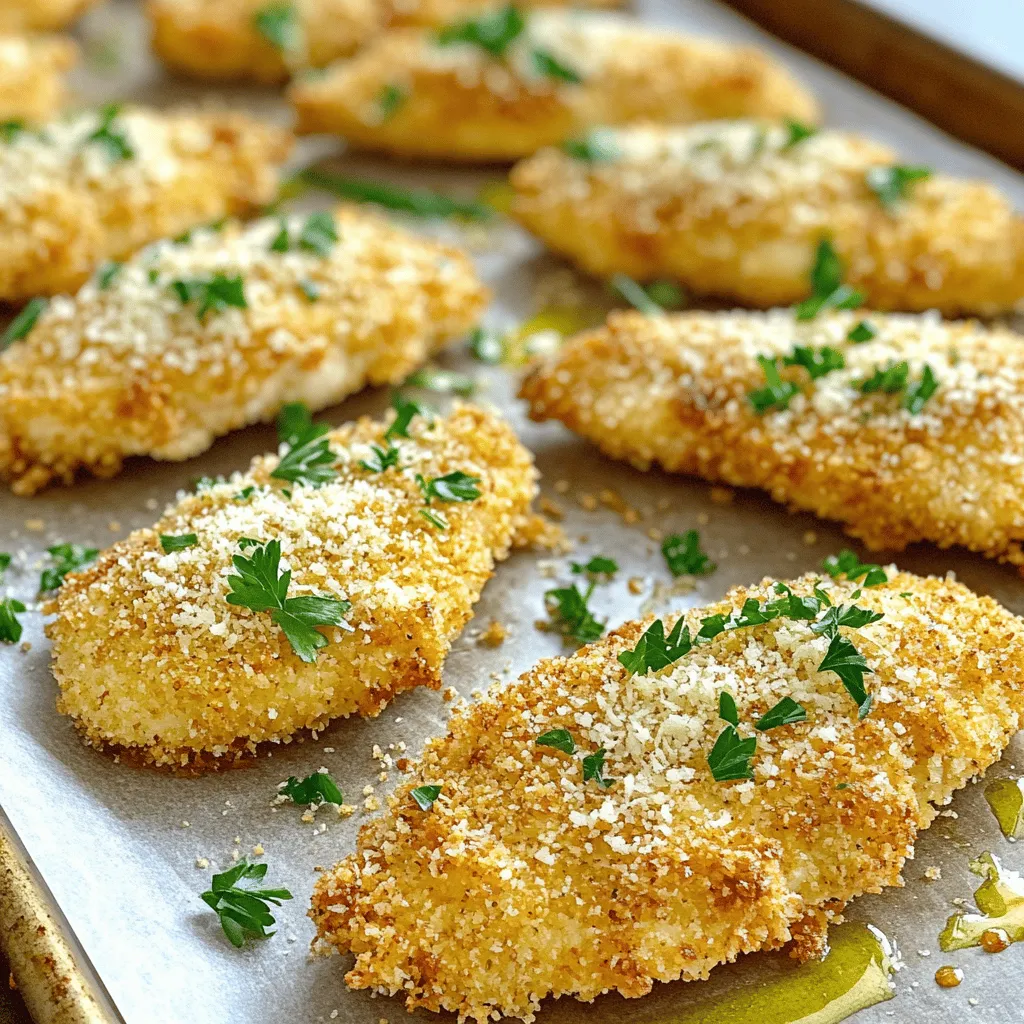 To make Parmesan crusted chicken tenders, gather these ingredients: - 1 pound of chicken tenders - 1 cup of freshly grated Parmesan cheese - 1 cup of panko breadcrumbs - 2 large eggs - 1 tablespoon of Dijon mustard - 1 teaspoon of garlic powder - 1 teaspoon of onion powder - 1 teaspoon of Italian seasoning - Salt and freshly cracked black pepper, to taste - 1/4 cup of fresh parsley, finely chopped - Olive oil spray or melted butter for drizzling You can swap ingredients based on what you have: - Use shredded mozzarella instead of Parmesan for a milder flavor. - Replace panko breadcrumbs with regular breadcrumbs if needed. - If you don’t have Dijon mustard, try yellow mustard for a different twist. - Fresh herbs like basil or thyme can replace parsley for a unique taste. - Use egg substitutes like flaxseed meal mixed with water if you're vegan. When picking your ingredients, keep these tips in mind: - Choose fresh, high-quality chicken tenders for the best flavor and texture. - Opt for block Parmesan cheese and grate it yourself for maximum freshness. - Look for panko that is light and crispy; it gives the best crunch. - Check herbs for bright color and fresh smell; they enhance your dish. - Use extra virgin olive oil for drizzling; it adds rich flavor and healthy fats. 1. Start by preheating your oven to 425°F (220°C). This helps the chicken cook evenly. 2. Line a baking sheet with parchment paper. This makes cleanup quick and easy. 3. In a shallow bowl, whisk together two large eggs. Add Dijon mustard, garlic powder, onion powder, salt, and pepper. Mix until smooth. 4. In another shallow bowl, combine grated Parmesan cheese, panko breadcrumbs, Italian seasoning, salt, and pepper. Stir well to mix these ingredients. 5. Take a chicken tender and dip it into the egg mixture. Let excess egg drip off. 6. Next, coat the tender with the Parmesan-breadcrumb mix. Press down lightly to help it stick. 7. Place the coated chicken tenders on the lined baking sheet in a single layer. 8. For an extra crispy finish, spray the tops with olive oil or drizzle melted butter. 9. Place the baking sheet in the oven. Bake for about 15-20 minutes. Look for a golden brown color. 10. Use a meat thermometer to check if the chicken is at 165°F (74°C). 11. Once done, remove from the oven. Let the tenders rest for a few minutes to keep them juicy. 12. Just before serving, sprinkle fresh parsley on top for a pop of color and flavor. Using a meat thermometer is key. Insert it into the thickest part of the chicken. Once it hits 165°F (74°C), the chicken is safe to eat. This ensures the chicken is cooked through and juicy. Imagine the golden, crispy tenders coming out of the oven. They should look crunchy and inviting. The melted cheese and crispy breadcrumbs create a lovely texture. If available, check out video guides for visual steps. They can help you follow along easily. To get the best crunch, use panko breadcrumbs. They are lighter than regular ones. Make sure to bake at a high temperature. Set your oven to 425°F (220°C). Lightly spray the tops with olive oil or drizzle melted butter before baking. This step adds flavor and helps them brown nicely. One common mistake is not drying the chicken enough. Pat your chicken tenders with paper towels. This helps the coating stick better. Another mistake is overcrowding the baking sheet. Keep the tenders in a single layer. This allows hot air to circulate around them, ensuring they bake evenly. These chicken tenders pair wonderfully with a fresh salad. Try a simple green salad with lemon vinaigrette. You can also serve them with dipping sauces like honey mustard or ranch. If you want a side, roasted vegetables or mashed potatoes work well. The flavors of these sides balance the rich, cheesy taste of the tenders. {{image_4}} You can change the coating for more fun. Try using crushed cornflakes instead of panko. This gives a sweet crunch. Mix in some spices like smoked paprika or cayenne for heat. You can also use different cheeses. Try cheddar or mozzarella for a tasty twist. These chicken tenders shine when served with tasty sides. Pair them with crispy fries or a fresh salad. For dips, ranch dressing or honey mustard works well. You can even try spicy sriracha mayo for a kick. Serve with veggies, like carrot sticks or cucumber slices, for a balanced meal. You can cook chicken tenders in various ways. Baking is easy and healthy, but frying adds extra crunch. If you want to grill, marinate the chicken first for flavor. Grill on medium heat for about 4-5 minutes per side. This gives you a smoky taste while keeping the chicken juicy. To keep your Parmesan crusted chicken tenders fresh, place them in an airtight container. Make sure they are at room temperature before sealing. Store them in the fridge for up to three days. This will help maintain their flavor and texture. For the best taste, reheat your chicken tenders in the oven. Preheat your oven to 375°F (190°C). Place the tenders on a baking sheet and cover them loosely with foil. Heat them for about 10-15 minutes. Check that they are heated through but not dry. If you want them extra crispy, remove the foil in the last few minutes. You can freeze your chicken tenders for up to three months. First, let them cool completely. Place them in a single layer on a baking sheet. Freeze them until solid, then transfer to a freezer bag. Remove as much air as possible to prevent freezer burn. When you're ready to eat, thaw them in the fridge overnight before reheating. You can serve Parmesan crusted chicken tenders with many tasty sides. Here are some great ideas: - French fries: A classic pairing, crispy and golden. - Mashed potatoes: Creamy and buttery, they complement the crunch. - Green salad: Fresh veggies add a nice crunch and balance. - Steamed broccoli: A healthy side that goes well with chicken. - Dipping sauces: Try ranch, honey mustard, or marinara for extra flavor. Yes, you can use chicken breasts instead of tenders. Just cut them into strips. This way, they will cook evenly. Make sure the strips are not too thick. This helps them cook faster and stay juicy. To check if the chicken is fully cooked, use a meat thermometer. Insert it into the thickest part of the tender. The internal temperature should reach 165°F (74°C). If you don't have a thermometer, cut a tender in half. The meat should be white, not pink. This shows it is ready to eat. In this post, we explored everything you need for perfect Parmesan Crusted Chicken Tenders. We covered key ingredients and substitutions, cooking steps, and tips for the best results. Remember to pick quality ingredients for better taste and avoid common mistakes. Consider different flavors and prepared sides to enhance your meal. Store any leftovers properly for future enjoyment. Follow these guidelines, and you will impress family and friends with your cooking skills. Enjoy your delicious creation!