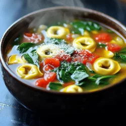- 2 tablespoons extra-virgin olive oil - 1 medium onion, finely diced - 3 cloves garlic, minced - 1 carrot, peeled and diced - 4 cups vegetable broth - 1 (14-ounce) can of diced tomatoes, with their juices - 1 teaspoon dried basil - 1 teaspoon dried oregano - Salt and freshly ground black pepper to taste - 9 ounces fresh or frozen cheese tortellini - 4 cups fresh spinach, rinsed and chopped - 1 tablespoon freshly squeezed lemon juice - Grated Parmesan cheese for serving (optional) To make this soup, you will need a large pot. A wooden spoon will help you stir the ingredients. If you want to serve it nicely, keep some bowls handy. A ladle makes it easy to serve the soup. When selecting your ingredients, look for firm onions without soft spots. Choose garlic that feels solid and has no green sprouts. Pick carrots that are bright and smooth. For spinach, select leaves that are fresh and vibrant green. If you use tortellini, check the package for freshness. Fresh ingredients make your soup taste great! Start by heating 2 tablespoons of extra-virgin olive oil in a large pot over medium heat. Wait until it shimmers. Then, add 1 medium onion, finely diced. Sauté for 3-4 minutes, until the onion turns soft and clear. Next, add 3 cloves of minced garlic and 1 diced carrot. Stir the mix for another 2-3 minutes. You want the smell of garlic and onion to fill your kitchen. Now, pour in 4 cups of vegetable broth and 1 can of diced tomatoes with their juices. Mix everything well. Sprinkle in 1 teaspoon each of dried basil and oregano. Season with salt and black pepper to taste. Raise the heat until the soup boils. When it starts bubbling, gently toss in 9 ounces of fresh or frozen cheese tortellini. Lower the heat and let it simmer for 5-7 minutes. Check the package instructions for the exact time. After the tortellini cooks, stir in 4 cups of fresh spinach. Let it wilt for 1-2 minutes. Remove the pot from the heat. Drizzle in 1 tablespoon of fresh lemon juice to brighten the soup's taste. Give it a taste and adjust the seasoning if needed. Finally, ladle the soup into bowls. If you like, add grated Parmesan cheese on top for a creamy finish. Enjoy your warm soup with crusty bread on the side! To make your soup shine, start with fresh ingredients. Use sweet onions and ripe tomatoes. Fresh herbs like basil and oregano will boost the taste. A squeeze of lemon juice brightens the soup. You can also add a dash of red pepper flakes for a bit of heat. Finally, finish with grated Parmesan for a rich touch. One mistake is overcooking the tortellini. Keep an eye on the time; they should be tender, not mushy. Another error is not seasoning enough. Taste your soup and add salt and pepper as needed. Lastly, don’t skip the lemon juice. It really brings all the flavors together. This soup is perfect for meal prep. Cook a big batch and store it in the fridge. It lasts for about three days. For freezing, let it cool before placing it in airtight containers. When reheating, add a splash of broth to keep it creamy. This way, your soup stays delicious and ready to enjoy! {{image_4}} You can add protein to the soup for extra flavor and nutrition. Cooked chicken works well. Use grilled or rotisserie chicken for ease. Chop the chicken and stir it in with the tortellini. Sausage also adds a nice kick. Choose Italian sausage for a spicy twist. Remove the casing and brown it in the pot before adding other ingredients. This will give your soup a rich taste. If you want a vegetarian or vegan option, skip the cheese tortellini. Use plant-based tortellini instead. There are many brands that offer great vegan choices. For added protein, consider using chickpeas or lentils. They blend well with the soup and boost nutrition. You can also use nutritional yeast instead of Parmesan for a cheesy flavor without dairy. Feel free to get creative with your veggies. Carrots and spinach are great, but you can try others too. Zucchini or bell peppers add color and texture. You can even add kale for a twist. Just chop it up and stir it in with the spinach. It will wilt nicely and add a hearty touch. Remember, the more veggies, the more nutrition! After you finish your meal, let the soup cool down. Once cool, transfer it to an airtight container. Place it in the fridge. It will stay fresh for up to three days. If you want, you can also store the soup in individual portions. This makes it easy to grab for lunch or dinner later. If you want to save the soup for later, freezing is a great option. Use freezer-safe containers or bags. Make sure to leave some space at the top since liquids expand when frozen. Label the containers with the date. You can freeze the soup for up to three months. When you’re ready to eat, just thaw it in the fridge overnight. To reheat, pour the soup into a pot over medium heat. Stir it often to help it heat evenly. You can also use the microwave. Just place the soup in a microwave-safe bowl and cover it. Heat in short intervals, stirring in between. Add a splash of water or broth if it seems thick. Enjoy your warm and comforting bowl of soup! Yes, you can make this soup in advance. It tastes even better the next day. To store it, let it cool first. Then, put it in an airtight container and keep it in the fridge for up to three days. When you're ready to eat, just heat it on the stove until warm. If you don't have tortellini, you can use other pasta. Small shapes like shells or elbows work well. You can also use gnocchi or even rice. Just adjust the cooking time to ensure they are tender. To make this soup gluten-free, choose gluten-free tortellini or pasta. Many stores offer good options now. Also, check the broth label to ensure it’s gluten-free. With these swaps, you can enjoy the soup without worry. This soup is hearty and packed with nutrients. Each serving has about 300 calories. It provides protein from the tortellini and fiber from the spinach and tomatoes. You also get vitamins A and C, plus a good dose of iron. If you add cheese, it boosts the calcium too. This blog post covered key ingredients, step-by-step cooking, and valuable tips. You learned how to prepare a tasty tortellini soup with the right tools and fresh ingredients. I shared ways to enhance flavors and avoid common mistakes. In the end, exploring variations and storage tips helps you get the most from your meal. Whether you want a quick bite or a healthy dish, this soup fits the bill. Enjoy your cooking adventure!