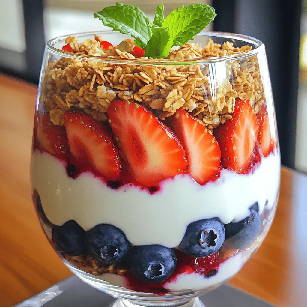To make your Double Berry Greek Yogurt Parfait, you will need: - 2 cups Greek yogurt (plain or vanilla) - 1 cup fresh strawberries, hulled and sliced - 1 cup fresh blueberries - 1/4 cup honey or maple syrup (adjust to taste) - 1 cup granola (your choice for crunch) - 1 teaspoon pure vanilla extract - Fresh mint leaves for garnish (optional) You can customize your parfait with these extras: - Other berries like raspberries or blackberries - Nuts such as almonds or walnuts for crunch - Seeds like chia or flaxseed for added nutrition - Yogurt flavors like honey or berry for a twist Greek yogurt is a great choice for this parfait. Here’s why: - High in protein: Greek yogurt helps you feel full longer. - Less sugar: It often has less sugar than regular yogurt. - Probiotics: These help support gut health. - Creamy texture: It makes the parfait smooth and rich. - Versatile: You can use it in many recipes, sweet or savory. Choosing Greek yogurt adds flavor and nutrition to your delicious treat. Start by grabbing a mixing bowl. Add 2 cups of Greek yogurt. You can use plain or vanilla yogurt. Then, add 1 teaspoon of pure vanilla extract. For sweetness, mix in 1/4 cup of honey or maple syrup. Use a whisk or spatula to blend everything well. The goal is a smooth and creamy mix. This mixture is the base of your parfait. It brings flavor and richness to each layer. Next, pick out some elegant glasses or parfait dishes. Begin with a scoop of your Greek yogurt mix. This is the base layer. After that, add a layer of sliced strawberries. Use 1 cup of fresh strawberries, hulled and sliced. Spread them out evenly over the yogurt. Then, add a layer of fresh blueberries. Use 1 cup of blueberries, placing them carefully for a nice look. On top of the berries, sprinkle some granola. This adds a tasty crunch. Repeat these layers until your glasses are filled. Aim for at least three layers to make it look beautiful. To make your parfaits pop, use clear glasses. This shows off the colorful layers. After you finish layering, you can drizzle more honey or maple syrup on top. This gives it an extra touch of sweetness. For a fresh look, add a few mint leaves on top as a garnish. This not only adds color but also a nice aroma. Serve your parfaits right away. This keeps the granola crunchy and delicious. You can swap Greek yogurt for any yogurt you like. Try coconut yogurt for a dairy-free option. If you want less sugar, use plain yogurt and add a bit of fruit. You can also change the sweetener. Maple syrup works well, but agave nectar is another great choice. For crunch, feel free to use nuts or seeds instead of granola. This will give you different flavors and textures. Start with yogurt as your base. This holds everything together. Use a spoon to add a thick layer of yogurt. Next, place the strawberries evenly. Make sure they cover the yogurt well. After that, add the blueberries. They should fit snugly in between the strawberries. Finish each layer with granola to add crunch. Repeat the process until your glass is full. Aim for at least three layers to make it look stunning. These parfaits are great for breakfast or dessert. You can serve them at brunch with friends. They also work well for a light snack after school. If you want to impress guests, use clear glasses to show off the layers. Consider garnishing with mint leaves for a pop of color. Drizzle extra honey on top for a sweet touch. {{image_4}} You can change the berries in your parfait. Try raspberries or blackberries for a twist. They add a nice tartness. You can mix in some mixed berries for a burst of flavor. Frozen berries work too if fresh ones aren't available. Honey and maple syrup are great, but you can use other sweeteners. Agave syrup works well if you want a lighter option. For a low-calorie choice, try stevia or monk fruit sweetener. Adjust the amount to your taste. If you want a dairy-free parfait, use a plant-based yogurt. Almond, coconut, or soy yogurt are good choices. Check that they are unsweetened to control sugar levels. You can also use coconut whipped cream for extra creaminess. This way, everyone can enjoy a tasty parfait! Store any leftover parfaits in a sealed container. Use plastic wrap or a lid to cover them. Keep them in the fridge for the best taste. It is best to store them without granola. Granola can get soggy if left too long. This way, your parfait stays fresh and tasty! Greek yogurt lasts about 1-3 weeks in the fridge after opening. Fresh berries are best used within 3-7 days. Granola usually stays good for 1-2 months if sealed. Honey and maple syrup can last for years. Always check for signs of spoilage before using. You don’t need to reheat parfaits. They taste best cold. If the granola has softened, you can add fresh granola on top. This keeps that nice crunch. Serve your parfaits in clear glasses to show off those pretty layers! Yes, you can use frozen berries for the parfait. They work well in this recipe. Just thaw them before using. This helps to avoid extra water in the layers. Thawed berries will also be soft, which makes them easy to mix. Keep in mind that frozen berries may not look as bright. However, they still taste great! This parfait is perfect for meal prepping! You can make it ahead of time and store it in the fridge. Layer the ingredients in jars or containers. Just keep the granola separate until you eat it. This way, it stays crunchy. You can prepare these up to three days in advance. Breakfast or dessert will be ready when you are! To make a lower-calorie version, swap out some ingredients. Use low-fat Greek yogurt instead of full-fat. You can also cut back on honey or maple syrup. Try using a sugar substitute, like stevia, for sweetness. Choose a lower-calorie granola or use fewer nuts. You can still enjoy all the flavors without the extra calories. This blog post covers everything you need for a delicious parfait. We explored key ingredients, optional tweaks for personalization, and the health benefits of Greek yogurt. You learned step-by-step how to prepare a mixture, layer it beautifully, and present it well. We shared tips on substitutions and serving ideas, plus variations with different berries and sweeteners. Finally, we discussed how to store your leftovers to keep them fresh. Enjoy creating your perfect parfait!