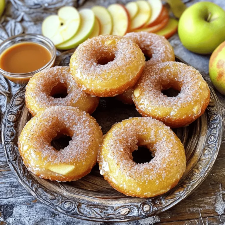 - 2 medium apples (Granny Smith or Honeycrisp) - ½ cup unsweetened applesauce - 2 large eggs - 2 cups all-purpose flour - 1 cup granulated sugar - 1 tablespoon baking powder - 1 teaspoon ground cinnamon - ½ teaspoon ground nutmeg - ½ teaspoon salt - ½ cup whole milk - 2 tablespoons unsalted butter, melted - Vegetable oil (for frying) - ½ cup additional granulated sugar (for coating) - 1 tablespoon ground cinnamon (for coating) I love using fresh apples in my donuts. Granny Smith or Honeycrisp work great because they are tart and sweet. Start by peeling and grating the apples. This gives the donuts a nice texture and flavor. Next, you need applesauce. This adds moisture and helps keep the donuts soft. The two eggs will bind everything together. Make sure they are large eggs for the right consistency. Now, let's talk about the dry ingredients. You will need all-purpose flour, granulated sugar, baking powder, ground cinnamon, nutmeg, and salt. These create the light and fluffy base for the donuts. Finally, for cooking, use whole milk and melted butter for richness. You will also need vegetable oil for frying. The oil must be hot to create that perfect crispy outside. Don't forget the cinnamon-sugar coating! You will mix extra sugar with ground cinnamon for a sweet finish. This makes each bite a tasty treat! - First, combine the grated apples, flour, sugar, baking powder, cinnamon, nutmeg, and salt in a large bowl. Make sure to mix them well. This adds flavor and texture. - Next, in another bowl, whisk together the applesauce, eggs, milk, and melted butter. This creates a smooth, wet mixture that helps bind everything. - Slowly pour the wet mix into the dry mix. Stir gently with a spatula until just combined. It’s okay if there are small lumps. Overmixing can lead to tough donuts. - Now, heat vegetable oil in a deep pot or fryer to 350°F (175°C). This is the perfect temperature for frying. To check if it’s ready, drop in a small spoonful of batter. It should sizzle and float. - Carefully drop spoonfuls of the batter into the hot oil. Make small donut shapes. Don’t overcrowd the pot, as this helps them cook evenly. - Fry the donuts for about 2-3 minutes on each side. Look for a golden brown color. This means they are cooked through. Use a slotted spoon to remove them and place them on paper towels to drain the oil. - While the donuts are frying, mix the additional sugar and cinnamon in a shallow bowl. This will be your sweet coating. - Roll the warm donuts in the cinnamon-sugar mixture right after frying. Make sure each donut is fully coated for that sweet crunch. - Allow the donuts to cool slightly before serving. This helps them set and makes them easier to eat. To get the best donut texture, avoid overmixing the batter. When mixing wet and dry ingredients, do it gently. A few lumps are okay. This will keep the donuts light and airy. Using a thermometer for the oil temperature is key. Heat your oil to 350°F (175°C). If the oil is too hot, the outside will burn. If it's too cool, the donuts will soak up oil. Serve these donuts warm with fresh apple slices. The tartness of the apples pairs well with the sweet donuts. You can also drizzle them with caramel sauce. This adds a rich flavor and a fun touch for dipping. You can make healthier swaps in this recipe. Substitute applesauce for butter to cut calories and fat. This keeps the donuts moist and delicious. Using whole wheat flour is another great option. It adds fiber and nutrients. Your donuts will still taste amazing while being a bit more wholesome. {{image_4}} You can easily change the flavor of your donuts. For a fun twist, add nutmeg. Just a half teaspoon gives a warm, cozy taste. It pairs well with apples. Another idea is to mix in chocolate chips. They melt when cooked and add a sweet surprise. If you want to try something new, consider a glaze. A maple glaze adds a sweet, rich flavor. It’s simple to make. Just mix maple syrup with powdered sugar. For a lighter taste, go for vanilla icing. A simple blend of powdered sugar and milk gives a nice finish. Want a healthier option? You can bake the donuts instead of frying them. Preheat your oven to 350°F. Use a donut pan for fun shapes. Another great method is using an air fryer. It cooks the donuts fast and keeps them crispy without all the oil. You can keep your cinnamon sugar apple donuts at room temperature. Place them in an airtight container. This keeps them fresh for a few days. For longer storage, refrigerate your donuts. They will stay good for up to 3 days. If you want to keep them even longer, freeze them. They can last in the freezer for up to 2 months. Just make sure to wrap them well to avoid freezer burn. When you're ready to enjoy your donuts again, warm them in the microwave. Heat them for a few seconds until they feel warm. If you want a crispy texture, re-crisp them in the oven. Preheat your oven to 350°F (175°C) and bake for about 5 minutes. This will bring back that fresh taste and texture. Yes, you can! Some apples work better than others. Granny Smith apples are tart and hold their shape well. Honeycrisp apples give a nice sweetness and crunch. Other good options include Fuji and Gala. Each type adds its own flavor. Just avoid very soft apples like Red Delicious. They won’t give the right texture. To make fluffy donuts, follow a few simple tips. First, don't overmix your batter. Mix just until the dry and wet ingredients combine. This helps keep air in the batter. Second, make sure your oil is hot enough. It should be 350°F (175°C). If the oil is too cool, the donuts will soak up grease and become heavy. Finally, fry small batches so they cook evenly. If your donut batter is too thick, don’t worry! You can add a little more liquid. Start with a tablespoon of milk. Gently stir it in until the batter reaches a better consistency. If it stays too thick, add more milk slowly. Just be careful not to make it too runny. You want it to hold its shape when you drop it in the oil. This blog post covered how to make delicious apple donuts. We discussed fresh and dry ingredients, along with cooking essentials. I shared step-by-step instructions for batter preparation, frying, and coating. You learned valuable tips for texture, presentation, and healthier options. Variations let you customize flavor and cooking methods. Store your treats properly to enjoy them longer. Remember, making donuts can be fun and rewarding. Enjoy your baking adventure and savor each bite!