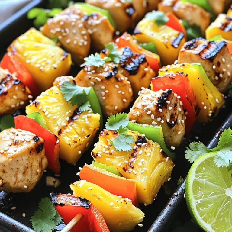 For the best teriyaki chicken pineapple kabobs, gather these key ingredients: - 1 lb boneless chicken breast, cut into 1-inch chunks - 1 cup fresh pineapple, cut into 1-inch chunks - 1 bell pepper (either red or yellow), cut into 1-inch pieces - 1 small red onion, cut into wedges - 1/4 cup soy sauce - 2 tablespoons honey - 2 tablespoons rice vinegar - 1 tablespoon sesame oil - 2 garlic cloves, minced - 1 teaspoon fresh ginger, grated - Salt and pepper, to taste - Skewers (if using wooden skewers, soak in water for 30 minutes prior to use) These ingredients create a mix of sweet and savory flavors. The fresh pineapple adds a juicy burst that pairs well with the chicken. You can boost the flavor of your kabobs with these optional ingredients: - Cherry tomatoes for a juicy pop - Zucchini slices for extra veggies - Green onions for a mild onion flavor - Fresh cilantro for a fresh taste - Lime wedges for a zesty finish Adding these will make your kabobs even more colorful and fun. Feel free to mix and match! To make cooking easy, gather these tools: - Mixing bowl for the marinade - Whisk for mixing - Grill or grill pan for cooking - Skewers for assembling kabobs - Tongs for flipping kabobs - Meat thermometer to check doneness Having the right tools makes cooking smoother and more enjoyable. You'll love how easy it is to whip up these tasty kabobs. To start, you need to make a tasty marinade. In a mixing bowl, combine: - 1/4 cup soy sauce - 2 tablespoons honey - 2 tablespoons rice vinegar - 1 tablespoon sesame oil - 2 minced garlic cloves - 1 teaspoon grated fresh ginger Whisk these ingredients together until smooth. Next, add the chicken pieces and coat them well. Cover the bowl with plastic wrap or a lid. Place it in the fridge for 30 minutes or up to 2 hours. This wait helps the chicken absorb all the flavors. Once marinated, it’s time to build your kabobs. Grab your skewers. If you use wooden ones, soak them in water for 30 minutes. This step keeps them from burning. Begin threading the marinated chicken, pineapple chunks, bell pepper pieces, and red onion wedges onto the skewers. Alternate the colors and textures to make them look fun and bright. Now, preheat your grill to medium heat. This step helps cook the kabobs evenly. Remove the skewers from the marinade, letting extra marinade drip off. Season with salt and pepper to taste. Place the kabobs on the grill and cook for 10-12 minutes. Turn them occasionally to ensure they cook evenly. The chicken should reach an internal temperature of 165°F (75°C) and have a nice char. For extra flavor, brush the kabobs with leftover marinade during the last few minutes. Once done, let them rest for a few minutes. This step keeps the juices inside, making every bite delicious! To grill chicken well, start with even chunks. Cut your chicken breast into 1-inch pieces. This helps it cook evenly. Preheat your grill to medium heat. A hot grill seals in juices and gives nice grill marks. Use a meat thermometer to check the chicken. It should reach 165°F (75°C) to be safe. Flip the kabobs every few minutes. This ensures all sides get that perfect char. For great pineapple, use fresh fruit. Cut it into 1-inch pieces to match the chicken. You want the outside to caramelize while keeping the inside juicy. Place pineapple on the grill for about 5-7 minutes. Turn it halfway through. Watch for grill marks; this means it's close to done. Grilled pineapple tastes sweet and smoky, making it a perfect match for savory chicken. You can spice up your kabobs easily. Try adding different herbs and spices to the marinade. For a kick, add chili flakes or smoked paprika. You can also mix in fresh herbs like cilantro or basil. If you want a sweeter taste, add more honey. Experiment with flavor combinations that you enjoy. This is your chance to make the kabobs uniquely yours! {{image_4}} You can switch out chicken for other proteins. Try shrimp for a quick cook. Beef works great too. Cut it into bite-sized pieces. Pork tenderloin is another tasty option. Just remember to adjust cooking times. Each protein brings unique flavors to the kabobs. If you want a vegetarian kabob, skip the chicken. Use firm tofu instead. Cut it into cubes and marinate just like the chicken. You can also add more veggies. Try mushrooms, zucchini, or cherry tomatoes. These will add great color and flavor to your dish. While I love the teriyaki marinade, you can play with flavors. A sweet chili sauce adds a nice kick. For a tangy twist, try a lemon-garlic marinade. Just mix lemon juice, olive oil, and minced garlic. You can also use yogurt with spices for a creamy touch. To keep your leftover kabobs fresh, place them in an airtight container. You can also wrap them tightly in plastic wrap. Store the kabobs in the fridge for up to three days. Make sure they cool down before sealing. This helps keep the flavors intact. When you're ready to enjoy the kabobs again, use the oven or a grill. Preheat your oven to 350°F (175°C). Place the kabobs on a baking sheet and cover them with foil. Heat for about 10-15 minutes, or until warm. If using a grill, reheat them for about 5 minutes, turning often. This keeps them juicy and tasty. You can freeze the kabobs if you have extras. Wrap each one in plastic wrap, then place them in a freezer bag. Remove as much air as possible. They will stay fresh for about two months. When ready to eat, thaw them in the fridge overnight. Reheat as mentioned above for the best flavor. Yes, you can use chicken thighs. They stay moist and tender when cooked. Thighs also add rich flavor. Just cut them into 1-inch chunks like the breasts. This keeps the cooking time similar. You can marinate the chicken for 30 minutes to 2 hours. Longer marinating makes the chicken tastier. Just don’t exceed 2 hours, as it can get too salty. I find 1 hour gives a great flavor boost. Great side dishes include: - Steamed rice: A nice base to soak up the sauce. - Grilled veggies: They complement the kabobs' flavors well. - Asian slaw: Adds crunch and freshness to the meal. - Cucumber salad: A cool, refreshing side. These options balance the sweet and savory notes of the kabobs. To sum up, we explored the essential ingredients for teriyaki chicken pineapple kabobs. I shared steps for marinating the chicken, assembling the kabobs, and grilling them perfectly. Tips on grilling chicken and cooking pineapple made this dish a winner. We also discussed tasty variations and how to store leftovers properly. Remember, kabobs are versatile. Feel free to mix proteins or tweak flavors. Enjoy your cooking adventures, and savor every bite!