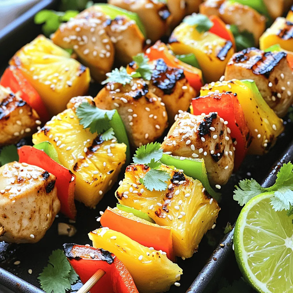 For the best teriyaki chicken pineapple kabobs, gather these key ingredients: - 1 lb boneless chicken breast, cut into 1-inch chunks - 1 cup fresh pineapple, cut into 1-inch chunks - 1 bell pepper (either red or yellow), cut into 1-inch pieces - 1 small red onion, cut into wedges - 1/4 cup soy sauce - 2 tablespoons honey - 2 tablespoons rice vinegar - 1 tablespoon sesame oil - 2 garlic cloves, minced - 1 teaspoon fresh ginger, grated - Salt and pepper, to taste - Skewers (if using wooden skewers, soak in water for 30 minutes prior to use) These ingredients create a mix of sweet and savory flavors. The fresh pineapple adds a juicy burst that pairs well with the chicken. You can boost the flavor of your kabobs with these optional ingredients: - Cherry tomatoes for a juicy pop - Zucchini slices for extra veggies - Green onions for a mild onion flavor - Fresh cilantro for a fresh taste - Lime wedges for a zesty finish Adding these will make your kabobs even more colorful and fun. Feel free to mix and match! To make cooking easy, gather these tools: - Mixing bowl for the marinade - Whisk for mixing - Grill or grill pan for cooking - Skewers for assembling kabobs - Tongs for flipping kabobs - Meat thermometer to check doneness Having the right tools makes cooking smoother and more enjoyable. You'll love how easy it is to whip up these tasty kabobs. To start, you need to make a tasty marinade. In a mixing bowl, combine: - 1/4 cup soy sauce - 2 tablespoons honey - 2 tablespoons rice vinegar - 1 tablespoon sesame oil - 2 minced garlic cloves - 1 teaspoon grated fresh ginger Whisk these ingredients together until smooth. Next, add the chicken pieces and coat them well. Cover the bowl with plastic wrap or a lid. Place it in the fridge for 30 minutes or up to 2 hours. This wait helps the chicken absorb all the flavors. Once marinated, it’s time to build your kabobs. Grab your skewers. If you use wooden ones, soak them in water for 30 minutes. This step keeps them from burning. Begin threading the marinated chicken, pineapple chunks, bell pepper pieces, and red onion wedges onto the skewers. Alternate the colors and textures to make them look fun and bright. Now, preheat your grill to medium heat. This step helps cook the kabobs evenly. Remove the skewers from the marinade, letting extra marinade drip off. Season with salt and pepper to taste. Place the kabobs on the grill and cook for 10-12 minutes. Turn them occasionally to ensure they cook evenly. The chicken should reach an internal temperature of 165°F (75°C) and have a nice char. For extra flavor, brush the kabobs with leftover marinade during the last few minutes. Once done, let them rest for a few minutes. This step keeps the juices inside, making every bite delicious! To grill chicken well, start with even chunks. Cut your chicken breast into 1-inch pieces. This helps it cook evenly. Preheat your grill to medium heat. A hot grill seals in juices and gives nice grill marks. Use a meat thermometer to check the chicken. It should reach 165°F (75°C) to be safe. Flip the kabobs every few minutes. This ensures all sides get that perfect char. For great pineapple, use fresh fruit. Cut it into 1-inch pieces to match the chicken. You want the outside to caramelize while keeping the inside juicy. Place pineapple on the grill for about 5-7 minutes. Turn it halfway through. Watch for grill marks; this means it's close to done. Grilled pineapple tastes sweet and smoky, making it a perfect match for savory chicken. You can spice up your kabobs easily. Try adding different herbs and spices to the marinade. For a kick, add chili flakes or smoked paprika. You can also mix in fresh herbs like cilantro or basil. If you want a sweeter taste, add more honey. Experiment with flavor combinations that you enjoy. This is your chance to make the kabobs uniquely yours! {{image_4}} You can switch out chicken for other proteins. Try shrimp for a quick cook. Beef works great too. Cut it into bite-sized pieces. Pork tenderloin is another tasty option. Just remember to adjust cooking times. Each protein brings unique flavors to the kabobs. If you want a vegetarian kabob, skip the chicken. Use firm tofu instead. Cut it into cubes and marinate just like the chicken. You can also add more veggies. Try mushrooms, zucchini, or cherry tomatoes. These will add great color and flavor to your dish. While I love the teriyaki marinade, you can play with flavors. A sweet chili sauce adds a nice kick. For a tangy twist, try a lemon-garlic marinade. Just mix lemon juice, olive oil, and minced garlic. You can also use yogurt with spices for a creamy touch. To keep your leftover kabobs fresh, place them in an airtight container. You can also wrap them tightly in plastic wrap. Store the kabobs in the fridge for up to three days. Make sure they cool down before sealing. This helps keep the flavors intact. When you're ready to enjoy the kabobs again, use the oven or a grill. Preheat your oven to 350°F (175°C). Place the kabobs on a baking sheet and cover them with foil. Heat for about 10-15 minutes, or until warm. If using a grill, reheat them for about 5 minutes, turning often. This keeps them juicy and tasty. You can freeze the kabobs if you have extras. Wrap each one in plastic wrap, then place them in a freezer bag. Remove as much air as possible. They will stay fresh for about two months. When ready to eat, thaw them in the fridge overnight. Reheat as mentioned above for the best flavor. Yes, you can use chicken thighs. They stay moist and tender when cooked. Thighs also add rich flavor. Just cut them into 1-inch chunks like the breasts. This keeps the cooking time similar. You can marinate the chicken for 30 minutes to 2 hours. Longer marinating makes the chicken tastier. Just don’t exceed 2 hours, as it can get too salty. I find 1 hour gives a great flavor boost. Great side dishes include: - Steamed rice: A nice base to soak up the sauce. - Grilled veggies: They complement the kabobs' flavors well. - Asian slaw: Adds crunch and freshness to the meal. - Cucumber salad: A cool, refreshing side. These options balance the sweet and savory notes of the kabobs. To sum up, we explored the essential ingredients for teriyaki chicken pineapple kabobs. I shared steps for marinating the chicken, assembling the kabobs, and grilling them perfectly. Tips on grilling chicken and cooking pineapple made this dish a winner. We also discussed tasty variations and how to store leftovers properly. Remember, kabobs are versatile. Feel free to mix proteins or tweak flavors. Enjoy your cooking adventures, and savor every bite!