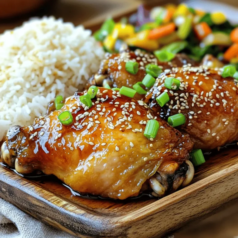 - 4 chicken thighs, bone-in and skin-on - 1/4 cup soy sauce - 1/4 cup honey - 2 tablespoons rice vinegar - 2 cloves garlic, minced - 1 inch piece fresh ginger, grated - 1 tablespoon sesame oil - Salt and pepper to taste - 2 green onions, chopped - Sesame seeds Sticky Honey Soy Chicken needs simple and tasty ingredients. The chicken thighs give great flavor. The skin-on thighs keep the meat juicy. Soy sauce adds umami, while honey gives sweetness. Rice vinegar adds a tangy kick. For flavor, you’ll need garlic and fresh ginger. Garlic brings depth, and ginger adds warmth. Sesame oil adds a nutty finish. Don’t skip the salt and pepper; they balance the dish. For garnishes, green onions add a fresh crunch. Sesame seeds give a nice touch and a little crunch. Together, these ingredients create a meal that is full of flavor and easy to make. First, grab a medium mixing bowl. Whisk together these ingredients: - 1/4 cup soy sauce - 1/4 cup honey - 2 tablespoons rice vinegar - 2 cloves garlic, minced - 1 inch piece fresh ginger, grated - 1 tablespoon sesame oil Mix until everything blends well. The marinade should smell sweet and savory. This mix gives the chicken its sticky goodness. Next, take your chicken thighs and season them with salt and pepper. This step is key for flavor. Place the chicken in a zip-lock bag or shallow dish. Pour the marinade over the chicken. Make sure each piece gets coated. Seal the bag or cover the dish. Refrigerate for at least 1 hour or overnight for the best flavor. When ready to cook, preheat your oven to 400°F (200°C). This temperature helps the chicken cook evenly and get crispy. Arrange the marinated chicken thighs in a baking dish, skin-side up. Pour any leftover marinade over the top. Bake for 30-35 minutes. The chicken will be done when it reaches an internal temperature of 165°F (74°C). Look for golden, crispy skin. For a sticky finish, switch your oven to broil for the last 10 minutes. This step caramelizes the chicken skin. It adds a nice gloss and extra flavor. Watch closely while broiling. The heat can be intense, and you don't want to burn the chicken. After baking, let the chicken rest for a few minutes. This helps keep it juicy. Before serving, garnish with chopped green onions and a sprinkle of sesame seeds. This adds color and crunch. Serve the chicken on a platter with fluffy rice and vibrant veggies. Drizzle any extra sauce from the dish over the chicken for even more flavor. Enjoy your delicious meal! For the best flavor, marinate your chicken for at least 1 hour. Ideally, let it sit overnight. This time allows the marinade to soak in deeply. You can use a zip-lock bag or a bowl. Make sure every piece gets coated well. To get crispy skin, bake at 400°F (200°C). Place chicken skin-side up in the dish. Pour any leftover marinade on top. Bake for 30-35 minutes. The chicken should reach 165°F (74°C). This ensures it’s safe to eat. When broiling, switch to this setting in the last 10 minutes. This step caramelizes the skin and adds stickiness. Keep a close watch to avoid burning. The broiler can cook fast, so stay nearby. {{image_4}} You can switch up the protein in this dish. Chicken breasts work well, too. They cook faster, so check them after 25 minutes. Drumsticks are another great choice. They stay juicy and full of flavor. Just remember to adjust cooking times based on the cut you choose. Want a kick? Add some chili flakes or fresh ginger to the marinade. This gives the dish a spicy edge. You can also try different types of honey. Clover honey is mild, while buckwheat honey adds a richer flavor. Experimenting with honey can change the dish in fun ways. Pair your sticky honey soy chicken with steamed rice. It soaks up the sauce well. You can also serve it with vibrant stir-fried veggies for color and crunch. Want to mix it up? Turn it into a stir-fry. Just cut the chicken into bite-sized pieces and stir-fry with veggies. Add the marinade to glaze everything together for a quick and tasty meal. To store leftover sticky honey soy chicken, let it cool first. Place it in an airtight container. Make sure to cover it well, so it stays fresh. You can keep it in the fridge for up to 3 days. When stored properly, the chicken retains its flavor and moisture. To freeze sticky honey soy chicken, first cool it completely. Cut the chicken into smaller pieces if you want. Then, place it in a freezer-safe bag or container. Remove as much air as possible to avoid freezer burn. You can freeze it for up to 3 months. When ready to enjoy, just thaw it in the fridge overnight. For the best taste, reheat sticky honey soy chicken in the oven. Preheat your oven to 350°F (175°C). Place the chicken on a baking sheet. Cover it with foil to keep it moist. Heat for about 20-25 minutes or until warm. You can also reheat it in the microwave. Just place it on a microwave-safe plate and cover it. Heat in 1-minute intervals until hot. You can use several options if you need a soy sauce substitute. Here are a few: - Tamari: This is gluten-free and has a similar taste. - Coconut aminos: This is a sweeter option, great for low-sodium diets. - Liquid aminos: This is another soy-free choice that works well. - Homemade mix: Combine beef broth with a bit of vinegar and sugar for a quick fix. Each option brings its unique flavor, so choose what fits your meal best. Yes, you can adapt this recipe for a slow cooker. Here’s how: 1. Prepare the marinade: Mix the ingredients as usual. 2. Marinate the chicken: Coat your chicken thighs and let them sit. 3. Place in the slow cooker: Add the chicken and pour the marinade over it. 4. Cook on low: Set your slow cooker to low for 6-8 hours or high for 3-4 hours. You won’t get the crispy skin, but the chicken will be super tender and full of flavor. To check if your chicken is cooked, use a meat thermometer. - The chicken should reach an internal temperature of 165°F (74°C). - Look for golden, crispy skin. If it is still pale, it needs more cooking. Always check the thickest part of the thigh for the best reading. Yes, you can use boneless chicken thighs in this recipe. Here’s what to adjust: - Cooking time: Cut the baking time to about 25-30 minutes. - Check for doneness: Again, aim for that 165°F (74°C) internal temperature. Boneless thighs will cook faster and still provide great flavor. Enjoy your cooking! This blog post covered the essential ingredients and steps to make sticky honey soy chicken, along with tips and variations. You learned about the marinade, baking techniques, and garnishes that boost flavor. Remember, marinating well and monitoring your cooking closely ensure a tasty result. You can even adapt this dish for other proteins or spice it up to your taste. Enjoy experimenting with leftovers or serving suggestions. This recipe is simple, rewarding, and perfect for your next meal.