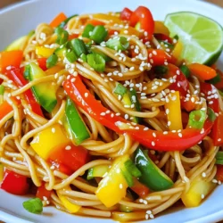 - 200g soba noodles - 1 tablespoon sesame oil - 3 cloves garlic, finely minced - 1 teaspoon red chili flakes Soba noodles form the base of this dish. They are quick to cook and have a unique flavor. I love using sesame oil for its nutty taste. Garlic adds depth, while chili flakes give a nice kick. Adjust the chili to suit your spice level. - 1 cup assorted bell peppers, thinly sliced - 1 small zucchini, julienned - 1 medium carrot, julienned - 2 green onions, finely chopped Colorful bell peppers brighten the dish. They add crunch and sweetness. Zucchini and carrots provide texture and nutrition. Green onions finish the dish with freshness. Use a mix of red, yellow, and green peppers for a vibrant look. - 2 tablespoons soy sauce - 1 tablespoon rice vinegar - 1 tablespoon honey or maple syrup Soy sauce brings umami flavor, while rice vinegar adds a tangy touch. Honey or maple syrup balances with sweetness. Together, these sauces create a tasty coating for the noodles and veggies. Start by filling a pot with water. Add a good pinch of salt. Bring the water to a rolling boil. Carefully add the soba noodles. Cook them according to the package instructions, usually 4-5 minutes. Once cooked, drain the noodles. Rinse them under cold water to stop the cooking. This keeps them firm and fresh. In a large skillet or wok, pour in the sesame oil. Heat it over medium heat. When the oil is hot, add the minced garlic and red chili flakes. Sauté them for about 30 seconds. You want the garlic to turn golden and smell great. Add the sliced bell peppers, julienned zucchini, and julienned carrot to the skillet. Stir-fry these colorful veggies for about 3-4 minutes. Cook them until they are bright and slightly tender, but still crisp. Now, add the cooked soba noodles to the skillet with the veggies. In a small bowl, whisk together the soy sauce, rice vinegar, and honey or maple syrup. Drizzle this sauce over the noodles and vegetables. Toss everything gently until it is well mixed and coated with the sauce. Once everything is combined, remove the skillet from heat. Fold in the chopped green onions. Finish with a sprinkle of sesame seeds for a crunchy touch. For serving, use deep bowls. Top with more green onions and sesame seeds. You can also add a lime wedge on the side for extra flavor. To keep your noodles firm and fresh, rinse them after cooking. This stops the cooking process and prevents them from getting mushy. Use a large pot of boiling water and add a good pinch of salt before cooking your soba noodles for better flavor. Adjusting spice levels is easy. Start with a teaspoon of red chili flakes. Taste it, then add more if you want more heat. You can add even more taste to your stir-fry. Try adding a splash of lime juice for a fresh twist. A handful of fresh herbs like cilantro or basil also makes a great addition. Using cold or leftover vegetables works well too. Just toss them in right before serving for a quick and easy upgrade. For sides, pair your stir-fry with a light salad or steamed edamame. Both add color and texture to your meal. When plating, use deep bowls to showcase the vibrant colors of the dish. Top with green onions and sesame seeds for a beautiful finish. A lime wedge on the side adds a nice touch and extra flavor. {{image_4}} You can easily make this dish vegan. First, swap honey for maple syrup. This keeps it sweet and plant-based. Next, add tofu or tempeh for protein. Just cube the tofu and sauté it until golden. This will give you a hearty meal that fits any vegan diet. If you need a gluten-free meal, you have options. Try using rice noodles or quinoa noodles instead of soba. Both have a great texture and flavor. Make sure to use gluten-free soy sauce or tamari in the sauce. This keeps your dish safe while still tasty. Want to change up the flavors? You can spice it up with extra sauces. Try adding sriracha or a splash of lime juice for zest. You can also mix in different vegetables. Broccoli, snap peas, or mushrooms work great. This will give your stir-fry a new twist each time you make it. To keep your Minute Chili Garlic Soba Stir-Fry fresh, use proper storage containers. Glass or BPA-free plastic containers work best. Make sure they seal tightly. This helps keep moisture in and air out. Cool the stir-fry to room temperature before storing it. This step prevents condensation, which can cause sogginess. The stir-fry will stay good in the fridge for about three days. When you're ready to enjoy your leftovers, the best methods for reheating are using a skillet or microwave. If you use a skillet, add a splash of water or sesame oil. Heat on medium until warm. Stir often to avoid sticking. If using a microwave, place the stir-fry in a microwave-safe dish. Cover it with a damp paper towel to keep it moist. Heat in short bursts of 30 seconds, stirring in between. This method helps avoid sogginess. You can freeze the stir-fry for longer storage. Divide it into portions before freezing. Use airtight containers or freezer bags to prevent freezer burn. Make sure to remove as much air as possible from the bags. To thaw, place the frozen stir-fry in the fridge overnight. For a quick thaw, use the microwave on the defrost setting. After thawing, reheat as mentioned before, and enjoy your meal! This dish takes about 20 minutes to make. You need around 10 minutes to prep. Cooking the noodles and stir-frying the veggies takes another 10 minutes. It’s quick and easy! Yes! You can use other noodles if you like. Try udon, rice noodles, or even spaghetti. Just adjust the cooking time based on the noodle type you choose. You can add many proteins to this dish. Grilled chicken, shrimp, or tofu work great. Just cook them separately and toss them in with the noodles. Absolutely! This stir-fry is perfect for meal prep. Cook a big batch and store it in containers. It stays fresh for a few days in the fridge. This blog post covered how to make a tasty chili garlic soba stir-fry. We looked at the main ingredients, like soba noodles, vegetables, and sauces. Then, I shared easy steps for cooking and combining flavors. You can tweak the recipe with tips on variations and storage. In the end, this dish is simple, fresh, and fun. Enjoy making it your own!