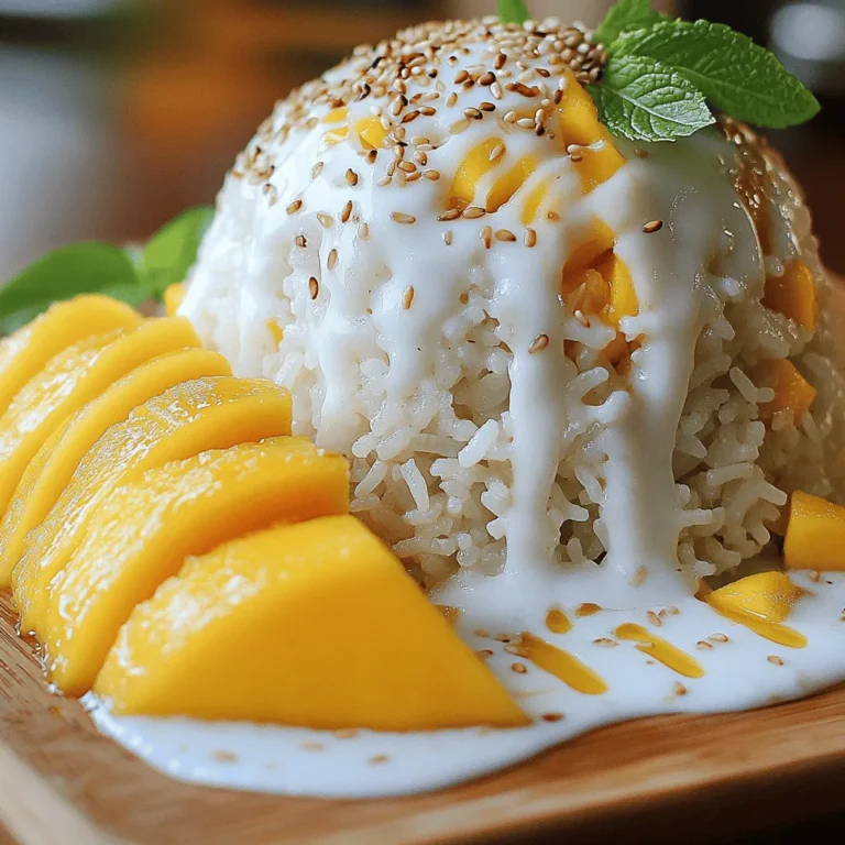 To make Thai mango sticky rice, you need a few key ingredients: - 1 cup glutinous rice (also known as sweet rice) - 1 ½ cups coconut milk (divided) - 2 ripe mangoes, peeled and thinly sliced - ½ cup granulated sugar - ½ teaspoon salt - 1 tablespoon sesame seeds, toasted (for garnish) - Fresh mint leaves (for garnish) These ingredients create a sweet and creamy dish. Glutinous rice gives the sticky texture. Coconut milk adds rich flavor. Ripe mangoes provide sweetness and freshness. If you can't find glutinous rice, you can try other types. Short-grain rice can work as a substitute. It won't be as sticky but will still taste good. Jasmine rice is another option. It has a lovely aroma and texture. The best mangoes for this dish are ripe and sweet. Look for mangoes that give slightly when you press them. Varieties like Ataulfo or Haden are great choices. They have a smooth texture and sweet flavor. Avoid mangoes that are too hard or have blemishes. The right mango makes your dessert shine. First, rinse your glutinous rice under cold water. Keep rinsing until the water runs clear. This step is key to removing extra starch. After rinsing, place the rice in a bowl and cover it with water. Let it soak for at least four hours. If you have time, soak it overnight. This makes the rice soft and easy to cook. Once the rice has soaked, drain it well. Then, line a steamer with cheesecloth. This step stops the rice from sticking. Place the drained rice in the steamer. Steam the rice over boiling water for about 20 to 25 minutes. The rice will be ready when it looks translucent and feels tender. This method gives you the perfect sticky rice. In a medium saucepan, mix one cup of coconut milk with the sugar and salt. Set the heat to low or medium. Stir the mixture gently. You want the sugar to dissolve fully. Be careful not to let it boil. After the sugar is dissolved, take the pan off the heat. Keep half a cup of coconut milk aside for serving later. This sauce will add rich flavor to your sticky rice. To make perfect sticky rice, soak your glutinous rice for at least four hours. This softens the grains. If you have time, soak it overnight for the best texture. Rinse the rice under cold water until it runs clear. This step removes excess starch that can make the rice gummy. When cooking, steam the rice in a cheesecloth-lined steamer. This prevents sticking and allows the rice to cook evenly. Your rice should look translucent and feel tender when done. For a smooth coconut sauce, combine one cup of coconut milk, sugar, and salt in a saucepan. Heat it gently over low to medium heat. Stir until the sugar dissolves, but do not let it boil. Boiling can change the texture. Set aside half a cup of coconut milk for serving. This will drizzle beautifully over your dish. Remember to stir the sauce slowly for a velvety finish. When serving, take a generous scoop of sticky rice and place it on a decorative plate. Artfully arrange the sliced mangoes beside the rice. Drizzle the reserved coconut milk over both the rice and mango. This adds shine and flavor. For a pop of color, sprinkle toasted sesame seeds on top. Fresh mint leaves make a lovely garnish. They add a refreshing touch and enhance the look of your dessert. {{image_4}} You can make Thai mango sticky rice vegan and dairy-free with some simple swaps. Use coconut milk as your main liquid. It is already dairy-free and gives a rich flavor. The sugar is generally vegan, but check if you want to be sure. This dish remains a treat for everyone! You can easily change the toppings to switch things up. Try adding chopped nuts like peanuts or cashews for crunch. Fresh fruit like strawberries or kiwi can add color and flavor. You can also drizzle some honey or maple syrup for extra sweetness. Don't be afraid to experiment! Serving this dessert can be fun and creative. Use small bowls for individual portions. You can layer the rice and mango in clear cups for a pretty look. Add a sprig of mint on top for color. Another idea is to serve it in half mango shells for a tropical feel. Enjoy making it your own! To store leftover sticky rice, first let it cool. Place it in an airtight container. This helps keep it fresh and moist. You can keep it in the fridge for up to 3 days. If you have a lot, divide it into smaller portions. This makes it easier to reheat later. To reheat sticky rice, use a steamer. Place the rice in the steamer basket. Steam for about 5-10 minutes until warm. You can also use the microwave. Put the rice in a bowl with a splash of water. Cover with a damp paper towel and heat for 1-2 minutes. For the mango, keep it fresh. Serve it cold, as warm mango can lose its nice texture. Sticky rice can last up to 3 days in the fridge. If you want to store it longer, freezing is a good option. Wrap the rice tightly in plastic wrap, then place it in a freezer bag. It can stay frozen for up to 2 months. When ready to eat, thaw it in the fridge overnight, then reheat. No, you cannot use regular rice. Glutinous rice gives this dish its unique sticky texture. Regular rice will not clump together like glutinous rice. If you want the right taste and feel, stick to glutinous rice. You can tell when the rice is fully cooked by its look and feel. The grains will become translucent and soft. You can also taste a small piece. It should be tender but still have a slight bite. Mango is the star, but other fruits work well too. You can try ripe bananas, sweet strawberries, or juicy pineapples. Each fruit adds a unique flavor that complements the sticky rice and coconut. Yes, you can prepare some parts ahead. You can soak the rice overnight and cook it the next day. You can also make the coconut sauce early. Just keep everything in the fridge until you are ready to serve. In this article, I shared how to make Thai Mango Sticky Rice. You learned about key ingredients, like glutinous rice and ripe mangoes. I provided step-by-step instructions on soaking and cooking the rice, plus making the coconut sauce. You also found tips for perfect rice and serving ideas. This dish is fun to make and great to share. With a few variations and storage tips, you can enjoy it anytime. Now, get cooking and treat yourself to this sweet delight!