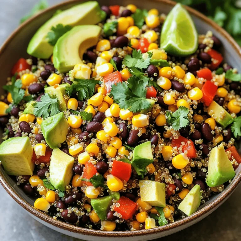 - 1 cup quinoa, thoroughly rinsed - 2 cups vegetable broth (or water) - 1 can (15 oz) black beans, drained and rinsed - 1 cup corn kernels (can be fresh, frozen, or canned) - 1 red bell pepper, diced into small pieces - 1 ripe avocado, diced - 1/4 cup red onion, finely chopped - 1/4 cup fresh cilantro, chopped - Juice of 2 limes - 2 tablespoons extra virgin olive oil - 1 teaspoon ground cumin - 1/2 teaspoon chili powder - Salt and pepper to taste You can add extras to make this salad your own. Here are some great options: - Cherry tomatoes, halved for a sweet touch - Jalapeños for heat - Feta cheese for a salty kick - Chopped green onions for freshness - Sliced olives for a briny flavor This salad is not only tasty but also packed with good nutrients. Here’s what you get per serving: - Calories: Approximately 250 - Protein: 9g - Carbohydrates: 40g - Dietary Fiber: 10g - Fat: 6g - Sodium: Varies with added salt Enjoy this salad as a meal or a side. It's colorful, healthy, and easy to make! Start by rinsing one cup of quinoa under cold water. This removes the bitter coating. In a medium saucepan, combine the rinsed quinoa and two cups of vegetable broth. Bring this mix to a boil over medium-high heat. Once it boils, lower the heat and cover the pan. Let it simmer for about 15 minutes. The quinoa is ready when it is fluffy and all the liquid is gone. Remove the pan from heat and let it cool a bit while still covered. While the quinoa cooks, prepare the vegetable mixture. In a large mixing bowl, combine one can of drained black beans, one cup of corn kernels, and one diced red bell pepper. Add one diced avocado, a quarter cup of finely chopped red onion, and a quarter cup of chopped fresh cilantro. Stir gently to mix everything. Be careful not to mash the avocado; we want nice chunks for texture. Next, make the dressing. In a small bowl, whisk together the juice of two limes, two tablespoons of extra virgin olive oil, one teaspoon of ground cumin, and half a teaspoon of chili powder. Add salt and pepper to taste. Whisk until the dressing is smooth and well blended. This mix adds a zesty kick to our salad. Once the quinoa has cooled, add it to the bowl with the vegetable mixture. Pour the dressing over the top. Gently toss everything together. Ensure all the ingredients are well-coated with the dressing. Taste the salad and adjust the seasoning if needed. Serve it chilled or at room temperature. Enjoy the fresh and vibrant flavors! When picking an avocado, look for one that feels slightly soft. It should not be too mushy. The skin can be dark green to almost black. Check for any large dark spots. This may mean it is overripe. If you want to eat it soon, choose one that is soft. If you plan to use it later, pick a firmer one. Let it ripen on the counter. To keep your salad fresh, store it in an airtight container. This helps keep air out and stops browning. If you have leftover avocado, squeeze lime juice on it. This will slow down browning. You can also cover it with plastic wrap. Press the wrap directly onto the surface to limit air exposure. If you like more heat, add extra chili powder or fresh jalapeños. For less spice, reduce the chili powder amount. You can also serve hot sauce on the side. Let everyone spice their salad as they like. It makes the meal more fun and customizable. {{image_4}} You can boost this salad with protein. Grilled chicken adds a savory taste. Use about one cup of diced chicken. It pairs well with the spices. For a plant-based choice, use tofu. Firm tofu works best. Cube it and sauté until golden. This adds a nice texture to your salad. This salad is naturally vegan and gluten-free. To keep it that way, stick with black beans and corn. If you want more flavor, add nutritional yeast. It gives a cheesy taste without dairy. Always check labels for gluten in packaged ingredients. This way, you ensure your meal is safe. Fresh ingredients make this salad shine. In spring, add peas or radishes for crunch. Summer is perfect for fresh tomatoes or cucumbers. In fall, consider roasted sweet potatoes for sweetness. Winter calls for hearty greens like kale. These changes keep your salad exciting all year round. To keep your quinoa salad fresh, store it in an airtight container. This helps prevent the salad from absorbing other odors in the fridge. Make sure the salad cools completely before sealing it. If you add avocado, it may brown faster. You can add it just before serving. This keeps the salad looking vibrant and tasty. You can freeze quinoa salad, but it’s best to leave out fresh avocado and cilantro. These ingredients do not freeze well. To freeze, place the salad in a freezer-safe bag or container. Remove as much air as possible before sealing. When ready to eat, thaw it in the fridge overnight. This keeps it from getting mushy. Reheat quinoa salad gently. Use a microwave on low power to warm it up without cooking it further. Stir occasionally to heat evenly. If the salad seems dry, add a splash of lime juice or olive oil to liven it up. Enjoy your leftovers while they are still fresh and flavorful! To add some heat to your Southwest Quinoa Salad, you can use a few tricks. First, add diced jalapeños to the vegetable mix. You can adjust the amount to fit your spice level. Another option is to sprinkle in some cayenne pepper when you make the dressing. This will give your salad a nice kick. Finally, consider adding chili flakes as a garnish before serving. Yes, you can make this salad ahead of time. It tastes great after chilling in the fridge. Just prepare the salad and dressing separately. Combine them just before serving. This keeps the veggies fresh and crunchy. You can store the salad for up to three days in the fridge. Remember to taste and adjust the seasoning before serving. Absolutely! You can use raw ingredients in your Southwest Quinoa Salad. If you prefer fresh corn, just cut it off the cob. For beans, you can cook dried beans instead of using canned ones. This may take longer, but the flavor is often better. Make sure to rinse any raw ingredients well before adding them to the salad. This blog post detailed how to make a tasty Southwest quinoa salad. We covered the main and optional ingredients. You learned step-by-step cooking tips and solutions for different diets. We also discussed how to store leftovers and answered common questions. Enjoy this colorful dish with your family and friends. Customize it to your taste. With fresh ingredients, this salad can fit any meal!