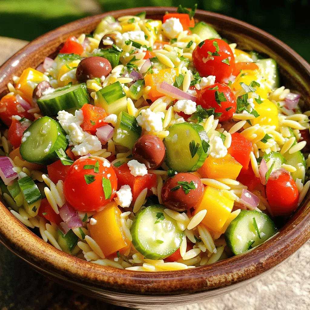 To craft a vibrant Greek Orzo Salad, gather these key ingredients: - 1 cup orzo pasta - 1 ½ cups cherry tomatoes, halved - 1 cucumber, diced - 1 bell pepper (red or yellow), diced - ½ red onion, finely chopped - 1 cup Kalamata olives, pitted and halved - 1 cup feta cheese, crumbled - ¼ cup fresh parsley, chopped - ¼ cup extra virgin olive oil - 2 tablespoons freshly squeezed lemon juice - 1 teaspoon dried oregano - Salt and freshly cracked black pepper to taste These ingredients create the base for a delicious and colorful salad packed with flavors. - Orzo Pasta: This small pasta cooks quickly and adds a nice texture. - Feta Cheese: Creamy and tangy, feta brings depth to the salad. It also offers protein and calcium. - Kalamata Olives: They add a briny flavor that enhances the dish. Olives are rich in healthy fats. - Cherry Tomatoes: Sweet and juicy, they provide color and freshness. Tomatoes are high in vitamins. - Cucumber: Crunchy and refreshing, cucumber offers hydration and a crisp texture. - Extra Virgin Olive Oil: A must for dressing, it brings richness and healthy fats. - Fresh Lemon Juice: Adds brightness and acidity that balances the salad's flavors. These special ingredients not only make your salad tasty but also pack it with nutrients. If you need to swap ingredients, consider these options: - Orzo: Use quinoa or couscous for a gluten-free option. - Feta Cheese: Try goat cheese or a dairy-free feta for different flavors. - Kalamata Olives: Black olives or green olives can replace them if needed. - Cherry Tomatoes: Regular tomatoes, diced, work well if you can't find cherry tomatoes. - Cucumber: Zucchini or bell pepper can add crunch if you prefer. These substitutions help you customize the salad while keeping its essence. First, bring a pot of salted water to a boil. Add the orzo pasta. Cook it for about 8-10 minutes until it is al dente. Once cooked, drain the orzo in a colander. Rinse it under cold water to stop cooking. This keeps the orzo from getting mushy. Let it drain thoroughly before moving to a large mixing bowl. While the orzo cooks, chop your fresh veggies. Take 1 ½ cups of cherry tomatoes and cut them in half. Dice one cucumber and one bell pepper, either red or yellow. Finely chop half a red onion. Add all these veggies to the large bowl with the orzo. Stir gently to mix them well. In a small bowl, whisk together the dressing. Use ¼ cup of extra virgin olive oil and 2 tablespoons of freshly squeezed lemon juice. Add 1 teaspoon of dried oregano, a pinch of salt, and some freshly cracked black pepper. Mix until the dressing is smooth and well-blended. Now, fold the drained orzo into the veggie mix. Add in 1 cup of halved Kalamata olives and 1 cup of crumbled feta cheese. Gently combine these ingredients. Be careful not to smash the feta, as you want to keep its shape. Pour the dressing over your salad. Toss everything together using salad tongs. Make sure all the ingredients are coated in the zesty dressing. Sprinkle ¼ cup of chopped fresh parsley over the top. Give it a final gentle toss. Let the salad rest for at least 10 minutes at room temperature. This helps the flavors mix. Serve it in a colorful salad bowl or in mason jars for a fun touch. Add a lemon wedge for extra zest! To get the best orzo, cook it just right. Bring a pot of salted water to a boil. Add the orzo and stir well. Cook for about 8 to 10 minutes until it is al dente. This means it should be firm but not hard. When done, drain it in a colander. Rinse the orzo with cold water to stop cooking. This keeps it from getting mushy. Allow it to drain well before mixing it into the salad. Fresh herbs make your Greek Orzo Salad pop! I love using parsley in this dish. It adds a bright taste. Chop it finely and sprinkle it on top before serving. You can also use fresh oregano for a deeper flavor. If you want to try new herbs, add mint or dill. These herbs give a fresh twist. Always add herbs just before serving to keep their taste and color. A beautiful salad makes for a great meal. For a colorful display, use a large salad bowl. This allows all the vibrant colors to shine. If you want something fun, serve the salad in mason jars. It makes a neat, portable option. Add a lemon wedge on the side for extra zest. You can also sprinkle some extra feta on top for a tasty touch. This way, your salad looks as good as it tastes! {{image_4}} To make your Greek Orzo Salad even more exciting, consider adding Mediterranean flavors. You can include artichoke hearts for a tangy bite. Roasted red peppers add a sweet depth. Try using sun-dried tomatoes for an extra kick. These additions enhance the salad's taste and bring vibrant colors. You can also toss in some capers for a briny touch. These flavors work well with the fresh ingredients. If you want to boost the protein, there are great options. Grilled chicken or shrimp can add a savory element. Simply grill the protein and chop it before mixing it into the salad. You can also add chickpeas for a plant-based protein. They blend seamlessly with the orzo and veggies. For a heartier choice, try adding diced ham or salami. These meats add a salty flavor that pairs well with feta cheese. For a vegan-friendly Greek Orzo Salad, swap out the feta cheese. Use crumbled tofu or cashew cheese instead. These options provide a creamy texture without dairy. You can also add more veggies, like shredded carrots or radishes. They add crunch and color. For extra flavor, include a dash of balsamic vinegar. This gives the salad a nice tang that complements the other ingredients. Enjoy the fresh taste while keeping it completely plant-based. To store leftovers, place the Greek Orzo Salad in an airtight container. Seal it tightly to keep out air. This helps maintain freshness. You can enjoy this salad for up to three days in the fridge. After that, the veggies may lose their crunch and flavor. Always check for any signs of spoilage before eating. Freezing Greek Orzo Salad is not ideal. The texture of the vegetables and feta changes when frozen. If you must freeze it, separate the orzo from the veggies and dressing. You can freeze cooked orzo for up to three months. When ready to use, thaw it overnight in the fridge. Mix it with fresh veggies and dressing before serving. To keep your salad fresh longer, store the dressing separately. Combine it just before serving. Avoid cutting the veggies too small; larger pieces hold up better. Use fresh ingredients whenever possible. This will enhance both flavor and shelf life. Remember to keep the salad in a cool spot, away from sunlight. You can use other small pasta types like couscous or ditalini. Quinoa or rice also works well. These options will keep the salad tasty and fun. Greek Orzo Salad stays fresh for about 3 to 5 days in the fridge. Store it in an airtight container to keep it crisp and flavorful. Yes, you can prepare the salad a day in advance. Just mix the dressing separately and add it right before serving. This keeps the ingredients fresh and crunchy. No, this salad isn’t gluten-free because of the orzo pasta. You can use gluten-free pasta if you want a gluten-free option. Serve it chilled or at room temperature. For a fun twist, use mason jars for individual servings. Add a lemon wedge or extra parsley on top for a pop of color! Greek orzo salad is a tasty mix of fresh ingredients and flavors. We covered essential and special ingredients, plus substitutions. I shared how to cook orzo and prepare vegetables. The dressing, mixing, and serving ideas make it easy to enjoy. Tips on texture and herbs bring it to life. In the end, you can customize this salad to fit your tastes. Keep leftovers safe, or freeze for later. Whatever your choice, this dish is sure to please!
