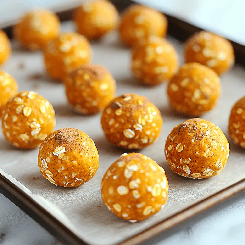 To make No-Bake Pumpkin Spice Protein Balls, gather these simple ingredients: - 1 cup rolled oats - 1/2 cup pumpkin puree - 1/2 cup almond butter (or peanut butter) - 1/4 cup honey (or maple syrup) - 1 scoop vanilla protein powder - 1 teaspoon pumpkin pie spice - 1/2 teaspoon ground cinnamon - 1/4 teaspoon salt - Optional: 1/4 cup mini chocolate chips - Optional: 1/4 cup chopped nuts or seeds Using quality ingredients makes a big difference. Rolled oats provide a hearty base. Pumpkin puree adds flavor and moisture. Almond butter or peanut butter gives a creamy texture. Honey or maple syrup sweetens the mix naturally. The protein powder boosts the energy level. Pumpkin pie spice and cinnamon give warmth and zest. Salt enhances all the flavors. Optional chocolate chips or nuts add fun textures and tastes. When you combine these ingredients, you create a tasty snack. These protein balls are perfect for busy days. They are great before or after workouts. Plus, they satisfy your sweet tooth without guilt. Enjoy making them! In a large bowl, mix 1 cup of rolled oats with 1/2 cup pumpkin puree. Add 1/2 cup almond butter and 1/4 cup honey. Use a spatula to blend. Keep mixing until the mixture is smooth and creamy. This step gives the protein balls a strong base. Now, sprinkle in 1 scoop of vanilla protein powder, 1 teaspoon pumpkin pie spice, 1/2 teaspoon ground cinnamon, and 1/4 teaspoon salt. Stir the mixture well. Make sure everything is combined. This adds flavor and nutrition to your protein balls. If you want some extra fun, fold in 1/4 cup mini chocolate chips or 1/4 cup chopped nuts or seeds. These add texture and a little sweetness. Mix gently so they spread evenly throughout the mixture. Take about 1 tablespoon of the mixture and roll it into a ball. Use your hands to shape it well. Repeat until you form around 15-20 balls. The size is up to you, but this gives a great snack portion. Place the protein balls on a tray lined with parchment paper. Refrigerate them for at least 30 minutes. Chilling helps them firm up, making them easier to eat and hold. After they set, transfer the protein balls to an airtight container. These can stay fresh in the fridge for up to a week. Enjoy them as a quick snack anytime you need a boost! Mixing is key to great protein balls. Start with a large bowl. Add the rolled oats, pumpkin puree, almond butter, and honey. Use a spatula or wooden spoon. Mix well until everything is creamy. Make sure there are no dry oats left. This step is vital for a smooth texture. When adding dry ingredients, like protein powder and spices, sprinkle them evenly. This helps them blend in better. Stir until all the ingredients are combined. If you want to add chocolate chips or nuts, do it gently. This keeps the mix from getting too mushy. To roll the perfect balls, wet your hands slightly. This helps the mixture not stick. Take about one tablespoon of the mix. Roll it between your palms. Keep the balls compact but not too tight. Aim for a size similar to a golf ball. This size is easy to eat and perfect for snacking. If they don’t look round, that’s okay. Just reshape them a bit. It's all part of the fun! To make these protein balls vegan, switch honey for maple syrup. This keeps the sweetness but makes it plant-based. For gluten-free options, ensure your oats are marked gluten-free. Most rolled oats are naturally gluten-free, but it's good to check. You can also change the nut butter. Use sunflower seed butter if you need nut-free options. These simple swaps keep the flavors tasty and your snack diet-friendly. Enjoy these protein balls without worrying about dietary needs! {{image_4}} You can easily change the flavor of your protein balls. Instead of almond butter, use peanut butter for a stronger taste. If you like coconut, try coconut butter. It adds a sweet flavor. You can also use different spices. Swap pumpkin pie spice for chai spice or even vanilla extract for a fresh twist. For those with nut allergies, I have great news! You can make these protein balls nut-free. Just replace almond butter with sunflower seed butter. It tastes delicious and is safe for nut-free diets. Always check labels to ensure your ingredients are nut-free. Add-ins can make your protein balls even better. You might try mixing in seeds, like chia or flaxseeds, for a healthy crunch. Dried fruits like cranberries or raisins can add natural sweetness. You can also use mini chocolate chips for a fun treat. Experiment with different combinations to find your favorite blend! To keep your no-bake pumpkin spice protein balls fresh, use an airtight container. This helps prevent moisture and keeps them tasty. Line the bottom of the container with parchment paper. This makes it easy to remove the balls later. Store them in a single layer if possible. This way, they won’t stick together. These protein balls can last up to one week in the fridge. If you want a quick snack, grab one whenever you feel hungry. Just remember to check for any signs of spoilage. If they look or smell off, it’s best to toss them. If you need to keep them longer, freezing works great. Place the protein balls in a single layer on a tray. Freeze them for about an hour. Once set, transfer them to a freezer-safe bag or container. They can last for up to three months in the freezer. When you're ready to eat, just thaw them in the fridge overnight. Enjoy your tasty snack whenever you want! Yes, you can use quick oats. Quick oats are thinner and cook faster. They will mix well, but the texture may be softer. Rolled oats provide a chewier bite. If you like that texture, stick with rolled oats. To cut down on sugar, reduce the honey or maple syrup. You can replace it with unsweetened applesauce or mashed banana. These options add moisture without too much sweetness. You can also use a sugar substitute like stevia for a lower-calorie choice. These protein balls are great for many occasions. You can serve them at parties, picnics, or as a quick breakfast. They also work well as a post-workout snack. Kids love them too, so they fit well in lunchboxes. Yes, you can. For example, use sweet potato puree or applesauce. Both options give a similar texture and moisture. Each will change the flavor a bit, but they will still taste great. You now know how to make tasty protein balls with simple ingredients. We covered the steps for mixing, forming, and storing them. You also learned tips for perfect balls and ways to make this recipe your own. Remember, you can try different flavors and adjust ingredients for dietary needs. These protein balls are great for snacks or quick meals. Enjoy making them and sharing with friends!