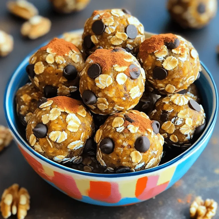 To make Pumpkin Spice Energy Balls, you need these simple ingredients: - 1 cup rolled oats - 1/2 cup almond butter (or peanut butter) - 1/2 cup canned pumpkin puree - 1/3 cup honey or maple syrup - 1/4 cup ground flaxseed - 1 teaspoon pumpkin spice blend (or mix of cinnamon, nutmeg, and ginger) - 1/4 teaspoon salt - 1/4 cup chocolate chips (optional) - 1/4 cup chopped nuts (like walnuts or pecans, optional) These ingredients work together to create a tasty and healthy treat. The oats provide fiber, while the pumpkin adds nutrition and flavor. You can customize your energy balls by adding different ingredients: - Seeds: Try adding chia seeds or sunflower seeds for extra crunch. - Dried fruits: Chopped dates or cranberries can add sweetness. - Protein powder: A scoop can boost the protein content. - Nut butter variations: Use cashew or sunflower seed butter based on your preference. Feel free to mix and match based on what you have at home. Each Pumpkin Spice Energy Ball has a healthy mix of nutrients. They are rich in fiber, protein, and healthy fats. Here’s a quick look at what you get: - Calories: About 100 per ball - Protein: Around 3 grams - Fat: About 5 grams (mostly healthy fats) - Carbohydrates: Roughly 12 grams - Fiber: Around 2 grams These energy balls make a great snack, giving you energy without the sugar crash. Enjoy them as a quick breakfast or a post-workout boost! To start, grab a large mixing bowl. Add 1 cup of rolled oats, 1/2 cup of almond butter, and 1/2 cup of canned pumpkin puree. Use a sturdy spatula or spoon to mix these ingredients. Stir until you have a smooth mixture. This step is key for a good texture. Now, it’s time to add some flavor. Pour in 1/3 cup of honey or maple syrup. Next, add 1/4 cup of ground flaxseed, 1 teaspoon of pumpkin spice blend, and 1/4 teaspoon of salt. Mix well so every bit of the dry ingredients gets moistened. You don't want any dry spots in your mixture. With clean hands, scoop up a little of the mixture. Roll it into a small ball, about 1 inch in size. Keep going until you shape all the mixture into balls. Place them on a baking tray lined with parchment paper. Make sure to leave some space between each ball. Refrigerate them for about 30 minutes. This helps them firm up nicely. Enjoy your tasty and healthy snack! To make the best pumpkin spice energy balls, start with a large mixing bowl. Combine the rolled oats, almond butter, and pumpkin puree first. Use a sturdy spatula or spoon to mix well. Make sure the mixture is smooth and even. If you find it too thick, add a splash of water. This helps combine the ingredients better. Add the sweeteners and spices next. Pour in the honey or maple syrup. Add the ground flaxseed, pumpkin spice blend, and salt. Mix until there are no dry bits left. If you want more flavor, fold in the chocolate chips and chopped nuts. Stir gently to keep them evenly distributed. When it's time to shape the balls, keep your hands clean and dry. Scoop a small amount of the mixture. Aim for about one inch in diameter. Roll the mixture in your hands gently. This helps form a nice round shape. If the mixture is sticky, dampen your hands with a little water. Place each ball on a baking tray lined with parchment paper. Leave space between each ball. This ensures they don’t stick together when they chill. For a beautiful presentation, arrange the energy balls in a vibrant bowl. You can sprinkle a hint of extra pumpkin spice on top. Adding some chopped nuts gives a nice touch, too. These energy balls make a great snack for on-the-go. You can also serve them at gatherings. They are easy to grab and enjoy. {{image_4}} You can easily make these energy balls vegan. Just swap honey for maple syrup. Almond butter works well, but you can use any nut or seed butter. Make sure your chocolate chips are dairy-free, too. If you need a gluten-free option, rolled oats are a safe choice. Ensure they are certified gluten-free. You can also use gluten-free flour if you want to change the texture. Feel free to play with spices! Add a pinch of ginger or a dash of allspice. Want more crunch? Toss in sunflower seeds or pumpkin seeds. Coconut flakes can also add a nice touch. Don't be afraid to experiment! To keep your pumpkin spice energy balls fresh, store them in an airtight container. Place them in the fridge after they chill. They will stay good for about one week. If you want to enjoy them longer, freezing is a great option. To freeze your energy balls, arrange them on a baking sheet first. Make sure they do not touch each other. Freeze them for about two hours until firm. After that, transfer them to a freezer-safe bag or container. They can last up to three months in the freezer. Just thaw them in the fridge before you enjoy them! Check for a few signs to know if your energy balls are still good. If they smell off or look dry, it’s best to toss them. Also, if you see mold or any strange colors, do not eat them. Fresh energy balls should have a pleasant pumpkin spice aroma and a moist texture. Pumpkin Spice Energy Balls are packed with good stuff. They have oats, which give you energy and fiber. Fiber helps with digestion and keeps you full. Pumpkin adds vitamins like A and C. These vitamins help your immune system. The almond butter gives you healthy fats and protein. This combo makes these bites a great snack. Yes, you can! Almond butter is tasty, but you can use peanut butter or cashew butter. Each nut butter gives a different flavor. Choose what you like best. Just make sure the nut butter is smooth for easy mixing. When stored in an airtight container, they last up to a week in the fridge. Make sure to keep them sealed to stay fresh. If you want them longer, try freezing them. They can last for months in the freezer. Yes! Use maple syrup instead of honey. Also, make sure to use a nut butter that is vegan. This way, you can enjoy these tasty treats without any animal products. If you don’t have pumpkin spice, you can mix ground cinnamon, nutmeg, and ginger instead. Use a teaspoon of each spice for a similar flavor. This will keep your energy balls delicious and festive. Absolutely! You can add dried fruit like cranberries or raisins. You can also mix in seeds like chia or sunflower seeds. These add flavor, texture, and extra nutrients to your energy balls. To avoid sticky hands, wet your palms with water or lightly oil them. This will help the mixture roll easily into balls. It also makes clean-up easier after making your snacks. Yes, they are perfect for kids! They are tasty and packed with nutrients. Kids can enjoy these as a snack or a quick breakfast. Plus, they are fun to make together as a family. You learned how to make tasty Pumpkin Spice Energy Balls with easy steps. We covered key ingredients, from sweeteners to spices, and how to customize them. I shared tips for mixing and rolling the balls just right. You also got ideas for vegan and gluten-free options. Plus, you know how to store them for freshness. These energy balls are not just tasty; they fuel your day. Enjoy making and sharing them!