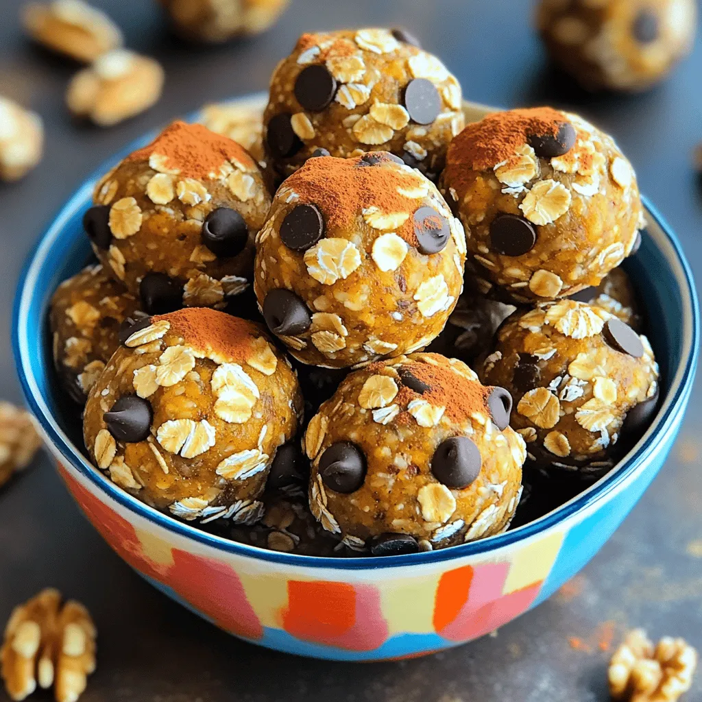 To make Pumpkin Spice Energy Balls, you need these simple ingredients: - 1 cup rolled oats - 1/2 cup almond butter (or peanut butter) - 1/2 cup canned pumpkin puree - 1/3 cup honey or maple syrup - 1/4 cup ground flaxseed - 1 teaspoon pumpkin spice blend (or mix of cinnamon, nutmeg, and ginger) - 1/4 teaspoon salt - 1/4 cup chocolate chips (optional) - 1/4 cup chopped nuts (like walnuts or pecans, optional) These ingredients work together to create a tasty and healthy treat. The oats provide fiber, while the pumpkin adds nutrition and flavor. You can customize your energy balls by adding different ingredients: - Seeds: Try adding chia seeds or sunflower seeds for extra crunch. - Dried fruits: Chopped dates or cranberries can add sweetness. - Protein powder: A scoop can boost the protein content. - Nut butter variations: Use cashew or sunflower seed butter based on your preference. Feel free to mix and match based on what you have at home. Each Pumpkin Spice Energy Ball has a healthy mix of nutrients. They are rich in fiber, protein, and healthy fats. Here’s a quick look at what you get: - Calories: About 100 per ball - Protein: Around 3 grams - Fat: About 5 grams (mostly healthy fats) - Carbohydrates: Roughly 12 grams - Fiber: Around 2 grams These energy balls make a great snack, giving you energy without the sugar crash. Enjoy them as a quick breakfast or a post-workout boost! To start, grab a large mixing bowl. Add 1 cup of rolled oats, 1/2 cup of almond butter, and 1/2 cup of canned pumpkin puree. Use a sturdy spatula or spoon to mix these ingredients. Stir until you have a smooth mixture. This step is key for a good texture. Now, it’s time to add some flavor. Pour in 1/3 cup of honey or maple syrup. Next, add 1/4 cup of ground flaxseed, 1 teaspoon of pumpkin spice blend, and 1/4 teaspoon of salt. Mix well so every bit of the dry ingredients gets moistened. You don't want any dry spots in your mixture. With clean hands, scoop up a little of the mixture. Roll it into a small ball, about 1 inch in size. Keep going until you shape all the mixture into balls. Place them on a baking tray lined with parchment paper. Make sure to leave some space between each ball. Refrigerate them for about 30 minutes. This helps them firm up nicely. Enjoy your tasty and healthy snack! To make the best pumpkin spice energy balls, start with a large mixing bowl. Combine the rolled oats, almond butter, and pumpkin puree first. Use a sturdy spatula or spoon to mix well. Make sure the mixture is smooth and even. If you find it too thick, add a splash of water. This helps combine the ingredients better. Add the sweeteners and spices next. Pour in the honey or maple syrup. Add the ground flaxseed, pumpkin spice blend, and salt. Mix until there are no dry bits left. If you want more flavor, fold in the chocolate chips and chopped nuts. Stir gently to keep them evenly distributed. When it's time to shape the balls, keep your hands clean and dry. Scoop a small amount of the mixture. Aim for about one inch in diameter. Roll the mixture in your hands gently. This helps form a nice round shape. If the mixture is sticky, dampen your hands with a little water. Place each ball on a baking tray lined with parchment paper. Leave space between each ball. This ensures they don’t stick together when they chill. For a beautiful presentation, arrange the energy balls in a vibrant bowl. You can sprinkle a hint of extra pumpkin spice on top. Adding some chopped nuts gives a nice touch, too. These energy balls make a great snack for on-the-go. You can also serve them at gatherings. They are easy to grab and enjoy. {{image_4}} You can easily make these energy balls vegan. Just swap honey for maple syrup. Almond butter works well, but you can use any nut or seed butter. Make sure your chocolate chips are dairy-free, too. If you need a gluten-free option, rolled oats are a safe choice. Ensure they are certified gluten-free. You can also use gluten-free flour if you want to change the texture. Feel free to play with spices! Add a pinch of ginger or a dash of allspice. Want more crunch? Toss in sunflower seeds or pumpkin seeds. Coconut flakes can also add a nice touch. Don't be afraid to experiment! To keep your pumpkin spice energy balls fresh, store them in an airtight container. Place them in the fridge after they chill. They will stay good for about one week. If you want to enjoy them longer, freezing is a great option. To freeze your energy balls, arrange them on a baking sheet first. Make sure they do not touch each other. Freeze them for about two hours until firm. After that, transfer them to a freezer-safe bag or container. They can last up to three months in the freezer. Just thaw them in the fridge before you enjoy them! Check for a few signs to know if your energy balls are still good. If they smell off or look dry, it’s best to toss them. Also, if you see mold or any strange colors, do not eat them. Fresh energy balls should have a pleasant pumpkin spice aroma and a moist texture. Pumpkin Spice Energy Balls are packed with good stuff. They have oats, which give you energy and fiber. Fiber helps with digestion and keeps you full. Pumpkin adds vitamins like A and C. These vitamins help your immune system. The almond butter gives you healthy fats and protein. This combo makes these bites a great snack. Yes, you can! Almond butter is tasty, but you can use peanut butter or cashew butter. Each nut butter gives a different flavor. Choose what you like best. Just make sure the nut butter is smooth for easy mixing. When stored in an airtight container, they last up to a week in the fridge. Make sure to keep them sealed to stay fresh. If you want them longer, try freezing them. They can last for months in the freezer. Yes! Use maple syrup instead of honey. Also, make sure to use a nut butter that is vegan. This way, you can enjoy these tasty treats without any animal products. If you don’t have pumpkin spice, you can mix ground cinnamon, nutmeg, and ginger instead. Use a teaspoon of each spice for a similar flavor. This will keep your energy balls delicious and festive. Absolutely! You can add dried fruit like cranberries or raisins. You can also mix in seeds like chia or sunflower seeds. These add flavor, texture, and extra nutrients to your energy balls. To avoid sticky hands, wet your palms with water or lightly oil them. This will help the mixture roll easily into balls. It also makes clean-up easier after making your snacks. Yes, they are perfect for kids! They are tasty and packed with nutrients. Kids can enjoy these as a snack or a quick breakfast. Plus, they are fun to make together as a family. You learned how to make tasty Pumpkin Spice Energy Balls with easy steps. We covered key ingredients, from sweeteners to spices, and how to customize them. I shared tips for mixing and rolling the balls just right. You also got ideas for vegan and gluten-free options. Plus, you know how to store them for freshness. These energy balls are not just tasty; they fuel your day. Enjoy making and sharing them!