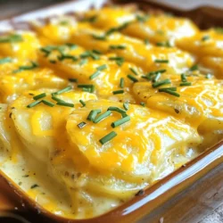- 4 large Russet potatoes, thinly sliced - 1 onion, finely chopped - 2 cups heavy cream - 1 ½ cups shredded sharp cheddar cheese - 1 cup grated Gruyère cheese - 3 cloves garlic, minced - 2 tablespoons unsalted butter (divided) - 1 teaspoon dried thyme - Salt and freshly ground black pepper, to taste - Fresh chives, chopped (for garnish) When making cheesy scalloped potatoes, I love using Russet potatoes. They cook well and have a nice texture. Thinly slicing them helps create soft layers. Use a sharp knife or mandoline for even slices. Next, I chop the onion finely. It adds sweetness and depth. Mince the garlic to ensure it blends well with the cream. I also choose sharp cheddar for its strong flavor, and Gruyère for its meltiness. Heavy cream gives the dish its rich and creamy texture. It makes every bite smooth and decadent. Dried thyme adds that lovely herb taste. Salt and pepper are key for balancing flavors. Finally, I top it all with fresh chives. They add a pop of color and a mild onion taste. Gather all these ingredients to create a delicious and comforting meal. First, preheat your oven to 375°F (190°C). This step ensures your potatoes bake evenly. Next, take a large baking dish and butter it well. Use 1 tablespoon of unsalted butter to coat the bottom and sides. This helps prevent sticking and makes clean-up easier. In a medium saucepan, melt the other tablespoon of butter over medium heat. Add the finely chopped onion and cook it until soft and clear, about 5 minutes. Stir in the minced garlic and cook for 1 more minute. You want it fragrant but not burnt. Then, pour in the heavy cream. Add the dried thyme, salt, and black pepper. Heat this mixture until it simmers, then remove it from the heat. Letting the flavors blend is key. Now, let’s layer the potatoes. Start by spreading half of the thinly sliced potatoes in the buttered dish. Drizzle half of the creamy onion mixture over them. Next, sprinkle half of both the shredded sharp cheddar and grated Gruyère cheeses on top. Repeat this process with the remaining potatoes and cream mixture. Finally, add the rest of the cheese for a rich, gooey top. Cover the baking dish tightly with aluminum foil. This traps steam and helps the potatoes cook. Bake in your preheated oven for 40 minutes. After that, remove the foil and bake for another 20 to 25 minutes. You’ll know it’s done when the top is golden brown and bubbly. Let the dish cool for 10 minutes before serving. This cooling time helps the flavors set and makes it easier to serve. Garnish with chopped chives for a fresh touch. To get that rich, creamy texture, cook the potatoes evenly. Slice them thinly for fast cooking. Use a sharp knife or mandoline for uniform slices. This helps them cook at the same speed. For cheese, I recommend mixing sharp cheddar with Gruyère. Cheddar adds a strong flavor, while Gruyère brings a nutty richness. This combo melts beautifully and creates layers of taste. Herbs and spices can make a big difference. Dried thyme works well, but you can also try rosemary or parsley. These add a fresh touch to your dish. Want to switch it up? Add cooked bacon for a smoky flavor. You can also mix in sautéed mushrooms or spinach to add depth. These twists keep the dish exciting and unique. Serving scalloped potatoes can be fun! You can dish them right from the baking dish for a casual feel. For special occasions, spoon portions onto plates. Garnish with fresh chives for a pop of color. Chives add a mild onion flavor and make the dish look fancy. You can also sprinkle some paprika on top for a nice contrast. {{image_4}} You can enjoy cheesy scalloped potatoes even without dairy. Start by using a plant-based cream. Coconut cream or cashew cream works great as a substitute for heavy cream. For cheese, look for dairy-free cheese. Options like almond or soy cheese melt well and add flavor. Add nutrition and color by mixing in vegetables. Broccoli or spinach adds a nice touch. Chop them finely and layer them with the potatoes. If you want extra flavor, try adding cooked bacon or ham. These meats give a savory taste that pairs well with the cheese. Don’t be afraid to play with spices! Add fresh herbs like rosemary or basil for a fragrant twist. A dash of cayenne or paprika can add heat and depth. These spices will make your dish stand out at any meal. To keep your cheesy scalloped potatoes fresh, cool them completely. Place them in an airtight container. Store in the fridge for up to 3 days. When you're ready to enjoy them, reheat in the oven. Preheat to 350°F (175°C). Cover with foil to keep them moist, then heat for about 20 minutes. This keeps the texture creamy and delicious. If you want to save your cheesy scalloped potatoes for later, freezing is a great option. First, let them cool completely. Then, wrap them tightly in plastic wrap and foil. You can freeze them for up to 2 months. When you’re ready to eat, thaw in the fridge overnight. Reheat in the oven at 350°F (175°C) until hot throughout, about 30 minutes. This way, they stay tasty and satisfying. To make cheesy scalloped potatoes, start by preheating your oven to 375°F (190°C). Butter a large baking dish with one tablespoon of unsalted butter. Next, cook one finely chopped onion in a saucepan with the remaining butter until soft. Add three minced garlic cloves and cook for one more minute. Pour two cups of heavy cream into this mix, adding dried thyme, salt, and pepper. Simmer it gently. Now, layer half of four thinly sliced Russet potatoes in the dish. Pour half of the cream mixture over that, followed by half of the shredded sharp cheddar and grated Gruyère cheeses. Repeat with the remaining potatoes, cream, and cheese. Cover with foil and bake for 40 minutes, then remove the foil and bake for 20-25 minutes until golden brown. Let it cool for ten minutes before serving. Yes, you can use alternatives like cauliflower or turnips for a low-carb version. Simply slice them thinly as you would the potatoes. These options absorb the creamy sauce well. Cauliflower has a mild taste that pairs nicely with cheese. Turnips offer a slightly peppery flavor, adding a unique twist. Both keep the dish creamy and delicious without the carbs from potatoes. Cheesy scalloped potatoes last about three to five days in the fridge. Make sure to store them in an airtight container. Always check for any signs of spoilage before eating. Reheat in the oven or microwave until hot. If you see any change in smell or color, it's best to discard them. You can prepare the dish a day ahead. Assemble it up to the baking step, then cover it with foil and store it in the fridge. When ready to cook, let it sit for 30 minutes at room temperature before baking. This helps the potatoes cook evenly. For reheating, bake it until bubbly and golden, just like the original recipe. Cheesy scalloped potatoes are a delicious dish you can easily make at home. We covered the key ingredients, step-by-step instructions, and storage tips to help you succeed. You can even experiment with variations to make the dish your own. Remember, this recipe is perfect for gatherings or cozy nights in. Enjoy every creamy bite, and don't hesitate to share your tasty results with friends and family!