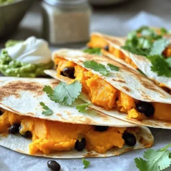 - 2 medium sweet potatoes, peeled and diced - 1 (15 oz) can of black beans, rinsed and drained - 1 teaspoon ground cumin - 1 teaspoon chili powder - 1/2 teaspoon smoked paprika - Salt and freshly ground black pepper to taste - 1 cup shredded cheddar cheese (or a dairy-free alternative) - 4 large flour tortillas - 2 tablespoons olive oil - Fresh cilantro leaves, for garnish - Sour cream or guacamole, for drizzling or dipping To make these savory sweet potato black bean quesadillas, you need a mix of fresh ingredients. Start with sweet potatoes, which add a natural sweetness and creamy texture. Black beans provide protein and fiber, making this dish hearty. Next, you’ll need spices for flavor. Ground cumin, chili powder, and smoked paprika create a warm and robust taste. Don’t forget salt and black pepper to enhance the flavors. For the cheesy goodness, you can use shredded cheddar cheese. If you prefer a dairy-free option, plenty of alternatives are available. Flour tortillas serve as the base. They are soft and easy to fold, holding all the tasty filling. Olive oil is important for cooking the quesadillas. It helps achieve that golden, crispy finish. Finally, fresh cilantro leaves make a great garnish. Sour cream or guacamole adds creaminess and a cool contrast to the dish. Gather these ingredients, and you are ready to create a delicious meal! 1. Boiling Method: Fill a large pot with water and bring it to a boil. Add the diced sweet potatoes carefully. 2. Checking for Doneness: Cook them for about 10-12 minutes. You want them fork-tender. Drain the sweet potatoes and put them back in the pot. 1. Mashing Techniques: Use a fork or a potato masher to mash the sweet potatoes. You want a smooth texture. 2. Adding Spices and Mixing: Stir in the rinsed black beans, ground cumin, chili powder, smoked paprika, and season with salt and black pepper. Mix until all ingredients combine well and are creamy. 1. Heating the Skillet: Heat 1 tablespoon of olive oil in a large skillet over medium heat. 2. Layering Ingredients: Place one tortilla in the skillet. Spread half of the filling on one half of the tortilla. Sprinkle a quarter of the cheese on top, then fold the tortilla over. 1. Cooking Time for Each Side: Cook the quesadilla for about 3-4 minutes on one side. It should turn golden brown and crispy. 2. Ensuring Cheese is Melted: Carefully flip the quesadilla using a spatula. Cook the other side for another 3-4 minutes. The cheese must melt and the quesadilla should turn golden brown. 1. Cutting and Garnishing: Cut each quesadilla into wedges after cooking. 2. Presentation Tips: Arrange the wedges in a fan shape on a plate. Drizzle with sour cream or guacamole. Add fresh cilantro on top for a bright touch. - Heat control: Keep the skillet on medium heat. This helps cook the quesadillas evenly. If the heat is too high, the tortillas can burn before the cheese melts. - Avoiding sogginess: Do not overfill your quesadillas. Use just enough filling to keep them from getting soggy. A little goes a long way! - Dairy-free cheese alternatives: If you want a dairy-free option, try using cashew cheese or almond-based cheese. These melt well and add flavor. - Tortilla options: You can use corn tortillas for a gluten-free choice. They add a nice flavor and texture, too! - Additional spices to try: Add a pinch of cayenne pepper for heat. Or mix in some garlic powder for extra flavor. - Topping ideas: Top your quesadillas with diced avocado, fresh salsa, or a squeeze of lime juice. These add freshness and zest to every bite! {{image_4}} You can make your quesadillas even better by adding veggies. Here are two great options: - Bell peppers: Add diced bell peppers for a sweet crunch. They cook well and blend nicely with the sweet potatoes and beans. - Onions or corn: Chopped onions add a great flavor. Sweet corn gives a nice pop. Both enhance the taste and texture. If you want more protein, consider these ideas: - Adding chicken or tofu: Cooked chicken or grilled tofu can add heartiness. Just chop it up and mix it into the sweet potato filling. - Black bean variations: Try using different types of beans. Pinto or kidney beans can replace black beans for a new twist. Do you like heat? Here are some spicy options: - Adding jalapeños: Diced jalapeños bring a nice kick. You can add them to the filling or on top. - Hot sauce alternatives: Drizzle hot sauce on the finished quesadillas. You can use any sauce you like, from mild to fiery. To keep your quesadillas fresh, store them well. Place the leftovers in an airtight container. They stay good in the fridge for up to three days. For longer storage, freeze them. Wrap each quesadilla in plastic wrap, then place them in a freezer bag. They can last for up to three months in the freezer. When it's time to enjoy your leftover quesadillas, reheating is key. The best method is on the stovetop. Heat a non-stick skillet over medium heat. Place the quesadilla in the skillet for about three minutes on each side. This method keeps them crispy. You can also use the oven. Preheat to 350°F (175°C) and bake for about 10-15 minutes. Check to ensure they are heated through. Reheating this way helps keep the cheese melty and the tortilla crisp. Yes, you can make these quesadillas ahead of time. To prep, cook the filling first. Then, let it cool. You can store it in a sealed container in the fridge for up to three days. When ready to eat, assemble the quesadillas. Just cook them fresh on the stovetop. This keeps them crispy and tasty. These quesadillas pair well with many sides. You can serve them with: - Fresh salsa - Corn salad - Black bean soup - A simple green salad For dips, try: - Sour cream - Guacamole - Greek yogurt with lime These sides add flavor and color to your meal. To make gluten-free quesadillas, use gluten-free tortillas. Many stores sell these options now. Look for brands made with rice or corn flour. They work just as well as regular tortillas. Just check the label to ensure they are certified gluten-free. Yes, you can use sweet potato fries. However, you will need to adjust cooking times. Bake or fry the sweet potato fries first until crispy. Then mix them with black beans and spices. Fill the tortillas with this mixture and cook as usual. This gives you a fun twist on the classic recipe! In this post, we explored how to make delicious Sweet Potato Black Bean Quesadillas. We covered the key ingredients, step-by-step instructions, and helpful tips to ensure success. You learned how to create a tasty filling, assemble your quesadillas, and enhance their flavor. With these skills, you can easily enjoy this dish. Remember to experiment with ingredients and flavors to suit your tastes. Have fun in the kitchen, and enjoy sharing this meal with friends and family!