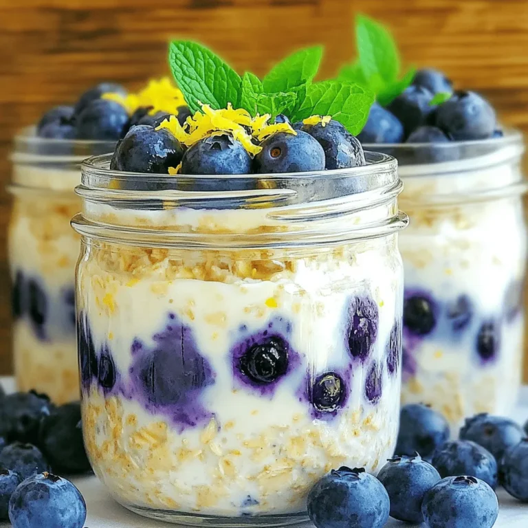 To make these tasty oats, gather these main ingredients: - 1 cup rolled oats - 1 cup almond milk (or your preferred milk) - 1/2 cup Greek yogurt - 1/4 cup softened cream cheese - Zest of 1 lemon - 2 tablespoons honey or maple syrup - 1/2 teaspoon pure vanilla extract - 1 cup fresh blueberries, plus extra for garnish - 2 tablespoons chia seeds - A pinch of salt These ingredients work together to create a creamy, flavorful dish. The oats soak up the milk, while the yogurt and cream cheese add a rich texture. The lemon zest brightens the flavors, and the blueberries provide a burst of sweetness. Feel free to adjust the recipe with these optional ingredients: - Nuts or seeds for crunch - Extra fruit, like strawberries or bananas - A sprinkle of cinnamon for warmth - A dollop of nut butter for richness These additions can enhance your overnight oats. They offer extra flavor, texture, and nutrition. Mix and match to find your favorite combination. You can easily swap ingredients based on your needs: - Use coconut milk instead of almond milk for a creamy taste. - Replace Greek yogurt with dairy-free yogurt for a vegan option. - Substitute honey with agave syrup for a plant-based sweetener. These substitutions keep the oats delicious while catering to different diets. Always choose what works best for you and your taste buds! Making lemon blueberry cheesecake overnight oats is simple and quick. You will need about 10 minutes for prep. The oats will need to chill overnight or for at least four hours. This allows the oats to soak up the milk and flavors. 1. Combine Ingredients: In a medium bowl, mix 1 cup of rolled oats with 1 cup of almond milk. Stir until the oats are fully soaked. 2. Add Dairy: Next, add 1/2 cup of Greek yogurt and 1/4 cup of softened cream cheese. Whisk until smooth. Make sure there are no clumps. 3. Flavor It Up: Add the zest of 1 lemon, 2 tablespoons of honey or maple syrup, 1/2 teaspoon of vanilla extract, and 2 tablespoons of chia seeds. Don't forget a pinch of salt. Mix these well. 4. Fold in Blueberries: Gently fold in 1 cup of fresh blueberries. Set aside a few for later. 5. Jar It Up: Spoon the mixture into two jars or containers. 6. Chill Overnight: Seal the jars and place them in the fridge. Let them sit overnight or for at least 4 hours. 7. Serve: When ready, stir the oats gently. Top with the reserved blueberries and some lemon zest. - Soaking Time: Always let the oats soak long enough. This makes them soft and creamy. - Mix Well: Ensure all ingredients are mixed evenly. This helps the flavors blend. - Texture Preference: If you like thicker oats, use less milk. For creamier oats, add a little more milk. These steps make it easy to create a delicious and zesty breakfast that you will love! You can prepare these oats a day in advance. This saves time in the morning. Store them in airtight jars. Keep them in the fridge for up to three days. This way, your breakfast stays fresh and tasty. If you want to make a big batch, just double the recipe. Each jar will still stay delicious. To boost the taste, add more lemon zest. This adds a bright zing to your oats. You can also mix in some nuts or seeds for crunch. Walnuts or almonds work well here. For creaminess, use full-fat Greek yogurt. This makes every bite feel rich and smooth. Don’t forget to taste your mix! Adjust sweetness with more honey or maple syrup if needed. Serve your oats in clear jars. This shows off the beautiful layers of blueberries and oats. Top with extra blueberries for color. A sprinkle of lemon zest adds a fun touch. For a fresh twist, add a mint leaf on top. This makes your dish look fancy and inviting. Enjoy your healthy breakfast with a smile! {{image_4}} You can change up the fruit in your Lemon Blueberry Cheesecake Overnight Oats. If you prefer strawberries, use fresh or frozen ones. They add sweetness and color. Raspberries are also a great choice, giving a nice tartness. Peaches or mango can bring a tropical twist. Experiment with your favorite fruits for a fun mix. Making this recipe vegan is easy and tasty. Swap Greek yogurt for coconut yogurt. Use a plant-based cream cheese to keep the creamy texture. Almond milk works great, but try oat or soy milk if you like. For sweeteners, maple syrup is a perfect choice. These changes keep the dish vegan and just as delicious. You have many sweetener options for your oats. Honey is great, but maple syrup is vegan-friendly. Agave nectar is another choice if you want a milder taste. For spices, cinnamon adds warmth and flavor. You could also try nutmeg for a unique twist. Mix and match to find your perfect blend! To keep your Lemon Blueberry Cheesecake Overnight Oats fresh, store them in airtight containers. Glass jars work well for this. They let you see the layers. Before sealing, make sure no air is trapped inside. This helps keep your oats from drying out. Place the jars in the fridge as soon as you make them. They will stay fresh for up to five days. Each ingredient in the recipe has its own shelf life. Here’s a quick guide: - Rolled oats: Last up to 2 years if kept dry and cool. - Almond milk: Use within 7-10 days after opening. Unopened, it lasts much longer. - Greek yogurt: Good for about 1-3 weeks after the sell-by date. - Cream cheese: Lasts 1-2 weeks after opening, but check for spoilage. - Fresh blueberries: Eat within 3-7 days for best taste. Always check for signs of spoilage. If something looks or smells off, toss it. You can freeze your overnight oats, but it's best to do this without toppings. Here’s how: 1. Prepare your oats as usual, but leave out the blueberries and any creamy toppings. 2. Spoon the mixture into freezer-safe containers. 3. Seal tightly and label with the date. 4. They can last up to 3 months in the freezer. When you are ready to eat, thaw your oats in the fridge overnight. Add your blueberries and toppings just before serving for the best flavor. This way, you can enjoy this tasty breakfast any time! Yes, you can. Almond milk is great, but you can also use cow's milk, oat milk, or soy milk. Each type gives a unique flavor. Just pick what you like best. Whole milk will make it creamier, while skim milk keeps it lighter. These overnight oats can last up to five days in the fridge. Store them in airtight containers to keep them fresh. Just remember, the longer they sit, the softer the oats and chia seeds become. If you notice any off smell or change in texture, toss them out. Yes, adding protein powder works well. It makes your oats even more filling. Just remember to adjust the liquid if you add protein powder. You may need a bit more milk to keep the right texture. Choose your favorite flavor to enhance the taste, like vanilla or chocolate. Lemon blueberry cheesecake overnight oats are easy and fun to make. You learned about essential ingredients, customization, and substitutions. I shared step-by-step instructions to guide your prep. Tips for storage, flavor, and best practices were also covered. Now, don’t hesitate to try variations for different tastes. Storing and freezing options can help too. Enjoy your delicious, healthy breakfast any day!