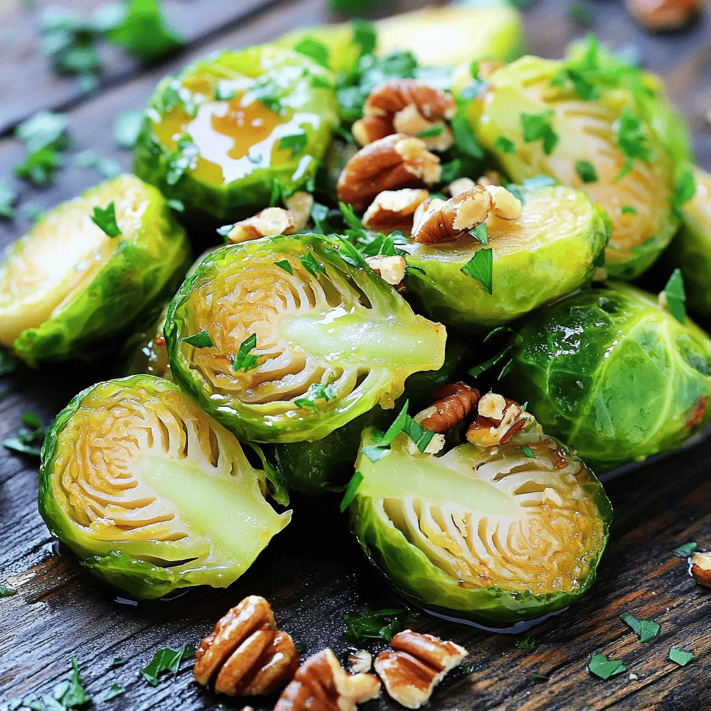 - 1 lb Brussels sprouts, trimmed and halved - 3 tablespoons extra virgin olive oil - 2 tablespoons pure maple syrup - 1 tablespoon Dijon mustard - 1 teaspoon garlic powder - Salt and freshly ground black pepper, to taste - 1 tablespoon balsamic vinegar - 1/4 cup pecans, chopped - 1 tablespoon fresh parsley, finely chopped Gathering the right ingredients is key to making Maple Dijon Roasted Brussels Sprouts. Start with fresh Brussels sprouts. Make sure they are bright green and firm. This ensures a great taste and texture. Extra virgin olive oil gives richness. The pure maple syrup adds sweetness. Dijon mustard brings a tangy kick that balances the dish. Garlic powder enhances the flavor without overpowering. Seasoning is simple. Use salt and pepper to taste. Balsamic vinegar adds depth. You can also add chopped pecans for crunch and fresh parsley for color. These optional ingredients make the dish even better. Choosing the right ingredients makes this dish shine. Good quality items bring out the best flavors. Enjoy this blend of sweet and savory. - Preheat oven to 400°F (200°C). - Line baking sheet with parchment paper. - Combine 3 tablespoons extra virgin olive oil, 2 tablespoons pure maple syrup, 1 tablespoon Dijon mustard, 1 teaspoon garlic powder, 1 tablespoon balsamic vinegar, salt, and pepper in a bowl. - Whisk until smooth. - Toss 1 lb halved Brussels sprouts in the dressing. - Arrange on the baking sheet cut side down. - Roast for 20-25 minutes, stirring halfway. - Add 1/4 cup chopped pecans for the last 5 minutes of roasting. - Adjust seasoning and garnish with 1 tablespoon finely chopped fresh parsley. - Optional: drizzle with extra balsamic vinegar for added flavor. To get even cooking, always cut the Brussels sprouts in half. This helps them cook through and brown nicely. Spread them out on the baking sheet without crowding. If they touch, they may steam instead of roast. Stir them halfway through cooking. This ensures all sides get that lovely brown color. For the best caramelization, place the sprouts cut side down. This helps them get crispy and sweet. Use a hot oven, around 400°F (200°C). This high heat promotes browning. If you notice them browning too fast, lower the heat slightly. You can add fun spices to boost flavor. Try red pepper flakes for heat. Crushed garlic can also give a nice kick. Fresh herbs like thyme or rosemary add depth. Mix and match according to your taste. Customizing the dressing is easy! Add a splash of lemon juice for tang. You could even switch maple syrup for honey if you want a different sweetness. Just remember to keep the Dijon mustard for that tangy flavor. Serving these Brussels sprouts warm makes them shine. Use a nice dish to show off their color. For extra flair, drizzle some balsamic vinegar on top. It adds a rich shine and a pop of flavor. Garnish with fresh parsley just before serving. This brightens the dish and adds a fresh taste. You can also sprinkle some extra chopped nuts on top for crunch. These tips make your dish not just tasty but beautiful too! {{image_4}} You can switch up the taste of your Maple Dijon Roasted Brussels Sprouts in fun ways. One great option is to add heat. Try mixing in red pepper flakes. They add a spicy kick that pairs well with the sweet maple syrup. If you prefer sweetness, swap out the maple syrup for honey. Honey gives a different but tasty twist to the dish. Nuts can change the texture and flavor of your dish. While pecans add a nice crunch, you can use walnuts or almonds instead. Both options offer unique flavors. If someone has nut allergies, you can still enjoy the recipe. Simply leave out the nuts, and the Brussels sprouts will still taste delicious. Seasonal veggies can make this dish even better. In the fall, you might add roasted butternut squash. In the winter, try throwing in some carrots or sweet potatoes. These veggies pair nicely with the maple and Dijon flavors. You can also match this dish with festive flavors. Think about adding cranberries or sage for a holiday twist. This makes it perfect for your holiday table. To keep your Maple Dijon Roasted Brussels Sprouts fresh, place them in a sealed container. Use a glass or plastic container with a tight lid. Store them in the fridge for up to four days. This helps retain their bold flavor and crunch. When you're ready to enjoy leftovers, the oven works best. Preheat it to 350°F (175°C). Spread the Brussels sprouts on a baking sheet. Heat for about 10-15 minutes. This keeps them crispy. You can also use the microwave. Heat them in short bursts, checking often. However, this method may soften them. Yes, you can freeze roasted Brussels sprouts. However, they lose some texture. To freeze, let them cool completely. Place them in a freezer-safe bag or container. Remove as much air as possible. When ready to eat, thaw in the fridge overnight. Reheat as mentioned above for the best results. You can use frozen Brussels sprouts, but they may be less crispy. Frozen sprouts often lose some texture. They can also have a milder flavor than fresh ones. If you choose frozen, roast them a bit longer to help reduce moisture. These roasted sprouts pair well with many dishes. Try them with grilled chicken or pork. They also go great with quinoa or brown rice. For a vegetarian meal, serve with lentils or a hearty salad. To make this dish vegan, swap the honey for maple syrup. Ensure your Dijon mustard is vegan-friendly. Use plant-based oils, like olive oil, which are already vegan. This simple change keeps the flavor while matching your diet. Brussels sprouts are done when they turn a nice golden brown. They should be tender to the fork but still firm. Look for crispy edges for the best flavor. You can taste one to check for doneness, too! In this post, we explored the simple yet tasty recipe for Maple Dijon Roasted Brussels sprouts. We outlined ingredients, step-by-step instructions, and tips for the best results. You can customize flavors, choose different nuts, or add seasonal veggies to suit your taste. Remember to store leftovers properly for the best flavor. With this guide, you can make a delicious dish that impresses everyone. Enjoy your cooking and savor the flavors of this healthy side!