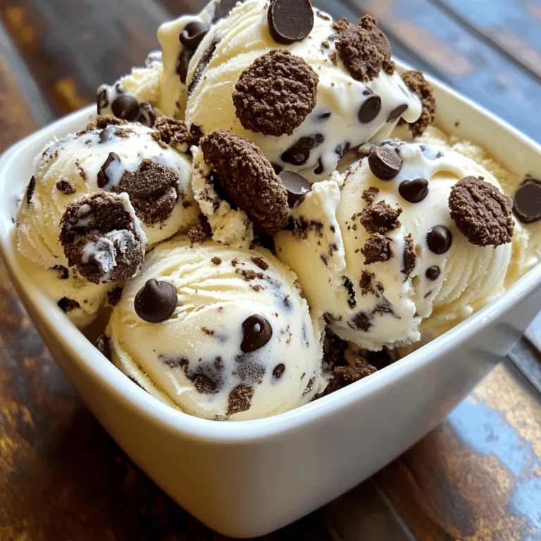- 2 cups heavy cream - 1 cup sweetened condensed milk - 1 teaspoon vanilla extract - 1 ½ cups chocolate sandwich cookies, crushed - ½ cup mini chocolate chips (optional) - Electric mixer - Large mixing bowl - Spatula - Freezer-safe container The first step in creating your no-churn cookies and cream ice cream is gathering the right ingredients. You need heavy cream, sweetened condensed milk, vanilla extract, chocolate sandwich cookies, and mini chocolate chips if you like. Next, make sure you have the right tools. An electric mixer helps whip the cream well. A large mixing bowl holds your ice cream mixture. A spatula makes folding easy. Finally, a freezer-safe container is necessary for freezing the ice cream. Gathering these items will set you up for ice cream success. You’ll enjoy making this treat with simple steps. - Step 1: Whip the heavy cream Start by pouring 2 cups of heavy cream into a large bowl. Use an electric mixer on medium speed. Beat the cream for about 3-4 minutes. Watch closely as soft peaks form. This is key for a light texture. - Step 2: Combine condensed milk and vanilla In another bowl, mix 1 cup of sweetened condensed milk with 1 teaspoon of vanilla extract. Stir gently until everything blends well. A smooth mixture is what you want. - Step 3: Fold whipped cream into the condensed milk mixture Now, take the whipped cream and carefully fold it into the condensed milk mixture. Use a spatula and be gentle. You want to keep the air in the whipped cream for a fluffy ice cream. - Step 4: Incorporate cookie pieces and optional chocolate chips Once combined, add in 1 ½ cups of crushed chocolate sandwich cookies. If you like, toss in ½ cup of mini chocolate chips too. Mix gently until the cookie pieces are evenly spread throughout. - Step 5: Transfer to a container and prepare for freezing Pour this tasty mixture into a freezer-safe container. Spread it out evenly so it freezes well. This step is crucial for the best texture. - Step 6: Freeze until firm Cover the container tightly. Place it in the freezer for at least 6 hours. You want the ice cream to be firm and ready for scooping. To make great no-churn ice cream, soft peaks in whipped cream are key. This means you should stop mixing when the cream forms peaks that gently bend over. If you mix too long, the cream can turn grainy. When you fold the whipped cream into the condensed milk, be gentle. Use a spatula and lift the cream from the bottom to the top. This keeps the air in the cream and makes your ice cream light and fluffy. For a fun presentation, serve your ice cream in chilled bowls. This keeps it cold longer. You can add extra crushed chocolate cookies on top for a nice look and crunch. Try drizzling chocolate syrup or caramel over the ice cream. You can also sprinkle some mini chocolate chips for extra sweetness. These toppings make the treat even more special. If your ice cream is too hard, let it sit out for a few minutes before scooping. This softens it just enough for easy serving. If you notice a grainy texture in your ice cream, it may have been whipped too long. To fix this, try mixing it again with a spatula until smooth. Add a bit of heavy cream and gently fold it in to help restore the silky texture. {{image_4}} You can change the cookies to make this ice cream fun. Using different sandwich cookies adds new flavors. Try using vanilla or mint cookies instead of chocolate. This simple swap gives your ice cream a fresh twist. You can also mix two types of cookies for a unique taste. Adding flavorings can take your ice cream to the next level. A splash of almond or mint extract can brighten the taste. You might also infuse the mix with coffee for a rich depth. Peanut butter is another tasty option. Just mix in a few spoonfuls for a creamy, nutty flavor. Get creative with mix-ins to boost texture and flavor. You can add fruits like strawberries or bananas for a fruity kick. Chopped nuts can provide a lovely crunch. Swirls of fudge or caramel add sweetness and richness. Don't hesitate to experiment and find your perfect blend! For the best results, use a freezer-safe container. Look for ones that seal tightly. This keeps air out and helps your ice cream stay fresh. A shallow container works best. It helps the ice cream freeze evenly. To prevent freezer burn, cover the ice cream with plastic wrap before sealing the lid. This added layer stops ice crystals from forming. Homemade ice cream can last about two weeks in the freezer. After that, it may start to lose flavor and texture. Signs that your ice cream has gone bad include a strange smell or odd texture. If you see ice crystals on top, it’s time to toss it out. Always trust your senses! You can refreeze ice cream, but it’s not ideal. Each time you refreeze, the texture gets worse. The ice cream may become grainy or icy. To maintain the best texture, only scoop what you need. If you must refreeze, do so quickly. Store it in a tightly sealed container to help keep it creamy. Yes, you can whip the cream by hand. Use a large bowl and a whisk. It takes more time, but it's doable. Whisk until you see soft peaks. This can take about 8 to 10 minutes. No, this recipe contains dairy. However, you can make it dairy-free. Use coconut cream instead of heavy cream. You can also use a dairy-free condensed milk. Make sure to check labels for allergens. The ice cream is ready when it is firm to the touch. You should be able to scoop it easily. If it feels hard like a rock, let it sit at room temperature for a few minutes. This helps soften it just a bit for perfect scooping. Making homemade ice cream is fun and easy. You just need simple ingredients and a few tools. We covered everything from whipping cream to freezing tips. With these steps, you can create a tasty treat that suits your taste. Don’t forget to try different mix-ins for variety. Enjoy your treat and share it with friends and family. This ice cream brings joy to every occasion, so get started today!
