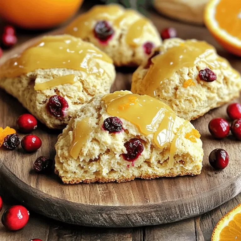 - 2 cups all-purpose flour - 1/3 cup granulated sugar - 1 tablespoon baking powder - 1/2 teaspoon salt - 1/2 cup unsalted butter, cold and cubed - 1/2 cup dried cranberries - Zest of 1 orange - 1/2 cup freshly squeezed orange juice - 1 large egg - 1 teaspoon vanilla extract - 1 cup powdered sugar - 2 tablespoons orange juice For these Orange Glazed Cranberry Scones, I focus on balance and taste. I use dry and wet ingredients to create a rich flavor. With the dry mix, I start by using all-purpose flour. It gives the scones a soft texture. I add granulated sugar for sweetness, baking powder for rise, and salt to enhance flavors. Next, I move to the wet ingredients. Cold, unsalted butter adds richness. I cube it to keep it chilled. Dried cranberries bring a sweet and tart burst. The zest of one fresh orange brightens every bite. I squeeze the juice of that orange for a juicy flavor and use an egg to bind everything. A touch of vanilla adds warmth. For the glaze, I mix powdered sugar with orange juice. This makes a sweet topping that complements the scones. The glaze is easy to adjust. If it’s too thick, I add more juice. If it’s too thin, I add more sugar. These ingredients come together to make a tasty treat that’s hard to resist! - Preheat your oven to 400°F (200°C). This step gets your oven ready for baking. - Line a baking sheet with parchment paper. This prevents the scones from sticking to the pan. - In a large bowl, whisk together 2 cups of all-purpose flour and 1/3 cup of granulated sugar. This helps mix the dry ingredients well. - Add 1 tablespoon of baking powder and 1/2 teaspoon of salt to the bowl. Whisk again until everything is well combined. - Cut 1/2 cup of cold, cubed unsalted butter into the flour mix. Use your fingers or a pastry cutter to mix until it looks like coarse crumbs. - Fold in 1/2 cup of dried cranberries and the zest of 1 orange. Make sure they spread out evenly. - In a separate bowl, whisk together 1/2 cup of freshly squeezed orange juice, 1 large egg, and 1 teaspoon of vanilla extract until smooth. - Gradually pour this wet mixture into the dry mix. Stir with a spatula until just combined. Do not overmix; it's okay if the dough is slightly sticky. - Transfer the dough to a floured surface. Knead it gently just a few times to help it hold shape. - Flatten the dough into a round disc about 1 inch thick. Cut this disc into 8 equal wedges. - Place the wedges on the lined baking sheet, leaving some space between each scone. - Bake in the preheated oven for about 15-18 minutes. They should turn golden brown on top. Once baked, remove them from the oven and let them cool slightly on the sheet. To get the right texture, avoid overmixing your dough. Mix just until the wet and dry ingredients combine. Overmixing makes the scones tough, not tender. Also, ensure your butter is cold. Cold butter creates flaky layers. Cut the butter into the flour until it looks like coarse crumbs. This step is key for a light scone. You can swap some ingredients to boost flavor. Try using brown sugar instead of granulated sugar. This gives a richer taste. Adding spices like cinnamon or nutmeg can also enhance the flavor. Just a pinch can make your scones even more delightful. For a beautiful display, arrange the scones on a nice platter. Make sure they have space between each one. Drizzle extra orange glaze over them for a shiny finish. You can also add garnishes like fresh cranberries or thin orange slices. These small touches make your scones look festive and inviting. {{image_4}} You can easily change the flavor of your scones. Here are a few ideas: - Adding nuts or chocolate chips: Chopped walnuts or pecans give a nice crunch. Chocolate chips add sweetness. Mix in about 1/2 cup of your choice with the cranberries. - Experimenting with different fruits: Try using dried cherries or blueberries instead of cranberries. Fresh seasonal fruits can also work. Just remember to adjust the juice if needed. If you or your friends have dietary needs, here are some swaps: - Gluten-free alternatives: Use a gluten-free flour blend instead of all-purpose flour. Most blends will work well in this recipe. - Vegan substitutions: Replace the egg with a flax egg. Mix 1 tablespoon of ground flaxseed with 2.5 tablespoons of water. For butter, use vegan butter or coconut oil. Scones can change with the seasons: - Using seasonal fruits: In spring, add fresh strawberries; in fall, consider apples or pears. Each fruit brings its own flair. - Holiday-themed variations: For Christmas, add spices like cinnamon or nutmeg. A sprinkle of festive colored sugar on top of the glaze adds holiday cheer. To keep your Orange Glazed Cranberry Scones fresh, store them in an airtight container. This prevents air from drying them out. Place a piece of wax paper between layers to avoid sticking. Keep the container at room temperature for up to two days. If you want to keep them longer, consider the following methods. For long-term storage, freezing is your best option. Allow the scones to cool completely. Then, wrap each scone tightly in plastic wrap. Place the wrapped scones in a freezer bag. This helps to lock in freshness. You can freeze them for up to three months. When you're ready to enjoy, just thaw them at room temperature or reheat them. To refresh your scones, preheat your oven to 350°F (175°C). Place the scones on a baking sheet. Bake for about 5-10 minutes. This restores their warmth and texture. If you want, you can also microwave them for 10-15 seconds. Just be careful not to overheat, as they can become tough. Enjoy your scones warm for the best taste! To make scones fluffy, use cold butter and avoid overmixing. Cut the butter into the flour until it looks like coarse crumbs. This helps create pockets of air. You also want to make sure your baking powder is fresh. This will give your scones the lift they need. Yes, you can use fresh cranberries. However, fresh cranberries are more tart than dried ones. If you use them, add a bit more sugar to balance the tartness. Fresh cranberries will also give a juicy burst in every bite. Serve these scones warm for the best taste. You can drizzle them with extra orange glaze. They pair well with a cup of tea or coffee. For a festive touch, add fresh cranberries or orange slices as garnish. Scones are best eaten fresh. They can last for about 2 days at room temperature. Store them in an airtight container to keep them soft. If you want to keep them longer, freeze them for up to 3 months. Just reheat before serving. In this blog post, we explored how to make delicious Orange Glazed Cranberry Scones. We covered the key ingredients, step-by-step instructions, tips for the best texture, and variations to try. Remember, detailed attention to your ingredients and process can create perfect scones. With practice, you can adapt these recipes to your taste. Enjoy baking these treats and sharing them with others! Cooking should always be fun and rewarding.